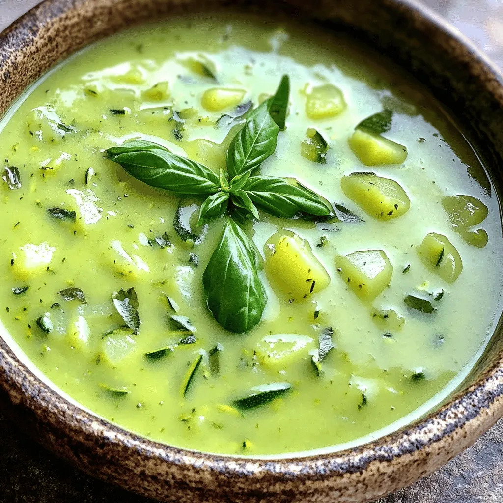 - 4 medium zucchinis, chopped into bite-sized pieces - 1 large onion, finely diced - 2 cloves garlic, minced - 2 medium potatoes, peeled and diced into small cubes - 4 cups vegetable broth (preferably low-sodium) - 1 cup coconut milk (canned) The main players in this soup are zucchini, onion, garlic, and potatoes. Zucchini gives a soft texture and a mild taste. Onion adds sweetness, while garlic brings a lovely aroma. Potatoes make the soup hearty and creamy. I love using vegetable broth for a rich flavor. - 1 teaspoon dried thyme - 1 teaspoon fresh lemon zest (about half a lemon) - Salt and freshly cracked black pepper to taste For seasoning, dried thyme adds a warm, earthy taste. Fresh lemon zest brightens the soup, making it taste fresh. Salt and pepper enhance all the flavors. I recommend tasting as you season to get it just right. - Large pot - Immersion blender (or countertop blender) - Knife and chopping board To make this soup, you will need a large pot to cook everything. An immersion blender helps create a smooth texture right in the pot. If you don’t have one, a countertop blender works too; just be careful with hot soup. A good knife and chopping board are a must for prepping your ingredients. For the full recipe, check out Creamy Zucchini Soup Delight. 1. Start by heating 2 tablespoons of olive oil in a large pot over medium heat. 2. Once the oil is hot, add 1 diced onion. Sauté for about 5 minutes. 3. Stir the onion often until it turns soft and clear. 4. Next, add 2 minced garlic cloves. Cook for 1 more minute. 5. Stir constantly to avoid burning the garlic. You want it just fragrant. 1. Now it’s time to add the good stuff. Stir in 4 chopped zucchinis and 2 diced potatoes. 2. Mix them well with the onion and garlic. 3. Pour in 4 cups of vegetable broth and sprinkle in 1 teaspoon of dried thyme. 4. Bring the mixture to a boil. 5. Once boiling, reduce the heat to low. Let it simmer uncovered for 15-20 minutes. 6. The zucchini and potatoes should be tender enough to poke with a fork. 1. Grab your immersion blender. Carefully blend the soup in the pot. 2. You want a smooth and creamy texture. 3. If you don’t have an immersion blender, transfer the soup in small batches to a countertop blender. 4. After blending, return the soup to the pot if needed. 5. Stir in 1 cup of coconut milk and 1 teaspoon of lemon zest. 6. Season with salt and pepper to your taste. 7. Warm the soup over low heat for a few minutes. Do not let it boil. Now, you have a warm and creamy zucchini soup ready to enjoy! For the complete recipe, check the Full Recipe section. To achieve a creamy consistency, blend the soup well. I use an immersion blender for this. It makes it easy to get a smooth texture right in the pot. If you don't have one, pour the soup into a blender in batches. Just be careful with the hot liquid. If you want a thicker soup, let it simmer a bit longer. This helps the vegetables break down and blend well. If it’s too thick, add more vegetable broth or coconut milk to adjust it. For ideal garnishes, try fresh basil leaves on top. They add a nice touch of color and flavor. A drizzle of coconut milk can also enhance the look. To make it a full meal, pair the soup with crusty bread or a fresh salad. A side of grilled cheese can be a hit too. These options complement the creamy zucchini soup perfectly. One common mistake is overcooking the vegetables. This can lead to a mushy texture. Cook them just until they are tender. Another mistake is not seasoning properly. Always taste the soup before serving. Adjust the salt and pepper to your liking. A little lemon zest adds brightness, so don’t skip it! For the full recipe, check the section above. {{image_4}} For a creamy base, you can swap coconut milk with other options. Almond milk or cashew cream give a nice touch. You can also use dairy milk or plain yogurt for a traditional taste. Want to add protein? Consider adding cooked chicken or beans. They blend well and make the soup heartier. Tofu is a great choice for a vegetarian option too. To boost the soup's taste, think about herbs and spices. Fresh basil, dill, or parsley can elevate your dish. For a kick, try adding red pepper flakes or smoked paprika. You can also play with toppings. A drizzle of olive oil adds richness, while croutons give crunch. A dollop of yogurt or sour cream adds creaminess and tang. Adjust your creamy zucchini soup for each season. In spring, add fresh peas or asparagus for a light touch. In the fall, consider adding roasted squash for a warm flavor. Using fresh vegetables makes a big difference. Farmers' markets often have local produce that enhances your soup’s taste. Try swapping zucchini for seasonal veggies like carrots or sweet potatoes. For the full recipe, check out the [Full Recipe]. To store leftover creamy zucchini soup, let it cool first. Pour it into an airtight container. This soup stays fresh in the fridge for up to 4 days. Remember to label the container with the date. This way, you’ll know when to eat it next! If you want to save the soup for later, freezing is a great option. First, let the soup cool completely. Then, transfer it to freezer-safe bags or containers. Make sure to leave some space for expansion. Creamy zucchini soup can last in the freezer for up to 3 months. When it’s time to eat, thaw it overnight in the fridge. To reheat the soup, you can use either the microwave or stovetop. If using the microwave, heat in short bursts, stirring in between. This helps the soup heat evenly. For stovetop, pour the soup into a pot and warm it over low heat. Stir often to keep it from sticking. This way, the soup stays smooth and tasty. Enjoy your delicious creamy zucchini soup again! To make creamy zucchini soup vegan, swap out the coconut milk for a plant-based cream. You can use almond, soy, or oat milk. Using a non-dairy yogurt can also add creaminess. These choices keep the flavor rich without any dairy. You may want to check the labels to ensure they are unsweetened. Yes, you can make this soup ahead of time. It stores well in the fridge for about three days. Just let it cool completely before you store it. For meal prep, make a big batch and divide it into portions. This way, you have tasty soup ready when you need it. You can also freeze it for up to three months. Creamy zucchini soup pairs well with many side dishes. You might enjoy it with a fresh salad or crusty bread. Grilled cheese sandwiches also make a great match. For something lighter, try a side of roasted veggies. Each option adds a nice touch to your meal. To make more servings, simply double or triple the ingredients. Keep the same ratios of zucchini, potatoes, and broth. If you increase the amount, you may need a larger pot. You can also scale down for fewer servings. Just cut the ingredient amounts in half. Yes, creamy zucchini soup is quite healthy. Zucchini is low in calories and high in vitamins. Potatoes add fiber and help make the soup filling. Coconut milk provides healthy fats. This soup is also rich in nutrients. Each ingredient contributes to a balanced dish. Enjoy knowing you are eating something good for you! In this post, we explored the delicious world of creamy zucchini soup. You learned about the key ingredients, spices, and tools needed to create this dish. We also shared easy steps, tips for perfect texture, and storage info. It's a simple recipe, perfect for any meal. Now, you can enjoy a tasty soup that warms the heart. Try different flavors and variations to make it your own. Your creamy zucchini soup journey is just beginning—have fun with it!