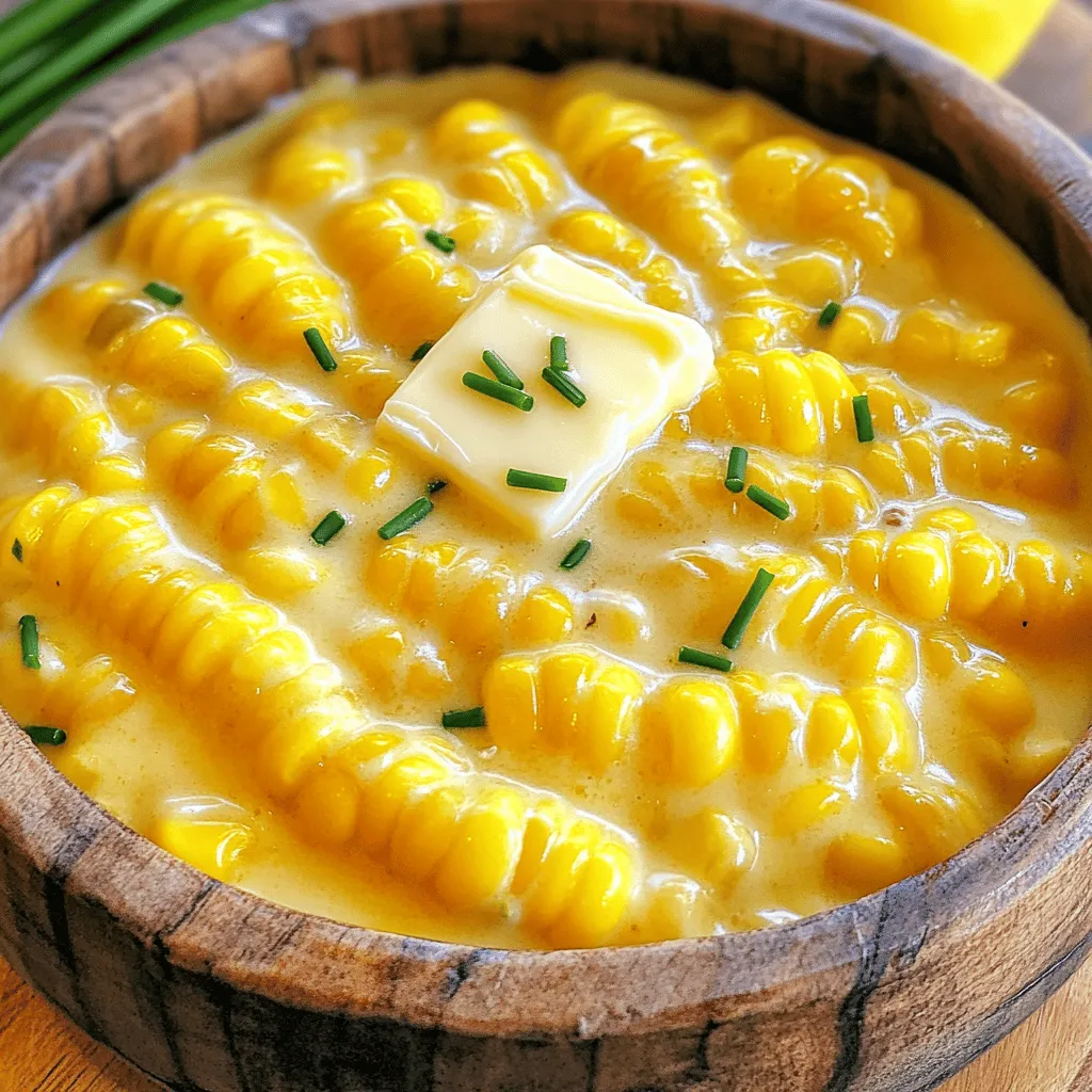 When it comes to making Cowboy Butter Creamed Corn, you need just a few simple ingredients. Each one adds to the rich and creamy flavor. Here’s what you will need: - 4 cups fresh or frozen corn kernels - 1/2 cup unsalted butter - 1/4 cup heavy cream - 1/4 cup cream cheese - 2 tablespoons granulated sugar - 1 teaspoon garlic powder - 1 teaspoon onion powder - 1/2 teaspoon smoked paprika - Salt and black pepper to taste - 2 tablespoons fresh chives for garnish - Optional ingredients: Lemon zest and juice This recipe is a great way to enjoy corn. The butter and cream make it rich and smooth. You can use fresh corn when it's in season or frozen corn for ease. The garlic and onion powders add depth, while smoked paprika gives a nice kick. The sugar balances the flavors perfectly. Using chives as a garnish not only looks good, but also adds a fresh touch. Don’t forget that lemon zest and juice can brighten the dish. You can find the full recipe to see how to put it all together and make this creamy delight. - Step 1: Melt the Butter Start by adding the unsalted butter to a large skillet. Heat it over medium heat. Wait for the butter to melt completely. It should bubble gently for about 2-3 minutes. - Step 2: Combine Corn and Butter After the butter melts, add the corn kernels. Stir gently with a wooden spoon. Make sure all the kernels get coated in that delicious butter. - Step 3: Incorporate Cream and Cream Cheese Now pour in the heavy cream. Add the softened cream cheese next. Stir continuously until the cream cheese melts. You want a smooth and creamy sauce. - Step 4: Season the Mixture Sprinkle in the granulated sugar, garlic powder, onion powder, and smoked paprika. Add a pinch of salt and black pepper too. Stir well to mix all the flavors into the corn. - Step 5: Simmer to Thicken Lower the heat and let the corn simmer for about 5-7 minutes. Stir occasionally. This helps the mixture thicken and become creamy. - Step 6: Add Brightness (Optional) When the corn is cooked, take the skillet off the heat. For a fresh twist, zest a lemon over the corn. Then squeeze some juice in. This adds a bright flavor. - Step 7: Garnish and Serve Just before you serve, sprinkle fresh chives on top. This adds color and extra flavor. For a rustic feel, serve the creamed corn in a wooden bowl. Enjoy your Cowboy Butter Creamed Corn! For the complete recipe, check the Full Recipe section. - Adjusting sweetness with sugar: Start with two tablespoons of sugar. Taste the corn and add more if you want it sweeter. Sugar balances the flavors and enhances the corn's natural sweetness. - Best corn choices: Fresh vs. frozen: Fresh corn gives a crisp and sweet bite. If fresh corn is not available, frozen corn works well. It is picked at peak ripeness and quick-frozen to lock in flavor. - Timing for the best creamy texture: Simmer your corn for about 5-7 minutes. This time allows the flavors to mix well and the cream to thicken. Stir often to avoid sticking and ensure even cooking. - Creative ideas for pairing: Serve this dish with grilled meats, like steak or chicken. It also pairs well with barbecued ribs. For a lighter meal, serve with a fresh salad. - Presentation tips for a rustic look: Use a wooden bowl for serving. Top with extra chives and a small pat of butter. This makes it look inviting and delicious. For more details, check out the Full Recipe. {{image_4}} You can make Cowboy Butter Creamed Corn even more exciting. Here are some fun ideas: - Spicy Cowboy Butter Creamed Corn with jalapeños: Add chopped jalapeños for a spicy kick. This heat pairs well with the creaminess. - Cheesy version with extra cheese options: Stir in some shredded cheddar or mozzarella. Cheese adds a rich flavor and creamy texture. - Herb-infused variations with thyme or rosemary: Fresh herbs like thyme or rosemary can change the flavor. Just a bit adds a nice aroma and taste. Sometimes you may need to swap ingredients. Here are some easy choices: - Dairy-free alternatives like coconut cream: If you're avoiding dairy, use coconut cream instead of cream. It keeps the dish creamy and adds a sweet hint. - Using frozen corn vs. fresh corn: Frozen corn works great if fresh corn is not available. It’s quick and still tasty, just like the full recipe. Feel free to experiment with these variations to find your favorite version of this delightful dish! To keep your cowboy butter creamed corn fresh, follow these steps: - Refrigerating: Place the leftovers in an airtight container. This helps keep the corn creamy. Store it in the fridge for up to 4 days. - Freezing: For long-term storage, use a freezer-safe container. It can last up to 3 months. Make sure to leave some space in the container for expansion. To enjoy your creamed corn again, reheat it carefully: - Microwave: Place the corn in a microwave-safe bowl. Cover it with a damp paper towel. Heat in short bursts, stirring in between. This keeps it from drying out. - Stovetop: Heat in a skillet over low heat. Stir often to prevent sticking. Add a splash of cream if it seems too thick. This helps restore its creamy texture. What is cowboy butter creamed corn? Cowboy butter creamed corn is a rich, creamy side dish. It blends sweet corn with butter, cream, and spices. This dish is perfect for barbecues or family dinners. It offers a comforting taste that everyone loves. Can I make this recipe ahead of time? Yes, you can make this dish ahead. Prepare it and store it in the fridge. Reheat it gently before serving to keep it creamy. How can I make creamed corn spicier? To add spice, mix in diced jalapeños or red pepper flakes. Both options bring heat and flavor to the dish. Adjust the amount to suit your taste. Is it possible to use canned corn for this recipe? Yes, canned corn works well in this recipe. Drain and rinse the corn before using it. This helps reduce sodium and improves the flavor. Can I double the recipe for a larger gathering? Absolutely! Doubling the recipe is easy. Just increase each ingredient and use a larger skillet. Ensure you stir well for even cooking. What are the best corn types to use? Fresh or frozen corn kernels are best for flavor and texture. Fresh corn gives a sweet crunch, while frozen corn is convenient and just as tasty. How do I avoid watery creamed corn? To prevent watery creamed corn, cook it over low heat. Simmer it long enough to thicken. Use less cream if you prefer a thicker texture. What can I use instead of cream cheese? If you need a substitute for cream cheese, try sour cream or Greek yogurt. Both options add creaminess and a slight tang to the dish. In this blog post, I shared a simple recipe for Cowboy Butter Creamed Corn. I broke down the list of ingredients, cooking steps, and offered tips for perfecting the dish. You learned different flavor variations and storage options. Remember, this dish can be fun to make and share. With these tips, you can impress friends and family at your next meal. Enjoy cooking!