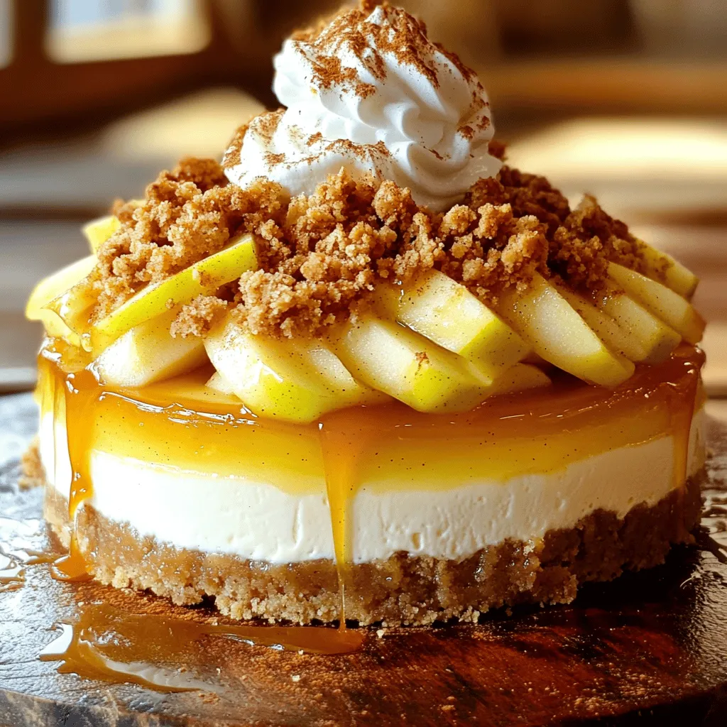 To make the creamy cheesecake layer, gather these items: - 2 cups cream cheese, softened to room temperature - 3/4 cup granulated sugar - 1 teaspoon pure vanilla extract - 3 large eggs, at room temperature - 1 cup sour cream These ingredients blend together to create a rich and smooth base. The cream cheese gives it a soft texture, while the sugar adds sweetness. The eggs help set the cheesecake, and the sour cream gives a nice tang. For the apple filling, you will need: - 3 medium apples (like Granny Smith or Honeycrisp), peeled, cored, and thinly sliced - 2 tablespoons brown sugar - 1 teaspoon ground cinnamon - 1 tablespoon fresh lemon juice The apples bring a sweet and tart flavor. The brown sugar enhances their taste, while the cinnamon adds warmth. Lemon juice brightens the filling and balances the sweetness. To make the crunchy crumble topping, you will need: - 1 cup all-purpose flour - 1/2 cup rolled oats - 1/2 cup brown sugar, packed - 1/2 cup unsalted butter, melted and slightly cooled - 1 teaspoon ground cinnamon - A pinch of salt This mixture creates a delicious crunch on top. The oats add texture, and the butter binds it all together. The cinnamon gives it that cozy flavor, perfect for a dessert that features apples. For the complete preparation steps, check the Full Recipe. To make the crust, first, preheat your oven to 325°F (160°C). In a medium bowl, mix together: - 1 cup all-purpose flour - 1/2 cup rolled oats - 1/2 cup brown sugar, packed - 1/2 cup unsalted butter, melted and slightly cooled - 1 teaspoon ground cinnamon - A pinch of salt Use your hands or a fork to blend this mixture until it looks like coarse crumbs. This crumb will form a tasty base for your cheesecake. Set this aside while you prepare the next parts. Now, it’s time for the cheesecake filling. Grab a large mixing bowl, and beat together: - 2 cups cream cheese, softened to room temperature - 3/4 cup granulated sugar Use an electric mixer on medium speed for about 3 minutes until it's creamy and smooth. Next, add in: - 1 teaspoon pure vanilla extract Mix until combined. Then, add: - 3 large eggs, at room temperature Add them one at a time while mixing on low speed. Finally, fold in: - 1 cup sour cream This part should be smooth and creamy, perfect for your cheesecake. For the apple filling, take a separate large bowl. Add: - 3 medium apples, peeled, cored, and thinly sliced - 2 tablespoons brown sugar - 1 teaspoon ground cinnamon - 1 tablespoon fresh lemon juice Gently toss the apples until they are well coated in sugar and spices. This mixture will bring sweetness and flavor. Grease a 9-inch springform pan with non-stick spray or butter. Start the assembly by pouring half of the cheesecake mixture into the bottom of the pan. Spread it evenly. Next, layer all of the apple filling on top of this cheesecake mixture. Spread it evenly. Then, pour the rest of the cheesecake mixture over the apples, smoothing the top with a spatula. Now, take the crumble mixture that you set aside. Evenly sprinkle it over the top of the cheesecake layer. Make sure it covers the surface well for that nice, crumbly topping. Place your pan in the preheated oven. Bake for 55-65 minutes. The edges should set while the center has a slight jiggle. When it’s done, turn off the oven and crack the door open. Let the cheesecake cool in the oven for an hour. This step helps prevent cracks. After it cools, transfer the cheesecake to the refrigerator. Chill for at least 4 hours, or ideally overnight. This helps the cheesecake set properly. When it’s chilled, carefully release the springform pan. Now, slice the cheesecake into pieces and enjoy! If you want to impress guests, serve each slice on dessert plates. Drizzle with warm caramel sauce and a dollop of whipped cream. A sprinkle of ground cinnamon and a few thin apple slices can make it look even better! For the full recipe, check out the detailed ingredients and steps above. To get a smooth and creamy cheesecake, start with room temperature cream cheese. Cold cream cheese will not blend well. Use an electric mixer and mix on low speed. This helps keep air out, avoiding cracks. Add eggs one at a time. Mix just until combined. Overmixing can cause the cheesecake to puff up and crack. To prevent cracks, bake your cheesecake in a water bath. Place your springform pan into a larger pan filled with hot water. This keeps the heat gentle and even. After baking, turn off the oven but leave the cheesecake inside with the door ajar for an hour. This gradual cooling helps avoid sudden temperature changes, which can lead to cracks. Choose apples with a good balance of sweet and tart for the best flavor. Granny Smith apples add a nice tartness, while Honeycrisp apples bring sweetness and crunch. You can also mix varieties for more depth. This mix gives your apple filling a great taste and texture. {{image_4}} You can switch up the flavor of your cheesecake. Try adding lemon zest for a bright twist. Or, mix in some cocoa powder for a chocolate version. You can also use flavored extracts. Almond or hazelnut extract can give a sweet nutty flavor. These ideas keep your cheesecake fresh and fun. If you need a gluten-free crust, use almond flour or gluten-free oats. Just mix these with melted butter and a touch of sugar. Press this mixture into your springform pan. This crust adds a nice nutty taste. It also holds up well to the cheesecake and apple layers. You can add different fruits based on the season. In summer, try fresh berries like blueberries or raspberries. In fall, pears or peaches work well. These fruits add color and taste. They also keep your cheesecake exciting all year. Check the Full Recipe for more ideas! After you enjoy your delicious apple crumble cheesecake, you may have leftovers. To store it, wrap the cheesecake tightly in plastic wrap. Place it in the fridge. This keeps it fresh for up to five days. If you want to keep it longer, freezing is a great option. You can freeze apple crumble cheesecake for up to three months. First, let it cool completely. Once cool, wrap it well in plastic wrap and then in aluminum foil. This extra layer helps prevent freezer burn. When you’re ready to eat it, just thaw it in the fridge overnight before serving. If you want to reheat your cheesecake, do it gently. Preheat your oven to 250°F (120°C). Place the cheesecake on a baking sheet and heat it for about 15 minutes. This warms it through without drying it out. You can also enjoy it cold, straight from the fridge. Both ways are tasty! For the full recipe, check out the included link. Making Apple Crumble Cheesecake takes about 6 hours in total. This includes 30 minutes of prep time and 55-65 minutes of baking. After baking, you need to chill it for at least 4 hours. I suggest chilling it overnight for the best flavor and texture. Yes, you can make this cheesecake ahead of time. It keeps well in the fridge for up to 5 days. You can also freeze it for up to 3 months. Just make sure to wrap it tightly in plastic wrap and foil. This way, you can enjoy a slice anytime! I love serving Apple Crumble Cheesecake with warm caramel sauce or fresh whipped cream. You could also add a scoop of vanilla ice cream for extra delight. A sprinkle of cinnamon on top makes it look fancy and adds great flavor. Check the edges of the cheesecake. They should be set while the center has a slight jiggle. This means it will firm up as it cools. If the edges start to brown too much, your cheesecake might be overbaked. Keep an eye on it! For the full recipe, visit the full recipe section. In this post, we explored how to make a delicious Apple Crumble Cheesecake. We covered key ingredients like the cheesecake layer and apple filling. I shared step-by-step instructions, plus tips for the best texture and flavors. You can also find ideas for variations and storage tips. Remember, you can experiment with flavors and toppings to make it your own. Enjoy each bite of your homemade cheesecake! It’s worth the effort. Happy baking!