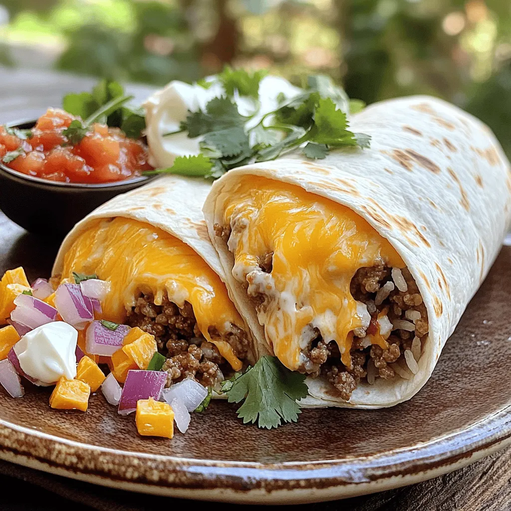 The Beefy Melt Burrito is a tasty, filling meal. It combines beef, cheese, and rice in a soft tortilla. This burrito is made with ground beef, melted cheese, and creamy sour cream. It has a rich flavor and a satisfying texture. The warm tortilla wraps around all the goodness, making it easy to hold. I love how every bite feels like a warm hug. The Beefy Melt Burrito is savory and cheesy. The beef is juicy and tender, while the cheese adds a creamy touch. The rice gives it a nice bite, and the sour cream makes it smooth. The flavors blend well, creating a delicious experience. You can usually find the Beefy Melt Burrito at Taco Bell. The price may vary by location, but it is typically affordable. For a little extra, you can add toppings like guacamole or extra cheese. This makes it a great option for a quick meal or snack. For a homemade version, check out the Full Recipe. To make the Beefy Melt Burrito, you need: - 1 lb ground beef - 1 cup cooked rice - 1 packet taco seasoning - 1 cup shredded cheddar cheese (plus 1/4 cup reserved for topping) - 1/2 cup sour cream - 1/2 cup salsa - 4 large flour tortillas - 1/2 cup diced onion - 1/4 cup chopped fresh cilantro (optional) - 1 tablespoon olive oil - Salt and pepper to taste You can customize your burrito with these options: - Use ground turkey or chicken instead of beef for a leaner option. - Swap the cheddar cheese for pepper jack for a spicy kick. - Add black beans or corn for more texture and flavor. - Use whole wheat tortillas for a healthier twist. - Try Greek yogurt instead of sour cream for a lighter touch. Each burrito contains: - Calories: Approximately 540 - Protein: 28g - Carbohydrates: 57g - Fat: 24g - Fiber: 3g - Sodium: Varies with seasoning Keep in mind that these values can change based on your ingredient choices. For the full recipe, check out the Beefy Melt Burrito Delight . First, gather all your ingredients. You need ground beef, cooked rice, taco seasoning, cheese, sour cream, salsa, tortillas, onion, and olive oil. Heat the olive oil in a large skillet over medium heat. Add the diced onion and cook it for 3-4 minutes. You want it to be soft and see-through. Next, add the ground beef. Cook it for about 6-8 minutes, breaking it apart as it cooks. Once the beef is brown, stir in the taco seasoning. Add a little water as the packet says. Cook for another 5 minutes, stirring until thick. Now, it’s time to make the burritos. In a bowl, mix cooked rice, 3/4 cup of cheese, sour cream, and salsa. Stir well until creamy. Lay out a tortilla flat on a clean surface. Spoon some beef mixture in the center. Then, add the rice mixture on top. Fold the sides of the tortilla in, then roll it tightly from the bottom up. Place the rolled burritos seam side down in a baking dish. Preheat your oven to 350°F (175°C). Sprinkle the last 1/4 cup of cheese on top. Bake for 15 minutes until the cheese is bubbly. To make the best Beefy Melt Burrito, start with good-quality ground beef. This gives great flavor. You can also add spices like garlic powder or cayenne for more kick. When rolling, make sure to keep the filling tight so it won’t fall out. For a fun twist, try adding your favorite veggies or beans into the mix. Serve with extra salsa and sour cream on the side. This makes the meal even better. For the full recipe, check the earlier section. {{image_4}} Start with a good quality ground beef. Use 80/20 lean-to-fat ratio for juiciness. Heat olive oil in a skillet over medium heat. Once the oil is hot, add diced onion. Sauté the onion for three to four minutes. This will add a nice base flavor. Then, add the ground beef. Break it up as it cooks for about six to eight minutes. Cooking it thoroughly gives the best taste. Taco seasoning is key for flavor. Use a packet or make your own. Mix chili powder, cumin, garlic powder, and salt to enhance taste. Add a splash of water to help blend the spices into the beef. This will make the beef moist and flavorful. Don’t skip this step. It adds a punch to your burrito! Feel free to customize your burrito. Add ingredients like black beans or corn for extra texture. Try different cheeses for unique flavors. Pepper jack adds spice, while Monterey Jack keeps it mild. Want more heat? Add jalapeños or hot salsa. Don’t forget to top with fresh cilantro. The brightness enhances the overall taste. Explore flavors and make it your own! You can easily make a vegetarian or vegan Beefy Melt Burrito. Swap the ground beef for lentils or black beans. Both give a nice texture and flavor. Use a vegan cheese option for the cheddar. You can also add sautéed mushrooms for extra umami. This keeps the taste rich without meat. If you like heat, add jalapeños to your burrito. You can use pickled jalapeños for tangy flavor. Another option is to mix in some hot sauce with the beef. This adds a kick that spice lovers will enjoy. You can also sprinkle crushed red pepper on top before baking for more flavor. You can cook your Beefy Melt Burrito in several ways. The air fryer is a great choice for a crispy texture. Set it to 350°F and cook for about 10-12 minutes. If you prefer the stove, heat a skillet over medium heat. Add the burritos seam side down and cook until golden brown. Each method gives a unique taste and feel to the burrito. Check the Full Recipe for more tips on cooking! To make the Beefy Melt Burrito at home, gather your ingredients. You will need ground beef, cooked rice, taco seasoning, shredded cheddar cheese, sour cream, salsa, flour tortillas, diced onion, and olive oil. Start by heating olive oil in a skillet. Add diced onion and cook until soft. Then, add the ground beef and brown it. Mix in taco seasoning with a splash of water and cook for a few more minutes. In a bowl, mix cooked rice, cheese, sour cream, and salsa. Spoon this mixture onto tortillas, roll them up, and bake. For a full recipe, check the [Full Recipe]. Yes, you can freeze leftover burritos. Wrap each burrito tightly in foil or plastic wrap. Place them in a freezer-safe bag or container. They can last up to three months in the freezer. When you want to eat one, just thaw it in the fridge overnight. Then, heat it in the oven or microwave until hot. Some great side dishes for burritos include: - Mexican rice - Refried beans - Corn salad - Guacamole - Chips and salsa These dishes add flavor and color to your meal. Yes, there are some health-conscious options. You can use lean ground beef or ground turkey. Swap out regular cheese for low-fat cheese. Use brown rice instead of white rice for more fiber. Adding more veggies, like bell peppers or spinach, boosts nutrition. You can also skip sour cream or use Greek yogurt as a healthier option. The Taco Bell Beefy Melt Burrito is a tasty delight that you can easily make at home. We covered its description, ingredients, and cooking steps. Plus, I shared tips and variations to enhance your burrito experience. You can enjoy it just how you like! Whether you want to keep it classic or try something new, this burrito can adapt to your taste. Now, it's your turn to try making it. Enjoy the flavors and have fun in the kitchen!
