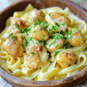 - Chicken breast (1 lb, cut into bite-sized pieces) - Unsalted butter (4 tablespoons, divided) - Garlic (4 cloves, minced) - Dried thyme (1 teaspoon) - Smoked paprika (1 teaspoon) - Salt and freshly ground black pepper to taste - Pasta (8 oz, fettuccine or any preferred shape) - Heavy cream (1 cup) - Freshly grated Parmesan cheese (1 cup) - Chicken broth (1/2 cup) - Fresh parsley (for garnish) Gather these ingredients to create a delightful meal. The chicken breast adds protein and flavor. The unsalted butter and garlic will create a fragrant base. Dried thyme and smoked paprika bring warmth and depth to the dish. Salt and pepper enhance all the flavors. For the pasta, you can choose any shape you love. Fettuccine works well, but penne or spaghetti can also shine. Heavy cream and Parmesan make the pasta creamy and rich. Chicken broth adds a savory touch, while fresh parsley gives a pop of color. You can find the full recipe above. Cooking this dish is a fun way to enjoy a hearty meal that pleases everyone at the table. - Bring salted water to a boil. - Cook pasta according to package instructions. - Reserve pasta cooking water for later use. To start, fill a large pot with water and add a generous amount of salt. This will help flavor the pasta. Once the water boils, add your pasta. I like to use fettuccine, but any shape works. Cook it until it’s al dente, which means it still has a bit of bite. Remember to save about half a cup of that starchy pasta water. It helps make the sauce creamy later. - Heat a skillet and melt butter. - Season and cook chicken until golden brown. - Set the cooked chicken aside. Next, grab a large skillet and heat it over medium-high heat. Melt two tablespoons of butter until it bubbles. Then, add the bite-sized pieces of chicken. Season them with salt, pepper, thyme, and smoked paprika. Cook for about 5-7 minutes until the chicken is nice and golden. It should be fully cooked by this point. Once done, take the chicken out and set it aside on a plate. - Sauté garlic in the remaining butter. - Add chicken broth and scrape the skillet. - Incorporate heavy cream and simmer. In that same skillet, add the other two tablespoons of butter. Once it melts, toss in the minced garlic. Sauté it for about a minute. Stir it often to keep it from burning. When it turns fragrant and golden, pour in the chicken broth. Use a wooden spoon to scrape up those tasty brown bits stuck to the bottom. Let it simmer for about a minute. Next, add the heavy cream. Allow it to simmer for 2-3 minutes until the sauce thickens slightly. You can find the full recipe for Garlic Butter Chicken Bites with Savory Creamy Parmesan Pasta in the earlier sections. To get that right golden color on your chicken, use high heat. This helps create a nice sear. Cook the chicken pieces for about 5 to 7 minutes. Make sure to flip them halfway for even cooking. For seasoning, use salt, pepper, dried thyme, and smoked paprika generously. This mix of flavors makes the chicken tasty. If your sauce is too thick, add a little reserved pasta water. This water helps loosen the sauce while keeping it creamy. For the best flavor, use freshly grated Parmesan cheese. It melts beautifully and enhances the dish. To avoid burnt garlic, keep a close watch while sautéing. Stir it constantly for about one minute until it’s golden and fragrant. For serving, use deep bowls to hold the pasta. Twirl the fettuccine for a lovely look. You can pair this dish with a crisp green salad or garlic bread for a complete meal. For a creative touch, garnish with extra Parmesan and a sprig of fresh parsley. This adds color and freshness to your plate. For the full recipe, you can check the detailed instructions above. {{image_4}} You can easily switch out the chicken for shrimp or tofu if you want. Both options work well with garlic butter sauce. For a dairy-free meal, use coconut cream or almond milk instead of heavy cream. This change keeps the dish rich without dairy. When it comes to pasta, you can choose any type you like. Penne, rigatoni, or even whole wheat pasta are all great choices. Just remember to adjust the cooking time based on the pasta shape. To boost flavors, consider adding vegetables like spinach or sun-dried tomatoes. Spinach adds color and nutrition, while sun-dried tomatoes bring a sweet, tangy taste. You can also sprinkle in some red pepper flakes for a spicy kick. Experimenting with spices can elevate this dish too. Consider adding Italian herbs like oregano or basil. They will blend nicely with the garlic and cream. Additionally, trying different cheeses like Asiago or Pecorino Romano can give a new twist to the sauce. If you’re cooking for a crowd, it’s easy to scale up this recipe. Just double or triple the ingredients as needed. Keep an eye on the cooking times; larger batches may take a bit longer to cook through. For leftovers, this dish is perfect for meal prep. You can store it in the fridge for up to three days. Reheat in the microwave or on the stovetop with a splash of chicken broth to keep it creamy. Adjust the cooking times if you use different proteins or pasta shapes. For example, shrimp cooks faster than chicken, so be sure to check for doneness earlier in the process. For the full recipe, refer to the beginning of this article. To keep your Garlic Butter Chicken Bites with Savory Creamy Parmesan Pasta fresh, use airtight containers. Glass or plastic containers work well. This dish lasts in the fridge for about 3 days. Make sure to let it cool down before sealing it up. You can reheat this dish using a microwave or stovetop. For the microwave, place a portion in a bowl and cover it with a damp paper towel. Heat in short bursts, stirring in between. For the stovetop, add a splash of chicken broth to a pan, then heat gently. This helps keep it moist. Avoid high heat to prevent drying out the dish. To freeze the dish properly, let it cool completely. Then, place portions in freezer-safe bags or containers. Remove as much air as possible. This will help avoid freezer burn. It can be frozen for up to 2 months. To thaw, place it in the fridge overnight. Reheat on the stovetop, adding a bit of chicken broth if needed. Enjoy this creamy dish even after freezing! For the full recipe, check the earlier section. Preparing Garlic Butter Chicken Bites is quick and easy. The total time is 30 minutes. You spend about 15 minutes on prep work. This includes cutting the chicken and measuring the ingredients. Cooking takes another 15 minutes. You can have a delicious meal ready fast! Yes, you can make this recipe ahead of time. Store the chicken and pasta separately. Use an airtight container for both. In the fridge, they last up to three days. For easy reheating, use the microwave or stovetop. Add a splash of water or broth to keep it moist. You can pair Garlic Butter Chicken Bites with many sides. A fresh salad adds a nice crunch. Roasted vegetables also make a great choice. Garlic bread is perfect for dipping in the creamy sauce. For drinks, consider a light white wine or sparkling water. Enjoy your meal! In this post, we covered how to make Garlic Butter Chicken Bites. We went through the key ingredients, step-by-step cooking methods, and tips for perfecting the dish. You learned how to adjust flavors and make variations that suit your taste. My final thought is that this dish is easy and fun to customize. Try different ingredients to make it your own. Enjoy your cooking journey!