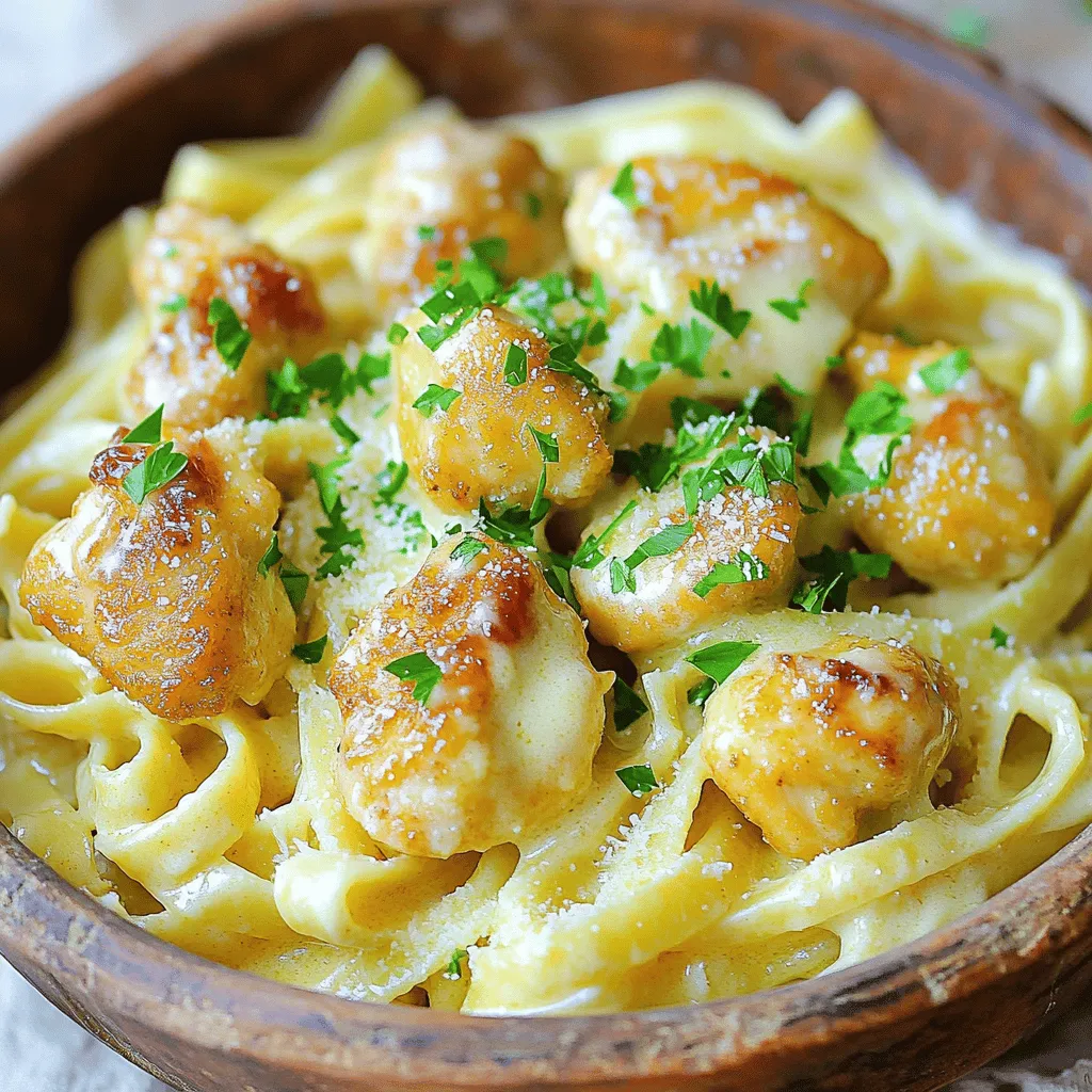 - Chicken breast (1 lb, cut into bite-sized pieces) - Unsalted butter (4 tablespoons, divided) - Garlic (4 cloves, minced) - Dried thyme (1 teaspoon) - Smoked paprika (1 teaspoon) - Salt and freshly ground black pepper to taste - Pasta (8 oz, fettuccine or any preferred shape) - Heavy cream (1 cup) - Freshly grated Parmesan cheese (1 cup) - Chicken broth (1/2 cup) - Fresh parsley (for garnish) Gather these ingredients to create a delightful meal. The chicken breast adds protein and flavor. The unsalted butter and garlic will create a fragrant base. Dried thyme and smoked paprika bring warmth and depth to the dish. Salt and pepper enhance all the flavors. For the pasta, you can choose any shape you love. Fettuccine works well, but penne or spaghetti can also shine. Heavy cream and Parmesan make the pasta creamy and rich. Chicken broth adds a savory touch, while fresh parsley gives a pop of color. You can find the full recipe above. Cooking this dish is a fun way to enjoy a hearty meal that pleases everyone at the table. - Bring salted water to a boil. - Cook pasta according to package instructions. - Reserve pasta cooking water for later use. To start, fill a large pot with water and add a generous amount of salt. This will help flavor the pasta. Once the water boils, add your pasta. I like to use fettuccine, but any shape works. Cook it until it’s al dente, which means it still has a bit of bite. Remember to save about half a cup of that starchy pasta water. It helps make the sauce creamy later. - Heat a skillet and melt butter. - Season and cook chicken until golden brown. - Set the cooked chicken aside. Next, grab a large skillet and heat it over medium-high heat. Melt two tablespoons of butter until it bubbles. Then, add the bite-sized pieces of chicken. Season them with salt, pepper, thyme, and smoked paprika. Cook for about 5-7 minutes until the chicken is nice and golden. It should be fully cooked by this point. Once done, take the chicken out and set it aside on a plate. - Sauté garlic in the remaining butter. - Add chicken broth and scrape the skillet. - Incorporate heavy cream and simmer. In that same skillet, add the other two tablespoons of butter. Once it melts, toss in the minced garlic. Sauté it for about a minute. Stir it often to keep it from burning. When it turns fragrant and golden, pour in the chicken broth. Use a wooden spoon to scrape up those tasty brown bits stuck to the bottom. Let it simmer for about a minute. Next, add the heavy cream. Allow it to simmer for 2-3 minutes until the sauce thickens slightly. You can find the full recipe for Garlic Butter Chicken Bites with Savory Creamy Parmesan Pasta in the earlier sections. To get that right golden color on your chicken, use high heat. This helps create a nice sear. Cook the chicken pieces for about 5 to 7 minutes. Make sure to flip them halfway for even cooking. For seasoning, use salt, pepper, dried thyme, and smoked paprika generously. This mix of flavors makes the chicken tasty. If your sauce is too thick, add a little reserved pasta water. This water helps loosen the sauce while keeping it creamy. For the best flavor, use freshly grated Parmesan cheese. It melts beautifully and enhances the dish. To avoid burnt garlic, keep a close watch while sautéing. Stir it constantly for about one minute until it’s golden and fragrant. For serving, use deep bowls to hold the pasta. Twirl the fettuccine for a lovely look. You can pair this dish with a crisp green salad or garlic bread for a complete meal. For a creative touch, garnish with extra Parmesan and a sprig of fresh parsley. This adds color and freshness to your plate. For the full recipe, you can check the detailed instructions above. {{image_4}} You can easily switch out the chicken for shrimp or tofu if you want. Both options work well with garlic butter sauce. For a dairy-free meal, use coconut cream or almond milk instead of heavy cream. This change keeps the dish rich without dairy. When it comes to pasta, you can choose any type you like. Penne, rigatoni, or even whole wheat pasta are all great choices. Just remember to adjust the cooking time based on the pasta shape. To boost flavors, consider adding vegetables like spinach or sun-dried tomatoes. Spinach adds color and nutrition, while sun-dried tomatoes bring a sweet, tangy taste. You can also sprinkle in some red pepper flakes for a spicy kick. Experimenting with spices can elevate this dish too. Consider adding Italian herbs like oregano or basil. They will blend nicely with the garlic and cream. Additionally, trying different cheeses like Asiago or Pecorino Romano can give a new twist to the sauce. If you’re cooking for a crowd, it’s easy to scale up this recipe. Just double or triple the ingredients as needed. Keep an eye on the cooking times; larger batches may take a bit longer to cook through. For leftovers, this dish is perfect for meal prep. You can store it in the fridge for up to three days. Reheat in the microwave or on the stovetop with a splash of chicken broth to keep it creamy. Adjust the cooking times if you use different proteins or pasta shapes. For example, shrimp cooks faster than chicken, so be sure to check for doneness earlier in the process. For the full recipe, refer to the beginning of this article. To keep your Garlic Butter Chicken Bites with Savory Creamy Parmesan Pasta fresh, use airtight containers. Glass or plastic containers work well. This dish lasts in the fridge for about 3 days. Make sure to let it cool down before sealing it up. You can reheat this dish using a microwave or stovetop. For the microwave, place a portion in a bowl and cover it with a damp paper towel. Heat in short bursts, stirring in between. For the stovetop, add a splash of chicken broth to a pan, then heat gently. This helps keep it moist. Avoid high heat to prevent drying out the dish. To freeze the dish properly, let it cool completely. Then, place portions in freezer-safe bags or containers. Remove as much air as possible. This will help avoid freezer burn. It can be frozen for up to 2 months. To thaw, place it in the fridge overnight. Reheat on the stovetop, adding a bit of chicken broth if needed. Enjoy this creamy dish even after freezing! For the full recipe, check the earlier section. Preparing Garlic Butter Chicken Bites is quick and easy. The total time is 30 minutes. You spend about 15 minutes on prep work. This includes cutting the chicken and measuring the ingredients. Cooking takes another 15 minutes. You can have a delicious meal ready fast! Yes, you can make this recipe ahead of time. Store the chicken and pasta separately. Use an airtight container for both. In the fridge, they last up to three days. For easy reheating, use the microwave or stovetop. Add a splash of water or broth to keep it moist. You can pair Garlic Butter Chicken Bites with many sides. A fresh salad adds a nice crunch. Roasted vegetables also make a great choice. Garlic bread is perfect for dipping in the creamy sauce. For drinks, consider a light white wine or sparkling water. Enjoy your meal! In this post, we covered how to make Garlic Butter Chicken Bites. We went through the key ingredients, step-by-step cooking methods, and tips for perfecting the dish. You learned how to adjust flavors and make variations that suit your taste. My final thought is that this dish is easy and fun to customize. Try different ingredients to make it your own. Enjoy your cooking journey!