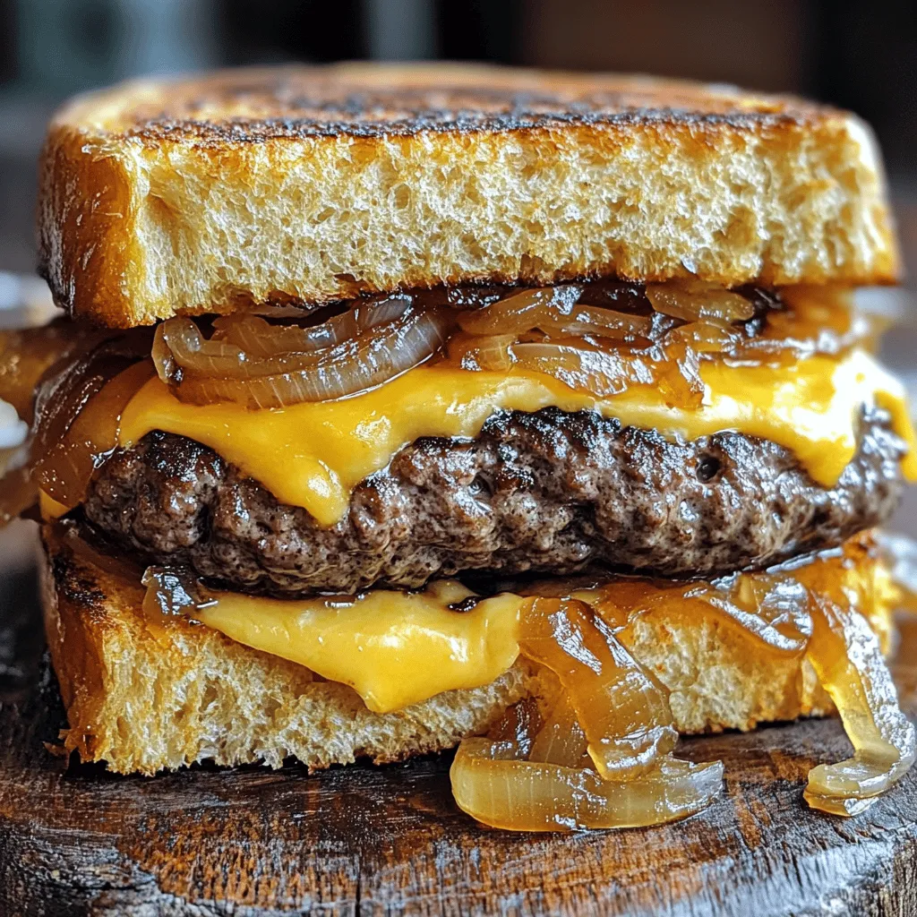 - Ground beef selection: I recommend using an 80/20 blend. This mix gives you a juicy patty with great flavor. The fat adds moisture and keeps the meat tender. - Cheese options: Swiss cheese is perfect for a patty melt. It melts nicely and has a rich taste. Look for varieties like Emmental or Gruyère for a gourmet twist. - Preferred bread types: I love using rye bread. Its hearty texture pairs well with the beef and cheese. You can also try marble rye for a fun look. - Flavor enhancement: A splash of Worcestershire sauce can boost the flavor. It adds a nice umami touch that makes each bite pop. - Seasoning choices: Garlic powder and onion powder are great for seasoning. They add depth and warmth to the meat without overpowering it. - Required kitchen tools: You’ll need a skillet and a spatula. A non-stick skillet works best for easy flipping. - Recommended cooking oils: Use olive oil or butter for cooking. Butter gives a rich flavor, while olive oil helps achieve a nice sear. A mix of both works well too! To make the best patties, start with the ground beef. I use an 80/20 blend for the right mix of meat and fat. In a bowl, combine the ground beef with garlic powder, onion powder, salt, and pepper. Mix gently with your hands. Avoid overworking the meat. This keeps the patties tender and juicy. Once mixed, divide the beef into two equal parts. Shape each part into a round patty, about ¾ inch thick. Make a small indentation in the center of each patty. This helps them cook evenly. For the onions, slice them thinly. Warm a skillet over medium heat and add olive oil. Once the oil is hot, add the sliced onions. Stir occasionally and cook for about 8-10 minutes. Watch for a golden brown color. This shows they are perfectly caramelized. If they start to burn, lower the heat. Next, it’s time to cook the patties. In a separate skillet, add butter and let it melt over medium heat. Once the butter is hot, add the patties. Cook them for about 4-5 minutes on each side. This gives a nice sear. For the best doneness, check the center with a meat thermometer. Aim for 160°F for medium. Now, let’s layer the ingredients. Place a slice of Swiss cheese on each patty near the end of cooking. Cover the skillet for 1 minute. This helps the cheese melt nicely. In the onion skillet, add the rest of the butter. Place two slices of rye bread in the skillet. On each slice, add a patty with melted cheese and some caramelized onions. Top with the remaining bread slices. Grill each sandwich for 3-4 minutes per side. This gives a golden brown and crispy texture. Once done, remove from the skillet. Slice them in half and serve hot. Enjoy the rich flavors in every bite of this ultimate patty melt! For the full recipe, click here. You can cook your patty melt using a skillet or a grill. Skillets give you great control over heat. You can easily flip the patties and watch the cheese melt. On the other hand, a grill adds a nice smoky flavor. It can also cook more sandwiches at once. If you have the space, try both methods to see which you prefer! For melting cheese, you can cover the skillet with a lid. This traps heat and helps the cheese melt faster. If you grill, place a piece of foil over the cheese. This keeps the heat in while allowing the bread to toast perfectly. Choosing the right beef cut is key. I recommend an 80/20 blend of ground beef. This mix has enough fat to keep the patties juicy and flavorful. If you want a richer taste, try using chuck or brisket. These cuts can elevate your patty melt to the next level. For bread, rye is the classic choice. Look for a hearty, marbled rye for extra flavor. It holds up well and toasts beautifully. If you want something different, try pumpernickel or sourdough. They can add a fun twist to your sandwich. When serving your patty melt, think about sides that go well with it. Classic options include crispy fries or a fresh salad. You can also serve it with pickles for a nice crunch. For presentation, cut your sandwiches in half. This shows off the gooey cheese and juicy patty. Arrange them on a plate with a side of fries and a pickle. This makes for a mouth-watering look that will impress your guests. If you want to take it up a notch, drizzle some homemade sauce on the plate. It adds color and makes your meal even more inviting. {{image_4}} You can add fun toppings to your patty melt. Try crispy bacon for a savory crunch. If you want some heat, add jalapeños for a spicy kick. Cheese selection also opens up exciting options. While Swiss cheese is classic, consider using cheddar for a sharper taste. Provolone melts well and adds a creamy texture. For those needing gluten-free options, you can swap rye bread for gluten-free slices. Many brands now offer great-tasting gluten-free bread that works well for patty melts. If you want a vegetarian patty melt, use a veggie burger or a black bean patty instead of beef. You can still enjoy all the flavors with cheese and toppings. Many American diners have their unique takes on the patty melt. Some serve it with a side of pickles or coleslaw. Others might add special sauces for extra flavor. International adaptations are also fun. In France, some chefs create a "Croque Monsieur" style patty melt. They use ham and Gruyère cheese instead of beef and Swiss. These variations let you explore new flavors while enjoying the classic patty melt. For the full recipe, check out the Ultimate Patty Melt Delight. Store leftover patty melts in the fridge. Place them in an airtight container. This helps keep them fresh and safe to eat. You can use glass or plastic containers. Make sure to cool them down before sealing. They will last for about three days. To reheat your patty melts, the oven works best. Preheat it to 350°F (175°C). Place the sandwiches on a baking sheet. Cover them with foil to keep them from drying out. Heat for about 10-15 minutes. The cheese will melt, and the bread will stay crisp. If you’re in a hurry, use the microwave. Put the patty melt on a microwave-safe plate. Heat for about 30 seconds to 1 minute. Keep an eye on it to avoid sogginess. For better texture, you can toast the bread in a skillet after microwaving. To freeze patty melts, wrap each one tightly in plastic wrap. Make sure no air gets in. Then place the wrapped melts in a freezer bag. They can last for about 2-3 months in the freezer. When you're ready to eat, thaw them in the fridge overnight. To reheat frozen melts, use the oven method. Preheat to 350°F (175°C) and bake for 20-25 minutes. This keeps the flavors fresh and the texture nice. Enjoy your patty melts any time with these simple steps! I recommend using an 80/20 ground beef blend. This blend has enough fat to keep the patties juicy. The fat adds flavor and moisture, which is essential for a great patty melt. If you want a richer taste, try a blend with a bit more fat. Yes, you can prepare the patties and onions in advance. Shape the patties and store them in the fridge. You can also caramelize the onions ahead of time. When you're ready to eat, just reheat the patties and onions in a skillet. This saves time and makes the meal easy to enjoy. The best way to check is by using a meat thermometer. The safe internal temperature for beef is 160°F. If you don’t have a thermometer, you can cut into a patty. The meat should be brown inside with no pink. The trick to great melted cheese is low heat and patience. Cover the skillet after adding cheese to the patties. This traps heat and helps the cheese melt evenly. Swiss cheese is perfect because it melts well. For extra flavor, use a mix of cheeses. In this post, we covered the key ingredients, from choosing ground beef and cheese to selecting bread. You learned how to prepare delicious patties, caramelize onions, and assemble a perfect patty melt. We also explored tips for cooking variations, serving suggestions, and ingenious adaptations to fit different diets. Remember, great cooking comes down to quality ingredients and care. With this guide, you can craft your own flavor-packed patty melts that friends and family will love. Enjoy your cooking adventure and have fun experimenting!