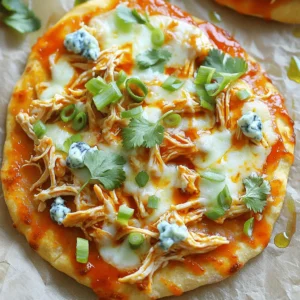 Here’s what you need to make the Easy Buffalo Chicken Flatbread. Each item adds its own flavor, making this dish a delight. - Flatbreads (store-bought or homemade) - Cooked shredded chicken - Buffalo sauce (spice level adjustment) - Shredded mozzarella cheese - Crumbled blue cheese - Sliced green onions - Olive oil - Salt and black pepper - Fresh cilantro (optional) Using fresh ingredients helps create a great taste. For the chicken, I love using rotisserie for its ease. Adjust the buffalo sauce based on your spice preference. Want more heat? Use a hotter sauce! Mixing different cheeses can also change the flavor. Mozzarella gives a creamy melt, while blue cheese adds tang. You can swap the flatbread for pita or naan if you like. The toppings can be changed, too. If you want a different taste, try adding jalapeños or using cauliflower instead of chicken for a veggie option. Feel free to get creative! Each ingredient helps make a satisfying meal. You can find the Full Recipe for more details on how to prepare it. - Preheat oven to 400°F (200°C). - In a bowl, mix cooked chicken with buffalo sauce. Start by heating your oven. This helps the flatbreads cook evenly and get crispy. While the oven warms up, take your shredded chicken. Pour in the buffalo sauce and stir well. Make sure every piece of chicken is coated. This adds bold flavor to your dish. - Prepare baking sheet and flatbreads. - Distribute buffalo chicken mixture. Grab a baking sheet and line it with parchment paper. This step keeps the flatbreads from sticking. Place your flatbreads on the sheet. Now, take the buffalo chicken mix and spread it evenly over each flatbread. Every bite should have delicious chicken. - Top flatbreads with mozzarella and blue cheese. - Season and bake for 10-12 minutes. Sprinkle shredded mozzarella cheese over the chicken. Add crumbled blue cheese on top for a tangy kick. If you like, season with salt and pepper. Now, slide the baking sheet into your preheated oven. Bake for 10-12 minutes. You want the cheese to melt and the edges to turn golden brown. Finally, remove the flatbreads from the oven and let them cool for a minute. Then slice them into wedges and enjoy! For a complete meal, serve with celery sticks and ranch or extra buffalo sauce. Check out the Full Recipe for more details! Preheating the oven is key. Set your oven to 400°F (200°C) before you start. This helps the flatbreads crisp up nicely. If you skip this step, the flatbreads may turn out soggy. To achieve the perfect crispness, brush each flatbread lightly with olive oil. This not only adds flavor but also creates a golden finish. Bake them until the cheese is bubbly and the edges are golden brown. You can substitute chicken for other proteins. Try using shredded turkey or even cooked shrimp for a twist. If you want a vegetarian option, use sautéed mushrooms or chickpeas. These changes keep the dish fun and fresh. Adjusting cheese types can also change the flavor. Use sharp cheddar for a different taste, or try pepper jack for some heat. Mixing cheeses can create a unique flavor profile. Pair your flatbreads with celery sticks and ranch dressing. This adds crunch and balances the spice of the buffalo sauce. A side of carrot sticks can also add some sweetness. For presentation, slice the flatbreads into wedges and arrange them on a platter. Sprinkle fresh cilantro on top for color. This simple touch makes your dish look gourmet. Enjoy your Easy Buffalo Chicken Flatbread! Check out the Full Recipe for more details. {{image_4}} To kick up the heat, I love adding jalapeños. They give a fresh crunch and a spicy punch. You can also add a splash of hot sauce. This addition makes every bite exciting. If you want more heat, consider using spicy buffalo sauce brands. Many offer a range of flavors to match your taste. Not a fan of chicken? No problem! You can substitute chicken with roasted cauliflower. It absorbs flavors well and adds nice texture. For cheese lovers, try using plant-based or dairy-free cheeses. They melt nicely and still provide that cheesy goodness without the dairy. Flatbread is great, but you can switch it up. Pita bread or naan works well as a base. They add different textures and flavors. If you need gluten-free options, many brands offer gluten-free flatbreads. They allow everyone to enjoy this tasty dish without worry. For the full recipe, check out the Zesty Buffalo Chicken Flatbread Delight. To keep your Buffalo Chicken Flatbread fresh, follow these steps: - Refrigeration: Allow the flatbreads to cool down. Place them in an airtight container. They will stay good in the fridge for about 3 days. - Freezing: For longer storage, wrap each flatbread in plastic wrap. Then, place them in a freezer-safe bag. They can last up to 2 months in the freezer. When you're ready to enjoy the leftovers, you have a couple of options: - Oven Method: Preheat your oven to 375°F (190°C). Place the flatbread on a baking sheet. Heat for about 10 minutes. This method keeps it crispy. - Microwave Method: Place the flatbread on a microwave-safe plate. Heat in 30-second intervals until warm. Note that this may make the flatbread soft, not crispy. To restore crispness, you can briefly pop it in the oven after microwaving. Knowing how long leftovers last is key to safe eating: - Refrigerated: Leftovers will last up to 3 days. - Frozen: If stored well, they can last up to 2 months. Watch for signs of spoilage, such as off smells or mold. If you see any of these, it’s best to discard the flatbread. Yes, you can! I often prepare the chicken and sauce ahead. Here are some tips: - Shred the Chicken: Cook your chicken in advance. Then, shred it and mix it with buffalo sauce. - Store Separately: Keep the chicken mix and flatbreads in different containers. This keeps the bread from getting soggy. - Refrigerate: You can store them in the fridge for up to two days. - Assemble Before Baking: When you’re ready, assemble the flatbreads and bake them fresh. If you want a different flavor, try these sauces: - Barbecue Sauce: It adds a sweet and smoky taste. - Teriyaki Sauce: It gives a nice, sweet, and savory twist. - Sriracha: For a spicy kick, use Sriracha mixed with a little honey. - Ranch Dressing: You can use ranch as a base sauce for a milder flavor. Absolutely! This recipe works great for meal prep. Here’s how to do it: - Portioning: Cut the flatbreads into smaller pieces for easy portions. - Storage: Keep them in airtight containers. This helps keep them fresh. - Reheating: I recommend baking them again to get the crispness back. Just warm them in the oven for a few minutes. - Fresh Toppings: Add fresh green onions and cilantro right before serving for the best flavor. For the full recipe, check out the delicious details! This blog post explored easy steps to make buffalo chicken flatbreads. We discussed essential ingredients, from flatbreads to cheeses, and detailed the baking process. I shared tips for perfect crispness and variations for different diets. Remember, your flatbread can shine with various proteins and toppings. Store your leftovers correctly to enjoy later. Whether spicy or veggie, these flatbreads are fun to make and share. Enjoy creating your delicious version of this dish!