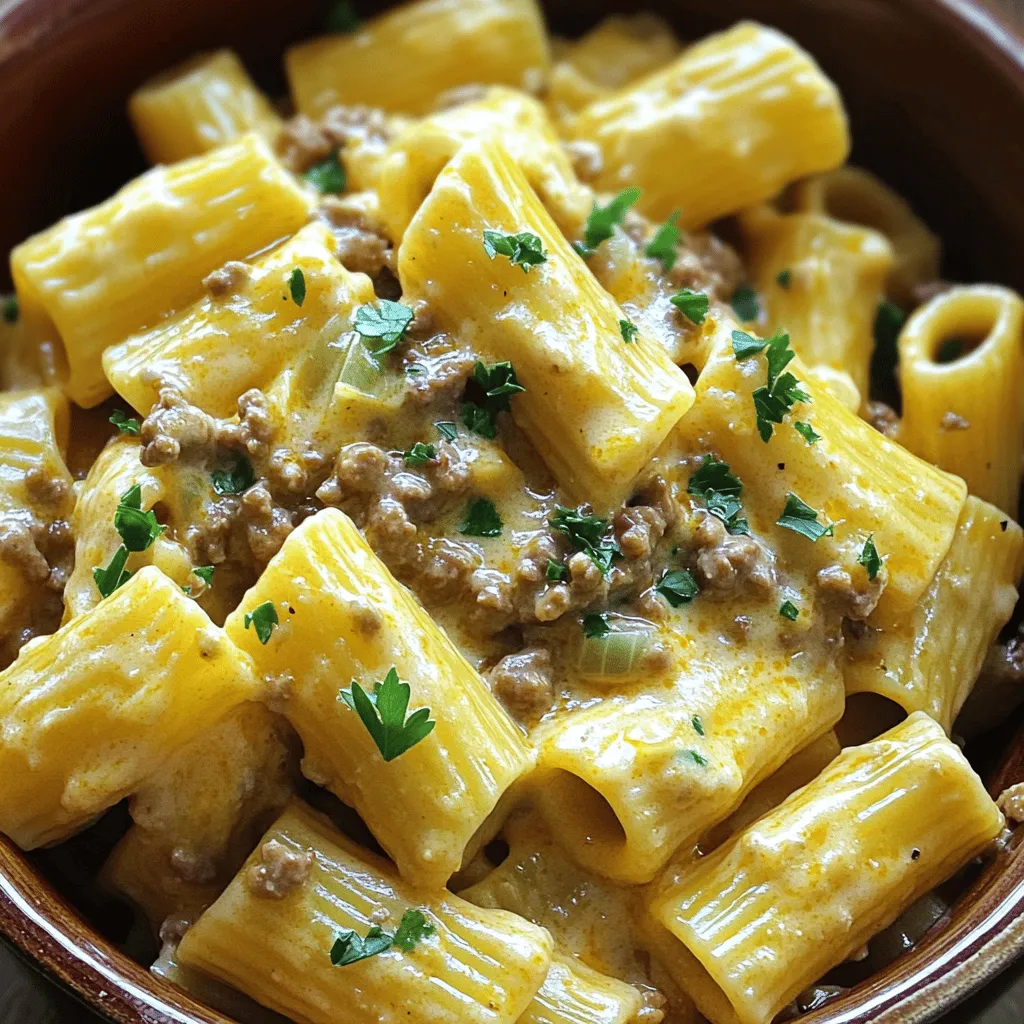 - 12 oz rigatoni pasta - 1 lb ground beef - 1 cup heavy cream Rigatoni pasta is perfect for this dish. Its shape holds the sauce well. You can find it at any grocery store. Ground beef adds a rich flavor. I prefer using a lean blend for less grease. Heavy cream makes the sauce creamy and smooth. It gives the dish its rich taste. - 1 teaspoon Italian seasoning - ½ teaspoon red pepper flakes (optional) - Fresh parsley, chopped (for garnish) Italian seasoning brings warmth and depth. It combines herbs that enhance the beef and cream. Red pepper flakes add a kick if you like it spicy. Fresh parsley adds color and freshness as a topping. I always use it to brighten the dish. - Large pot for boiling pasta - Skillet for cooking the beef and sauce - Colander for draining pasta A large pot is essential for boiling the rigatoni. It should be big enough for the pasta to move freely. A skillet is needed for browning the beef and making the sauce. It should have a wide base for even cooking. A colander helps drain the pasta quickly. You want it to be ready for the sauce right away. For the complete recipe, check out [Full Recipe]. 1. Start with a large pot of water. Bring it to a boil over high heat. 2. Once boiling, add 12 oz of rigatoni pasta. Cook for 8-10 minutes. 3. You want the pasta to be al dente. This means it should be firm but cooked. 4. After cooking, drain the pasta in a colander. Set it aside so it doesn’t stick. 1. Grab a large skillet and pour in 2 tablespoons of olive oil. Heat it over medium heat. 2. Once hot, add 1 lb of ground beef. Use a spatula to break it apart. 3. Cook the beef for about 5-7 minutes until it turns brown. 4. If there's extra fat in the skillet, carefully drain it. This helps keep the sauce rich. 1. With the beef browned, add 1 medium chopped onion and 3 cloves of minced garlic. 2. Sauté these for 3-4 minutes. The onion should look clear, and the garlic should smell great. 3. Lower the heat and pour in 1 cup of heavy cream. Sprinkle in 1 cup of grated Parmesan cheese. 4. Add 1 teaspoon of Italian seasoning and, if you like, ½ teaspoon of red pepper flakes. 5. Stir the mixture until the cheese melts. Taste it and add salt and pepper as needed. Now you can follow the Full Recipe to see how to combine everything for a delicious dish! To boost flavor in your Creamy Parmesan Beef Rigatoni, try these seasonings: - Italian seasoning: This mix adds depth. It has herbs like oregano and basil. - Red pepper flakes: Use these for a spicy kick. Start with a pinch and adjust to taste. You can also adjust the creaminess levels. If you want it richer, add more heavy cream. For a lighter dish, reduce the cream and add a splash of broth. Cooking your pasta al dente is key. This means it should be firm but not hard. Overcooked pasta can turn mushy in the sauce. When cooking beef, break it into small pieces. This ensures even cooking. Stir often to avoid burning. If your beef releases too much fat, drain it. Too much fat can make the dish greasy. For serving styles, use individual bowls. This makes each portion feel special. You can top each bowl with extra Parmesan for a cheesy finish. Garnishing with fresh parsley adds color. It also brightens the dish. Consider a light drizzle of olive oil for a glossy look. For the full recipe, check the details above. {{image_4}} You can switch up the meat in Creamy Parmesan Beef Rigatoni. Ground turkey or chicken works well. These options are leaner but still tasty. They soak up the creamy sauce just like beef. If you want a vegetarian dish, try using mushrooms. Chopped mushrooms give a nice, hearty texture. They also add a rich flavor that complements the dish. Not a fan of rigatoni? No problem! You can use other pasta shapes. Penne, fusilli, or shells are great alternatives. Each shape holds the sauce well. If you need a gluten-free option, use gluten-free pasta. Many brands offer great alternatives that taste good and cook well. To boost the flavor, add vegetables like spinach or bell peppers. These veggies cook quickly and add color. They also provide extra nutrients. If you love cheese, try different types like mozzarella or gouda. Mixing cheeses can create a unique taste. Feel free to experiment! The Full Recipe gives you a solid base, but the fun part is making it your own. To keep your Creamy Parmesan Beef Rigatoni fresh, use airtight containers. Glass or plastic containers work well. Let the dish cool before sealing. In the fridge, it will stay good for 3 to 4 days. When it’s time to enjoy leftovers, you can reheat in two ways. The microwave is quick. Place the pasta in a microwave-safe bowl and cover it. Heat in short bursts, stirring in between. You can also use the stove. Add a splash of cream or milk to a skillet. This helps keep the sauce creamy. Reheat over low heat, stirring often until warm. Yes, you can freeze Creamy Parmesan Beef Rigatoni. First, let it cool completely. Then, place it in a freezer-safe container. Make sure to leave some space for expansion. It will last for about 2 to 3 months in the freezer. To thaw, move it to the fridge overnight. For reheating, follow the steps above to keep that creamy goodness intact. To make Creamy Parmesan Beef Rigatoni, follow these simple steps: 1. Cook the Pasta: Boil salted water and cook the rigatoni until al dente. Drain it. 2. Brown the Beef: Heat olive oil in a skillet. Add ground beef and cook until browned. 3. Sauté Vegetables: Add chopped onion and minced garlic to the beef. Cook until soft. 4. Make the Sauce: Lower heat, add heavy cream and Parmesan cheese. Stir until smooth. 5. Combine: Toss the cooked rigatoni in the creamy sauce until well coated. 6. Serve: Plate the dish and garnish with parsley. This process creates a warm, comforting meal you’ll love. Yes, you can make this recipe ahead of time. Here are some tips: - Cook the Pasta and Beef: Prepare the pasta and beef as directed. Let them cool. - Store Separately: Keep the pasta and sauce in separate containers. This helps prevent sogginess. - Reheat Later: When ready to eat, combine the two and warm them gently on the stove. This method saves time on busy days. Absolutely! You can adjust ingredients to fit your needs: - Meat Alternatives: Use ground turkey or chicken for a lighter option. - Vegetarian Option: Swap beef for mushrooms or lentils for a hearty meal. - Dairy-Free: Use coconut cream and nutritional yeast instead of heavy cream and cheese. These options allow you to fit your dietary preferences. Pair this dish with delicious sides for a full meal: - Garlic Bread: A crunchy, buttery side that complements the creaminess. - Salad: A fresh salad with greens adds a nice crunch and balance. - Roasted Vegetables: Choose seasonal veggies for a colorful and healthy option. These sides enhance the meal and add variety to your table. This blog post guided you through making Creamy Parmesan Beef Rigatoni. You learned about the main ingredients, kitchen tools, and step-by-step instructions. I shared tips for enhancing flavor and variations for customization. In conclusion, this dish is easy to make and full of taste. Customize it based on your preferences. Enjoy creating and sharing this comforting meal with others!