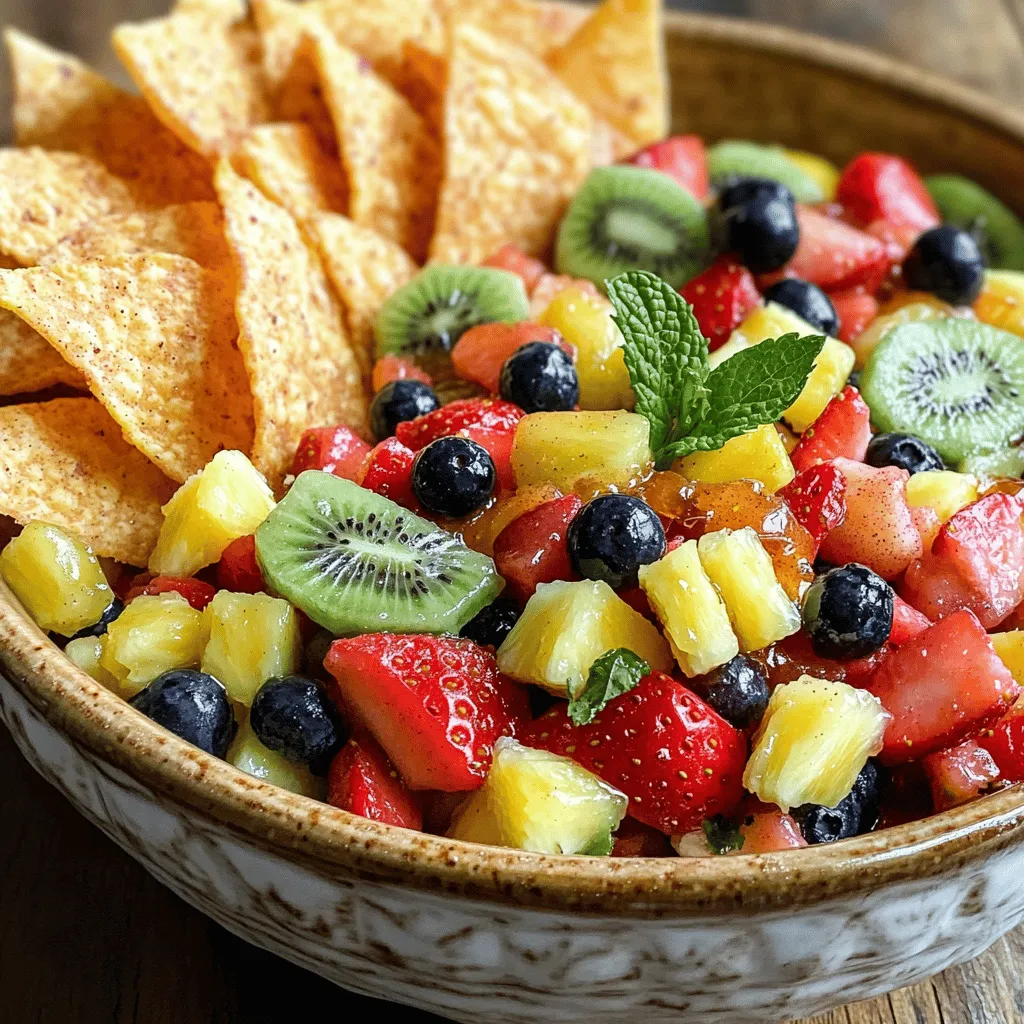 - 2 cups mixed fresh fruits (strawberries, kiwi, pineapple, blueberries) - 1 tablespoon fresh mint leaves, finely chopped - 1 tablespoon honey or agave syrup - 1 tablespoon freshly squeezed lime juice - 1/4 teaspoon ground cinnamon - 1 tablespoon granulated sugar - 4 large flour tortillas - 2 tablespoons unsalted butter, melted When you gather your ingredients, aim for ripe and sweet fruits. This choice makes your salsa pop with flavor. I love mixing strawberries, kiwi, pineapple, and blueberries. Each fruit brings its own taste and color, making the dish appealing. Add fresh mint for a refreshing kick. The mint enhances the fruit and adds a lovely aroma. Honey or agave syrup gives a gentle sweetness. Just a tablespoon works wonders. Don't forget lime juice! It adds zing and balances the sweetness. Now, for the cinnamon sugar chips, the mix of cinnamon and sugar creates a delightful crunch. Use flour tortillas for a soft base. The melted butter helps the sugar stick. With all these ingredients, you're set for a fun and tasty treat. Check out the Full Recipe for complete steps! - Combine diced fruits in a bowl. Use strawberries, kiwi, pineapple, and blueberries for a colorful mix. - Add mint, honey, and lime juice. Toss everything gently with a spatula to coat the fruit. Let it sit for a few minutes. This helps the flavors blend. - Preheat your oven to 350°F (175°C). This creates the perfect heat for crispy chips. - Prepare the cinnamon sugar mixture. Mix 1 tablespoon of sugar and 1/4 teaspoon of cinnamon in a small bowl. - Brush tortillas with melted butter. Spread it on just one side of each tortilla. Sprinkle the cinnamon sugar on top of the buttered side. - Cut tortillas into triangles. Use a sharp knife or a pizza cutter for neat slices. - Arrange triangles on a baking sheet. Make sure the cinnamon sugar side is facing up. - Bake until golden brown, about 10-12 minutes. Keep an eye on them; you want crispy, not burnt. - Cool before serving. This step makes them easier to handle and enhances their crunch. Feel free to check the Full Recipe for all the details! When picking fruits for salsa, think bright and fresh. I love using strawberries, kiwi, pineapple, and blueberries. These fruits not only taste great but also look colorful. You can mix and match based on what you find at the store. Seasonality matters too. In summer, berries are sweet and juicy. In winter, citrus fruits like oranges and grapefruits can add a nice zing. Always choose ripe fruits for the best flavor. Adjust the sugar levels to your taste. If you like your chips sweeter, add a bit more sugar. If you prefer a light touch, reduce the sugar. Try using flavored sugars like vanilla or coconut. They can add a unique twist to your chips and make them even more special. For parties, serve the salsa in a big, bright bowl. This draws attention and adds fun to your table. Place the cinnamon sugar tortilla chips in a tall glass or a colorful basket. You can also layer the salsa and chips. Use clear cups to show off the layers. This makes a great snack for guests and keeps the colors popping. {{image_4}} You can add heat to your salsa for a fun twist. Try adding jalapeños or a dash of chili powder. Just chop them finely and mix them into the fruit. This will give your salsa a spicy kick that pairs well with the sweet fruits. If you like it hot, start with a small amount and taste as you go. For a refreshing change, substitute some fruits with mango or papaya. These tropical fruits add a sweet, rich flavor. They also bring a unique texture to the salsa. Mango’s sweetness and papaya’s softness will make every bite a treat. You can even mix in some coconut for an extra tropical vibe. Want some crunch? Try adding nuts or seeds into your salsa. Chopped almonds or walnuts work great. You can also use sunflower seeds for a nut-free option. This will add a nice texture and a boost of healthy fats. Just mix them in right before serving to keep them crunchy. For the full recipe, check out the Fruity Fiesta Salsa section. Store leftover salsa in a clean, airtight container. This keeps it fresh and tasty. The fridge is the best place for it. Fruit salsa stays good for about three days. After that, the fruits may get mushy. Always check for any strange smells or colors before eating. To keep the chips crispy, store them in a sealed bag or container. Avoid letting air inside, as it makes them soft. If you want to save chips for later, freezing is a great option. Just place them in a freezer-safe bag. They can last up to three months in the freezer. When you're ready to eat, bake them again to bring back the crunch. Enjoy your snack! For the full recipe, check the details above. Yes, you can use frozen fruit for the salsa. However, fresh fruit tastes best. If you use frozen fruit, thaw it first and drain excess liquid. This helps keep the salsa from getting watery. Frozen fruit may lack some crunch, but it will still taste great. You can make tortilla chips healthier by baking instead of frying. Use whole wheat tortillas for more fiber. You can also cut back on butter. Try using a light spray of olive oil instead. This change adds less fat and fewer calories while keeping the chips tasty. You can use several substitutes instead of granulated sugar. Try honey, agave syrup, or maple syrup. These natural sweeteners add flavor and sweetness. You can also use stevia or monk fruit for a low-calorie option. Adjust the amount to suit your taste. To add more flavor to the salsa, try adding spices like chili powder or cumin. You can also mix in diced jalapeños for heat. Fresh herbs like basil or cilantro work well, too. A splash of orange juice can enhance the taste, making it bright and fresh. You can prepare the salsa in advance. Just store it in the fridge for a few hours. It will keep well for about a day. Make the tortilla chips fresh to keep them crispy. For the best taste, combine them right before serving. For the full recipe, check out the detailed instructions above. This blog post covered a vibrant fruit salsa recipe and crunchy cinnamon sugar chips. You learned how to combine fresh fruits and add flair with spices and herbs. I shared tips for choosing the best fruits and serving ideas for fun gatherings. With a few variations, you can customize this dish for any taste. Whether you keep it classic or try something spicy, this recipe is sure to impress. Enjoy making this simple and tasty treat that is perfect for any occasion!