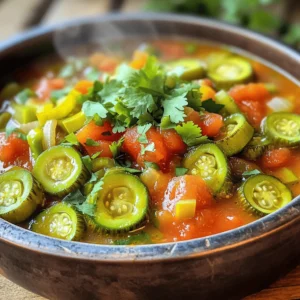 To make a tasty okra stew, gather these ingredients: - 1 pound fresh okra, sliced into bite-sized pieces - 1 medium onion, finely chopped - 3 cloves garlic, minced - 1 bell pepper (your choice of red or green), chopped - 2 medium ripe tomatoes, diced - 1 can (15 oz) diced tomatoes with green chilies - 1 teaspoon ground cumin - 1 teaspoon smoked paprika - ½ teaspoon cayenne pepper - 1 cup vegetable broth - 1 tablespoon olive oil - Salt and freshly ground pepper to taste - Fresh cilantro, roughly chopped, for garnish For a richer taste, add these special ingredients: - Use homemade vegetable broth if you can. It adds depth and freshness. - Diced tomatoes with green chilies give a nice kick. You can adjust the spice to your liking. - Fresh herbs like thyme or bay leaves can enhance the stew's aroma. If you don’t have some items, here are good substitutes: - Okra: Try green beans or zucchini for a different texture. - Vegetable broth: Water works in a pinch but won’t add as much flavor. - Cayenne pepper: Use paprika or black pepper for less heat. - Fresh cilantro: Parsley can be a good swap for garnish, if needed. These ingredients and tips will help you create a flavorful okra stew, perfect for any meal. For the complete recipe, check out the Full Recipe section. Start by gathering your ingredients. You will need fresh okra, onion, garlic, bell pepper, and tomatoes. Here’s what to do next: - Slice 1 pound of fresh okra into bite-sized pieces. - Finely chop 1 medium onion. - Mince 3 cloves of garlic. - Chop 1 bell pepper (red or green). - Dice 2 medium ripe tomatoes. - Open 1 can (15 oz) of diced tomatoes with green chilies. Now you are ready to cook! Heat a large pot over medium heat. Add 1 tablespoon of olive oil. Once hot, add the onion. Sauté it for about 5 minutes until it’s soft and clear. Then, stir in the minced garlic and chopped bell pepper. Cook for another 3 minutes. The bell pepper should soften nicely. Next, add the sliced okra. Stir it in well and cook for 5 to 7 minutes. The okra should turn a light golden color. Now, it’s time to add the tomatoes. Mix in the diced fresh tomatoes, canned tomatoes, ground cumin, smoked paprika, cayenne pepper, and a sprinkle of salt and pepper. Stir everything together. Pour in 1 cup of vegetable broth. Bring the mixture to a gentle simmer. Reduce the heat to low, cover the pot, and let it cook for 20 to 25 minutes. Stir occasionally to keep it from sticking. After 20 to 25 minutes, taste your stew. Adjust the seasoning if needed. If it feels too thick, add a bit more broth or water until it’s just right. Remove the pot from heat and let it sit for a few minutes. This helps the flavors mix well. Serve the stew hot in bowls. Don’t forget to garnish with fresh cilantro for a pop of color and flavor. Enjoy this okra delight! For more details, check the Full Recipe above. To boost the flavor of your okra stew, use fresh herbs like thyme and oregano. They add a nice touch. You can also squeeze in some lemon juice for brightness. For a deeper taste, try adding a splash of soy sauce or a bit of vinegar. These small changes make a big impact. One common mistake is overcooking the okra. This can make it slimy. To avoid this, cook it just until tender, about 5-7 minutes. Another mistake is not seasoning enough. Always taste your stew and adjust salt and pepper as needed. Lastly, do not skip garnishing your stew with cilantro. It adds color and fresh flavor. Serve your okra stew hot in rustic bowls. It pairs well with crusty bread or rice. You might also enjoy it with a side of cornbread for a tasty twist. If you want, add a dollop of yogurt on top for creaminess. For more ideas, check out the Full Recipe for inspiration. {{image_4}} Okra stew is a great dish for everyone. To make it vegetarian or vegan, use vegetable broth. You can also swap out any meat for more veggies. Try adding mushrooms or zucchini for added texture. These swaps keep the stew hearty and tasty. Do you like heat? You can adjust the spice level easily. Add more cayenne pepper for a spicy kick. If you prefer mild flavors, reduce or skip the cayenne. You can also add sweet bell peppers or carrots for a gentle taste. Need to avoid certain foods? You can make swaps based on your needs. For gluten-free, ensure your broth is gluten-free. If you're low-carb, replace some vegetables with cauliflower. These swaps keep the dish healthy and delicious while fitting your diet. For the complete recipe, check out the Okra Delight Stew . You can store leftover okra stew in an airtight container. Let the stew cool down first. It stays fresh for about 3 to 4 days in the fridge. Always label your container with the date you made it. This helps you keep track of how long it has been stored. To reheat the stew, pour it into a pot. Heat it over medium-low heat. Stir it often to make sure it heats evenly. You can also use a microwave. Place the stew in a microwave-safe bowl. Heat it for 1-2 minutes. Stir halfway through to avoid cold spots. If you want to freeze okra stew, use a freezer-safe container. Leave some space at the top because it expands when frozen. It lasts about 3 months in the freezer. When you’re ready to eat it, thaw the stew in the fridge overnight. Then reheat it on the stove or in the microwave. Enjoy your delicious meal! For the full recipe, check out Okra Delight Stew. Okra is low in calories and packed with nutrients. It is high in fiber, which helps digestion. It also contains vitamins A, C, and K. These vitamins support your immune system and skin health. Okra has antioxidants that fight free radicals and may lower cholesterol. Eating okra may help control blood sugar levels. This makes it great for those with diabetes. Overall, adding okra to your diet supports good health. Yes, you can use frozen okra. Frozen okra is a great option when fresh is not available. It is often picked at peak ripeness and frozen quickly. This helps keep its nutrients intact. Be sure to thaw it before cooking. This will help you avoid excess moisture. You may need to adjust cooking times for frozen okra to ensure it cooks evenly. To prevent sliminess, try these tips: - Wash and dry the okra before slicing. - Cook it over high heat to help reduce moisture. - Avoid overcooking the okra; cook just until tender. - Add acidic ingredients like tomatoes early in the cooking process. These steps will help keep your stew thick and delicious. Enjoy a flavorful dish without the unwanted texture. For the full recipe, check out Okra Delight Stew. We explored okra's ingredients, cooking steps, and tips for flavor. You learned how to enhance dishes with special ingredients and avoid common mistakes. We discussed various versions of okra to fit different diets and how to store leftovers safely. Always remember to try new spices and mix flavors. Great meals come from small changes. Use these tips to make your meals fun and easy. Enjoy your cooking journey with okra!