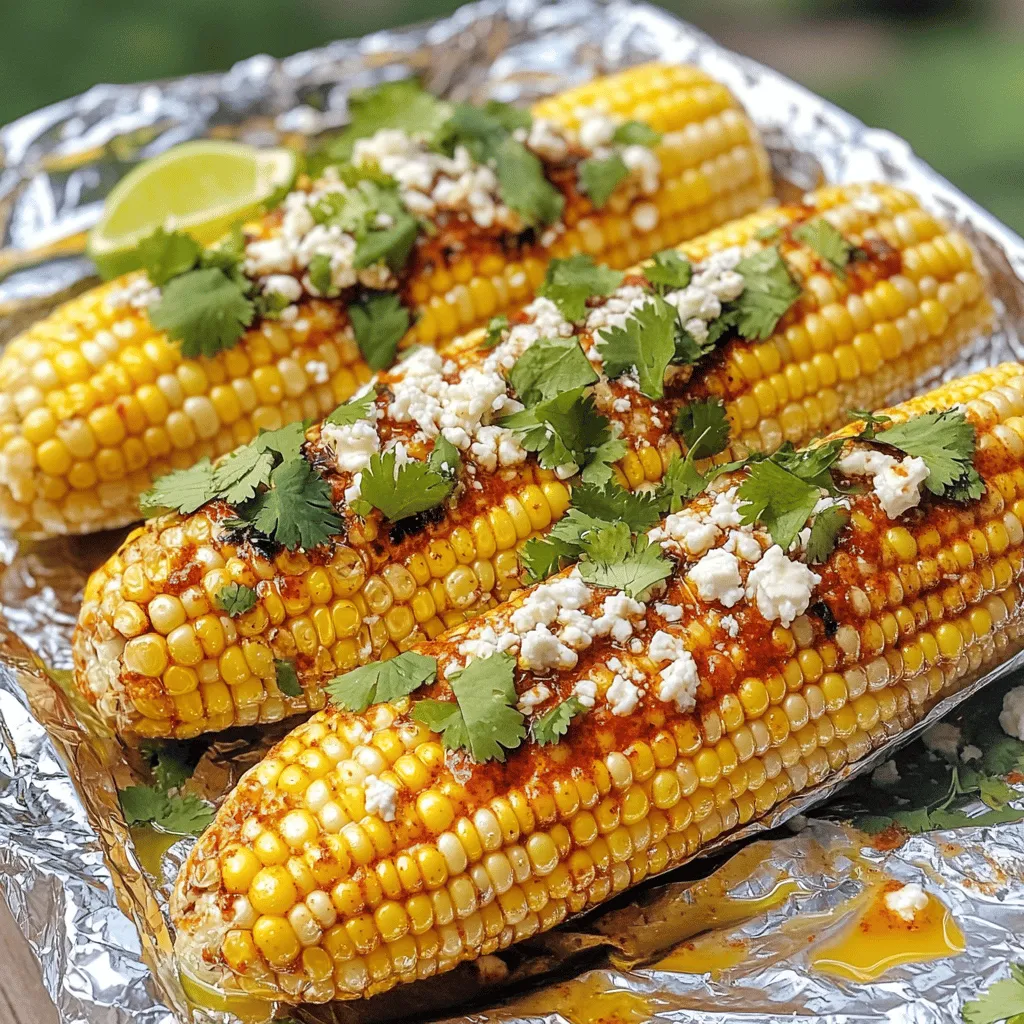 - 4 ears of fresh corn, husked - 1/4 cup unsalted butter, softened - 1 tablespoon chili powder - 1 teaspoon smoked paprika - Zest and juice of 1 lime - 1/4 cup grated cotija cheese - 1/4 cup fresh cilantro, finely chopped - Salt and pepper to taste - Aluminum foil For grilled corn in foil, fresh ingredients are key. Start with four ears of corn. Look for ears that are bright and firm. The husks should be green and tightly wrapped. Next, use unsalted butter. It allows you to control the salt. Mix in chili powder and smoked paprika for a warm kick. The lime zest and juice add a bright, fresh flavor. Don’t forget the cotija cheese! Its salty and crumbly texture pairs well with the sweet corn. Lastly, fresh cilantro gives a burst of color and taste. Salt and pepper round out the flavor. You can adjust these to fit your taste. Using aluminum foil helps steam the corn, keeping it tender and juicy. For the full recipe, refer to the instructions provided. These ingredients combine to create a delicious dish that you will love to share! Preheat your grill to medium-high heat, around 400°F (200°C). This heat gives the corn a nice char. Make sure the grill grates are clean. Oil them lightly to stop sticking. In a small bowl, mix softened butter with chili powder, smoked paprika, lime zest, salt, and pepper. Stir until smooth. This flavorful butter will coat your corn and make it tasty. Tear off four sheets of aluminum foil. Place an ear of corn in the center of each sheet. Spread the butter mixture all over the corn. Cover it well to infuse the flavor. Wrap the foil tightly to keep the steam inside. Put the wrapped corn on the grill. Cook for 15-20 minutes. Turn them every few minutes for even cooking. The corn will be ready when the kernels are tender and juicy. Carefully unwrap each ear of corn. Watch out for steam! Sprinkle cotija cheese and cilantro on top. Squeeze lime juice over the corn for a fresh, zesty flavor. Enjoy your grilled corn fiesta! For the full recipe, check back above. To get tender kernels, you need to watch the clock. Grill the corn for 15 to 20 minutes. Turn it every few minutes to cook evenly. The steam inside the foil helps keep the corn juicy. You’ll know it’s done when the kernels look plump and bright. This timing works best for fresh corn, so use it if you can. You can add your twist to grilled corn. Try different seasonings for diverse tastes. Garlic powder adds a nice kick. Fresh herbs like thyme or basil can brighten the flavor. If you love spice, add cayenne or crushed red pepper. The options are endless! Charcoal and gas grills have unique ways of cooking. Charcoal provides a smoky flavor, perfect for grilling. It takes longer to heat, but it's worth it. Gas grills heat up quickly and offer more control over the temperature. They cook evenly, which helps avoid burnt spots. Choose the one that suits your style! {{image_4}} To make your corn spicy, add jalapeños or cayenne pepper to the butter mix. Start with one finely chopped jalapeño for a mild kick. If you like heat, add more. The spice will blend well with the rich butter. This twist makes the corn exciting and full of flavor. For vegetarian and vegan cooks, you can easily switch the butter. Use plant-based margarine or olive oil instead. Both options give a nice flavor without dairy. You can still enjoy the same great taste while keeping it plant-based. Feel free to explore global flavors. Try adding different cheeses like feta or cheddar. Spices from around the world can also enhance your corn. Think about using Italian herbs, or a sprinkle of cumin for a Mexican flair. Each choice adds a new layer of taste to your grilled corn. Store leftover grilled corn in the fridge. Use an airtight container. It stays fresh for up to 3 days. To keep the flavor, seal it well. This helps lock in moisture, so the corn does not dry out. When you’re ready to eat the leftovers, you can reheat them in a few ways. The stovetop works great. Heat a skillet over medium heat and add the corn. Stir it often for even heating. You can also use the microwave. Just place the corn on a plate and cover it with a damp paper towel. Heat for about 1-2 minutes. This keeps the corn moist. Freezing grilled corn is easy if you want to save it for later. First, let the corn cool completely. Then, wrap each ear tightly in plastic wrap. Place the wrapped corn in a freezer bag. It can stay in the freezer for up to 3 months. To enjoy it later, simply remove it from the bag and thaw in the fridge overnight. You can also grill it straight from the freezer, just cook a bit longer. To check if your corn is done, look for a few signs. The kernels should be plump and tender. You can also poke a kernel with a fork. If it bursts easily, your corn is ready. The husks will also look slightly charred. Aim for about 15-20 minutes on the grill for perfect results. Always keep an eye on your corn as it cooks. Yes, you can grill corn without foil. You can grill it directly on the grates. Just soak the husked corn in water for 30 minutes first. This helps it stay moist. You can also leave the husks on for added flavor. Remove the husks and silk after grilling for a fun charred flavor. There are many tasty toppings for grilled corn! Try adding Parmesan cheese or feta for a salty kick. You can also use fresh herbs like basil or parsley. For a spicy twist, consider adding hot sauce or diced jalapeños. Mix in some diced tomatoes or avocado for a fresh touch. The options are endless! Check out the Full Recipe for more ideas. Grilled corn in foil is simple and fun to make. You need fresh corn, butter, spices, and herbs. I shared steps to prepare and grill your corn perfectly. Feel free to tweak the flavors with different spices or toppings. Store any leftovers safely, and enjoy them later. Grilled corn adds joy to any meal. Try it out for tasty bites at your next gathering!