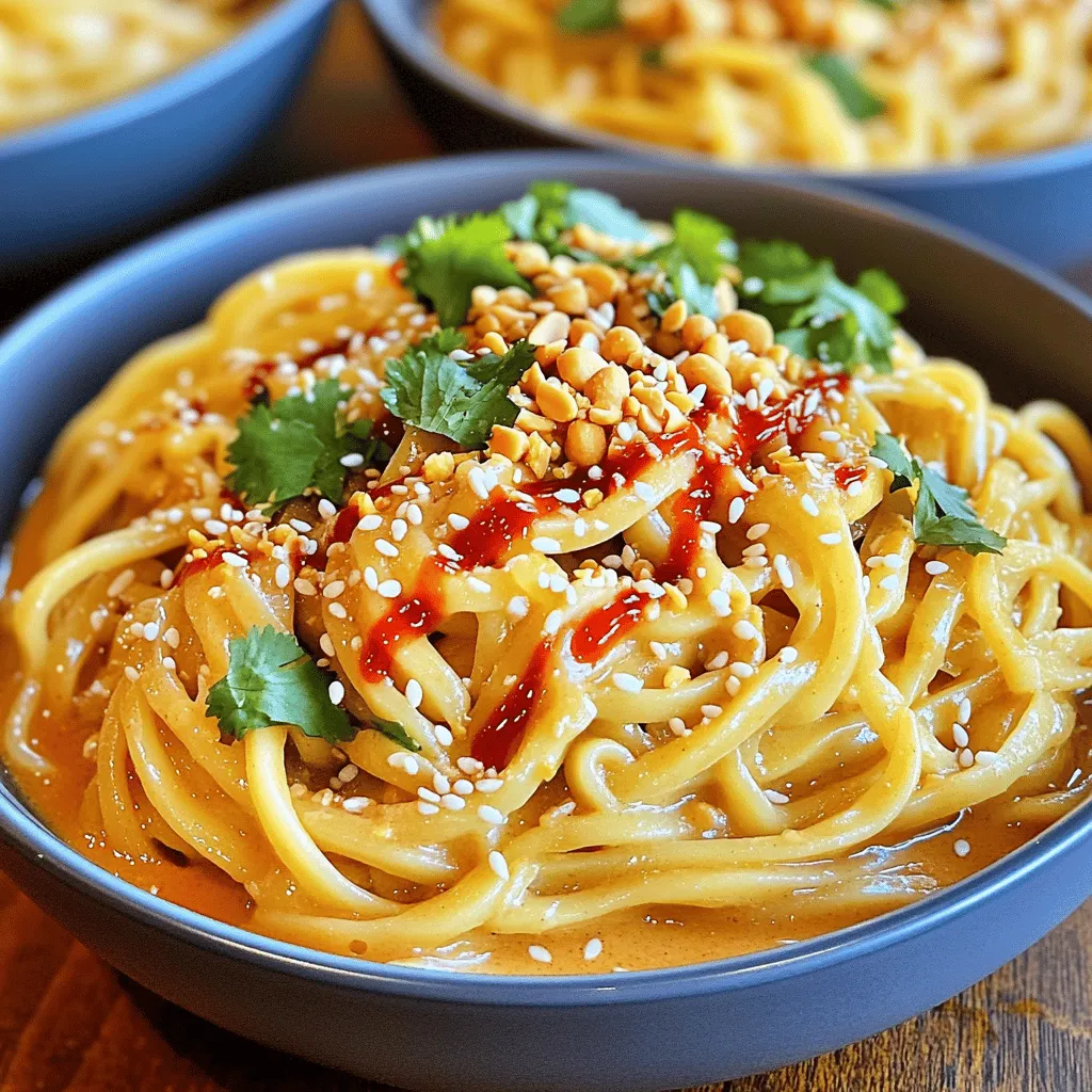 For Dan Dan Noodles, you need simple yet tasty ingredients. Here are the main ones: - 8 ounces fresh or dried noodles (preferably egg noodles) - 3 tablespoons creamy peanut butter - 2 tablespoons soy sauce - 1 tablespoon sesame oil - 2 tablespoons chili oil (adjust to taste for spice preference) - 1 tablespoon rice vinegar - 2 teaspoons granulated sugar - 1 garlic clove, finely minced - 1 inch piece of fresh ginger, grated - 4 green onions, finely chopped (reserve white parts for cooking and green parts for garnish) - 1/4 cup ground beef or turkey (optional, for added protein) - Chopped roasted peanuts for garnish - Fresh cilantro leaves for garnish These ingredients blend together to create a rich, savory dish. The peanut butter gives a creamy texture, while the chili oil adds heat. You can make your Dan Dan Noodles even better with these extras: - Sliced cucumbers for crunch - Shredded carrots for color - Additional chili flakes for spice - Sesame seeds for a nutty flavor - A squeeze of lime for freshness Feel free to mix and match what you like. It makes each bowl unique! While you can use various noodles, I suggest these: - Fresh egg noodles for a chewy texture - Dried wheat noodles for easy storage - Rice noodles for a gluten-free option Choose the noodle that sounds best to you. Each type offers a different taste and feel to the dish. For the full recipe, check the details above! Start by boiling a large pot of salted water. Bring it to a strong boil. Add the noodles gently. Fresh noodles cook in 3-5 minutes. Dried noodles need 8-10 minutes. Check for al dente texture. Drain the noodles well and rinse them with cold water. This stops the cooking. Set the noodles aside while you prepare the sauce. In a medium bowl, mix creamy peanut butter, soy sauce, sesame oil, and chili oil. Add rice vinegar, sugar, minced garlic, and grated ginger. Whisk these ingredients until smooth. Taste it and adjust the chili oil for spice. This sauce is the heart of your Dan Dan noodles. Heat a small amount of oil in a skillet over medium heat. Once hot, add ground beef or turkey. Cook it for 5-7 minutes. Stir often until the meat turns brown. Break it into small pieces as it cooks. If there's too much fat, drain it out. Add the white parts of the green onions and sauté for one more minute. This adds great flavor. In a large bowl, mix the drained noodles with the sauce. If you cooked meat, add that too. Use tongs or chopsticks to toss everything gently. Make sure the noodles are fully coated with the sauce. This step is key for flavor! Spoon the coated noodles into bowls. Top with chopped roasted peanuts and fresh cilantro. Add the green parts of the green onions for color. For a pop of heat, drizzle more chili oil on top. Serve in wide bowls to show off your work. Enjoy every bite of these addictive Dan Dan noodles! For a full guide on making this dish, check the Full Recipe. To make the sauce just right, use creamy peanut butter. It blends well and adds great flavor. Mix the sauce ingredients in a bowl. Whisk them until smooth. Taste the sauce and adjust the chili oil. If you want more heat, add a bit more. For a nutty taste, you can add sesame oil. This helps balance the flavors. Add fresh ginger and garlic for a strong flavor boost. They make every bite more exciting. Use good quality soy sauce; it can change the taste. If you like crunch, add chopped roasted peanuts on top. They add texture and a nice nutty flavor. Fresh cilantro brings brightness to the dish. Don't forget to sprinkle some on before serving! One common mistake is overcooking the noodles. They should be al dente, not mushy. Rinse them under cold water after cooking. This stops the cooking process. Another mistake is not balancing the sauce. Always taste it first. Adjust with sugar or vinegar if it’s too salty or spicy. Lastly, don’t skip the toppings. They make the dish look and taste better. A good presentation makes it even more appealing. For a full recipe, you can check the detailed preparation steps to create these addictive Dan Dan noodles. {{image_4}} You can make Addictive Dan Dan Noodles meat-free. Use tofu or tempeh instead of meat. Just cube them and sauté until golden. You can find great flavors with mushrooms, too. Shiitake mushrooms add depth and texture. For the sauce, swap the creamy peanut butter for almond butter. This gives a nice twist while keeping it rich. Use vegetable broth instead of water to cook the noodles for extra flavor. To make this dish gluten-free, choose rice noodles or gluten-free pasta. These options work well and still taste great. Check the sauce ingredients, especially the soy sauce. Use tamari or coconut aminos to keep it gluten-free. This way, you can enjoy the same delicious taste without the gluten. Feel free to switch up the protein in your dish. Chicken, shrimp, or even crumbled sausage work well. Cook the protein in the skillet just like the ground beef or turkey. For a plant-based option, try lentils or chickpeas. They add protein and fiber, making the dish hearty and filling. You can also mix proteins for a fun twist. Each variation gives a unique flavor while keeping the essence of Addictive Dan Dan Noodles. For the full recipe, follow the steps to create your own bowl of joy! To keep your leftover Dan Dan noodles fresh, place them in an airtight container. Make sure to store them in the fridge. These noodles stay good for about 3 to 4 days. If you have extra sauce, store it separately for the best taste. This way, the noodles won’t get too soggy. When you're ready to enjoy leftovers, heat them gently. You can use a microwave or a skillet. If using a microwave, add a splash of water to keep them moist. Heat in short bursts, stirring in between. If using a skillet, add a little oil and warm over medium heat. Stir until hot. This helps keep the flavor intact. If you want to save Dan Dan noodles for later, freezing works well. Place the cooled noodles in a freezer-safe container. Make sure to separate them from the sauce. They can last for up to 2 months in the freezer. When you're ready to eat, thaw them overnight in the fridge. Reheat as mentioned above for the best taste. Try not to freeze the sauce for too long, as it may lose its texture. For the full recipe, check out the detailed cooking guide above. Addictive Dan Dan Noodles are a spicy, savory dish from Sichuan, China. They feature noodles topped with a rich sauce made from peanut butter, soy sauce, and chili oil. The dish often includes ground meat and is garnished with peanuts and green onions. Each bite is a burst of flavor, making you want more. You can control the heat in your Dan Dan Noodles by adjusting the chili oil. Start with a small amount and taste the sauce. If you like more heat, add more chili oil. You can also use fresh chili or crushed red pepper for extra kick. Yes! While egg noodles are traditional, you can use other types. Rice noodles, udon, or even spaghetti work well. Just adjust the cooking time based on the noodle type you choose. Dan Dan Noodles date back to the 19th century in Sichuan. Street vendors sold them from baskets, or "dan dan," which they carried on a pole. The dish became popular due to its bold flavors and quick preparation. To find the best Dan Dan Noodles, check local Chinese restaurants or noodle shops. Look for places that focus on Sichuan cuisine. Reading reviews online can help you find hidden gems that serve this delightful dish. Addictive Dan Dan Noodles are easy to make and customize. You’ve learned key ingredients, step-by-step cooking, and tips for great flavor. Remember to mix in your favorite toppings and sauces. Make it vegetarian, vegan, or gluten-free with simple swaps. Store leftovers well for tasty meals later. I hope you feel inspired to create your own bowl of Dan Dan Noodles. Enjoy the delicious flavors and surprising twists this dish brings to your table!