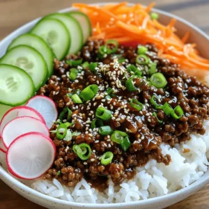 To make a tasty Korean Ground Beef Bowl, you need these ingredients: - 1 lb ground beef (or ground turkey) - 3 cloves garlic, finely minced - 1 tablespoon fresh ginger, grated - 3 tablespoons soy sauce - 2 tablespoons packed brown sugar - 1 tablespoon sesame oil - 1 tablespoon gochujang (Korean chili paste) - 1 cup green onions, chopped (divided) - 2 teaspoons sesame seeds (toasted) - 4 cups cooked rice (white or brown) - 1 cup shredded carrots - 1 cup cucumber, thinly sliced - Sliced radishes, for garnish If you want a leaner meal, ground turkey works well in place of ground beef. You could also use ground chicken for a lighter option. For a vegetarian version, try using crumbled tofu or tempeh. Both options absorb flavors well and keep the dish satisfying. Toppings add color and crunch to your bowl. Try adding fresh herbs like cilantro or parsley. Avocado slices can add creaminess, too. You can even sprinkle some crushed nuts for extra texture. Don't forget to add more sliced radishes for a pop of flavor! Start by heating a large skillet over medium heat. Add the ground beef. Use a spatula to break it apart as it cooks. Cook for about 5 to 7 minutes, until it turns brown. This step is key for flavor. Once the beef is browned, add minced garlic and grated ginger to the skillet. Stir the mixture for about 2 minutes. You want the garlic to get fragrant and lightly golden. This adds a nice base of flavor. Next, pour in the soy sauce, brown sugar, sesame oil, and gochujang. Stir well to coat the beef in these tasty sauces. Let it simmer for 3 to 4 minutes. This helps the flavors mix together. After simmering, take the skillet off the heat. Fold in half of the chopped green onions and the sesame seeds. Mix well. This adds freshness and a crunchy texture to your beef. Now, it’s time to serve! Place a scoop of cooked rice into each bowl. Top it with a generous portion of the seasoned beef mixture. This creates a hearty meal. Finally, add shredded carrots and cucumber slices on the side of the beef. This adds color and crunch. Garnish with the rest of the green onions and a few slices of radish. These fresh elements make the dish pop. For the full recipe, check out the detailed instructions above. Enjoy your cooking! Cooking ground beef can be simple if you follow a few rules. Make sure your skillet is hot before adding the beef. This helps it brown nicely. Break the meat apart with a spatula as it cooks. This keeps it from clumping. Cook until it turns a deep brown color. This adds great flavor to your meal. To make your dish even tastier, you can add more spices. Try a dash of black pepper for heat. If you like it spicy, add more gochujang. A sprinkle of garlic powder or onion powder can boost the taste too. Fresh herbs like cilantro or basil add a nice touch. Experiment to find what you like best! Timing is key to a quick dinner. Prep your veggies while the beef cooks. This saves time and keeps everything fresh. Aim to have your rice cooking at the same time. You can use a rice cooker for easy cooking. When the beef is done, your rice should be ready too. This way, you can serve dinner hot and fresh! {{image_4}} You can easily change the ingredients to fit your diet. For a vegetarian option, use lentils or mushrooms instead of ground beef. These give a nice texture and soak up the flavors well. If you are gluten-free, swap soy sauce for tamari. It has a similar taste but without gluten. You can change how you serve the Korean ground beef bowl. Instead of rice, use quinoa or cauliflower rice for a lighter option. You could also use lettuce wraps for a fun twist. This makes it fresh and crunchy. Try adding different veggies like bell peppers or snap peas for more color and taste. If you have leftovers, don’t let them go to waste! You can make a tasty stir-fry. Just heat the beef with some more veggies. Or, mix it into scrambled eggs for breakfast. You can even use it as a filling for tacos. It adds great flavor and makes a quick meal. Check out the Full Recipe for more ideas! To keep your Korean ground beef bowl fresh, use airtight containers. Let the dish cool to room temperature first. Then, divide the leftovers into single servings. This helps with easy reheating later. Label your containers with the date. This way, you won't forget when you made it. You can store the dish in the fridge for 3 to 4 days. If you want to keep it longer, freeze it. In the freezer, it lasts for up to 3 months. Just remember to thaw it in the fridge before reheating. This keeps the flavor and texture intact. To reheat, use the microwave or a skillet. If using a microwave, heat it for 1 to 2 minutes. Stir halfway through for even heating. If using a skillet, add a splash of water. This helps keep the beef moist. Heat over low until warm. Enjoy your meal as if it was freshly made! You can serve this dish with several sides. Here are some ideas: - Steamed broccoli for a healthy crunch. - Kimchi for a spicy kick. - Pickled vegetables to balance flavors. - Fried eggs for added richness. These sides help round out your meal. They add different textures and tastes. Yes, you can make this dish ahead of time. This is great for busy days. Simply cook the beef mixture and store it in the fridge. It will stay fresh for up to three days. Reheat it on the stove or in the microwave. This makes dinner quick and easy! To reduce the heat, cut back on the gochujang. You can use just one teaspoon instead of a full tablespoon. You might also add more sugar or soy sauce. This balances the flavors without the spice. For a milder taste, leave out the gochujang completely. A typical serving of this dish has: - Calories: About 500 - Protein: 30 grams - Carbohydrates: 60 grams - Fat: 15 grams These values can change based on your ingredients. If you use ground turkey, it may lower the fat content. Always check the labels for exact info. Absolutely! You can swap ground beef for several proteins. Here are a few options: - Ground turkey is lean and tasty. - Ground chicken works well too. - For a vegetarian option, use lentils or tofu. Each protein gives a unique flavor. Try different ones to find your favorite! For the full recipe, check out the details above. In this blog post, we explored how to make a Korean ground beef bowl. We covered the key ingredients and offered tasty substitutes. You learned the step-by-step process, from browning the beef to adding fresh elements. We discussed tips for improving flavor and meal prep. We also shared variations to suit different diets and proper storage methods. Now, you have all the tools to create your own delicious bowl. Enjoy experimenting with flavors and unique twists!