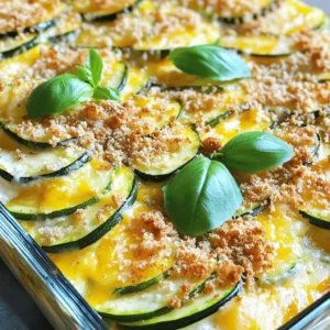 - 4 medium zucchinis, thinly sliced - 1 cup grated sharp cheddar cheese - 1 cup shredded fresh mozzarella cheese - 1 cup creamy ricotta cheese - 1/2 cup finely grated Parmesan cheese - 1/2 cup whole wheat breadcrumbs - 3 cloves garlic, finely minced - 1 teaspoon Italian seasoning blend - Salt and freshly ground black pepper, to taste - 2 tablespoons extra virgin olive oil - Fresh basil leaves, for garnish Zucchini is the star in this dish. Use medium-sized ones for the best flavor. Fresh mozzarella adds a nice stretch when melted. Ricotta gives a creamy texture that balances the dish. Grated Parmesan adds a salty taste that complements the other cheeses. Whole wheat breadcrumbs provide a crunchy topping, making each bite enjoyable. If you are dairy-free, you can try vegan cheese options. Nutritional yeast can replace Parmesan for a similar taste. For gluten-free needs, use gluten-free breadcrumbs instead of whole wheat. You can also swap zucchinis for yellow squash or eggplant if desired. This recipe is flexible to fit various diets while keeping it tasty. For the full recipe, check out the Easy Cheesy Zucchini Casserole 🥒. First, gather all your ingredients. You will need zucchini, cheeses, garlic, and spices. Preheat your oven to 350°F (175°C). This step is key for even baking. Slice the zucchinis thinly; this helps them cook well. In a bowl, mix the zucchini with minced garlic, olive oil, Italian seasoning, salt, and pepper. Toss them until they are nicely coated. In a separate bowl, blend the ricotta with half of the Parmesan cheese. Add a pinch of salt and pepper, then whisk until smooth. Grab a greased 9x13 inch baking dish. Spread half of the zucchini mixture on the bottom evenly. This layer is the base of your casserole. Next, dollop half of the ricotta mixture over the zucchini. Use a spatula to spread it gently. Now, sprinkle half of the cheddar and mozzarella cheese on top. This creates a cheesy layer that melts beautifully. Repeat this layering: add the remaining zucchini, the rest of the ricotta, and finish with the remaining cheeses. For the topping, sprinkle whole wheat breadcrumbs and the leftover Parmesan evenly. Place your casserole in the preheated oven. Bake it for about 30-35 minutes. Look for a golden brown top and bubbling edges. This shows it's done. Once out of the oven, let it cool for 5-10 minutes before serving. This waiting time helps the flavors meld. Garnish with fresh basil leaves for a bright finish. You can serve it hot from the dish or cut it into squares for easy serving. For the full recipe, refer to the earlier sections. For a tasty casserole, cheese is key. I love using sharp cheddar for its bold flavor. Fresh mozzarella melts beautifully and gives a nice stretch. Ricotta adds creaminess, while Parmesan brings a savory kick. You can mix and match these cheeses for your favorite taste. Try a pepper jack for a spicy twist! To make your casserole shine, think about adding more herbs. Fresh herbs like basil or thyme can boost the taste. A sprinkle of red pepper flakes adds heat if you like spice. You can also swap out the Italian seasoning for herbs de Provence for a unique touch. Garlic is a must, but you can add onion for more depth. Zucchini can hold water, which may make your casserole soggy. To avoid this, salt the sliced zucchini before mixing. Let it rest for about 15 minutes, then pat it dry. This helps remove extra moisture. Using whole wheat breadcrumbs on top also helps absorb some liquid, keeping it nice and firm. For the full recipe, check the details above! {{image_4}} You can easily make this dish even more veggie-packed. Add sliced bell peppers for a sweet crunch. Spinach or kale adds color and nutrients. Mushrooms bring umami and a hearty feel. Try mixing in any of your favorite seasonal veggies. They will blend well with the zucchini and cheese. For a filling meal, add protein. Cooked ground turkey or chicken is a great choice. If you want to keep it vegetarian, use cooked lentils or chickpeas. These options will add texture and flavor. You can also sprinkle some cooked bacon for a smoky twist. To make this casserole gluten-free, swap whole wheat breadcrumbs for gluten-free ones. You can also use crushed nuts like almonds or walnuts for a crunchy topping. Ensure all cheeses and other ingredients are gluten-free. This way, everyone can enjoy this delicious dish without worry. For the full recipe, check out the Easy Cheesy Zucchini Casserole section. After enjoying your Easy Cheesy Zucchini Casserole, store any leftovers in an airtight container. Place the container in the fridge. The casserole will stay good for about 3 to 5 days. Make sure to let it cool before sealing it. This helps keep it fresh and tasty. Want to save some for later? You can freeze the casserole! First, let it cool completely. Then, cut it into portions and wrap each piece tightly in plastic wrap. Place the wrapped pieces into a freezer-safe bag or container. This way, it stays safe for up to 3 months. When you're ready to eat, just thaw it in the fridge overnight. Reheating is easy! Preheat your oven to 350°F (175°C). Place the casserole in a baking dish. Add a splash of water or broth to keep it moist. Cover it with foil to avoid drying out. Heat it for about 20-25 minutes. If you want a crispy top, remove the foil for the last 5 minutes. You can also microwave individual portions for quick meals. Just make sure to cover them to keep them from drying out. Yes, you can! Feel free to swap in your favorite veggies. Bell peppers, spinach, or mushrooms work well. Just chop them into small pieces. Keep in mind that each vegetable has a different cooking time. Soft veggies may need less baking time. Sturdy ones may need a bit longer. Adjust your cooking time as needed. The casserole is done when the top is golden brown. Look for bubbling cheese around the edges. A fork should easily pierce through the layers. If you see a lot of liquid, it may need more time. Let it bake longer if needed, checking every few minutes. Absolutely! You can prep it a day in advance. Just assemble the casserole without baking it. Cover it and store it in the fridge. When ready to eat, bake it straight from the fridge. You may need to add a few extra minutes to the baking time. This makes it super easy for busy days. For the full recipe, check out the complete guide. This blog post covered everything you need to make a great casserole. We discussed ingredients, tips for prep, and how to enhance flavor and texture. You can swap ingredients for different diets and storage tips help keep your meal fresh. Remember, experimenting with variations can make your casserole unique. Enjoy the process, and don’t hesitate to customize it to your taste. Casseroles are flexible and fun to make!