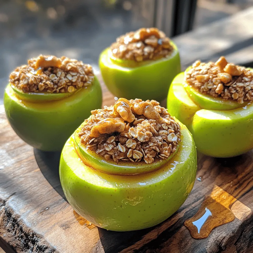 - 4 medium apples (Granny Smith or Honeycrisp) - 1/2 cup rolled oats - 1/4 cup packed brown sugar - 1 teaspoon ground cinnamon - 1/4 teaspoon ground nutmeg - 1/4 cup chopped walnuts (optional) - 2 tablespoons melted butter or coconut oil - 1 tablespoon honey or maple syrup - 1/4 cup dried cranberries or raisins (optional) When choosing apples, I often recommend Granny Smith or Honeycrisp. These apples have the perfect balance of sweetness and tartness. They hold up well in the air fryer, giving you that soft yet firm texture. The rolled oats add a nice crunch, and the brown sugar gives a sweet depth. Cinnamon and nutmeg are classic spices that enhance the apple's natural flavor. If you like a bit of crunch, walnuts make a great addition. For a touch of sweetness, honey or maple syrup ties everything together. Feel free to add dried cranberries or raisins. They give an extra burst of flavor and sweetness. This mix of ingredients creates a delightful dessert that is both simple and tasty. When you prepare these air fryer apples, you get a warm, comforting treat that you can enjoy any time! 1. Preheating the air fryer Start by preheating your air fryer to 350°F (175°C). This step makes sure the apples cook evenly. 2. Washing and coring the apples Rinse your apples under cool water. Use an apple corer or a small knife to carefully remove the core. Make sure to leave the bottom intact. This holds the filling in place. 3. Preparing the filling mixture In a medium bowl, mix the rolled oats, brown sugar, ground cinnamon, nutmeg, walnuts, and dried cranberries, if using. Stir these dry ingredients well. Next, drizzle melted butter and honey or maple syrup over the mix. Combine everything until you have a crumbly stuffing. 1. Stuffing the apples Gently spoon the oat mixture into each cored apple. Press it down lightly. This helps keep the filling packed while cooking. 2. Arranging apples in the air fryer Place the stuffed apples upright in the air fryer basket. Make sure they have space between them. This allows for good air flow and even cooking. 3. Cooking time and checking for doneness Air fry the apples for 15-18 minutes. Check them at 15 minutes. They should be tender but not falling apart. The stuffing should look golden brown on top. You can find the full recipe in the section above for more detailed instructions. Choose apples that are crisp and fresh. Granny Smith and Honeycrisp work best. These two kinds hold their shape and offer a nice sweet-tart flavor. Look for apples that are firm without any soft spots. The skin should be smooth and shiny. Fresh apples give better taste and texture. To get tender apples, cook them long enough but not too long. Aim for 15 to 18 minutes in the air fryer. Check them after 15 minutes. You want them soft but not mushy. If you find they fall apart, try coring them more carefully. Leave a bit of apple at the bottom to hold the filling inside. Spices like nutmeg and cinnamon make your apples pop. Try adding a pinch of cloves for a warm taste. You can also mix in other fillings. Dried cranberries and walnuts add great texture and flavor. Feel free to experiment with your favorite nuts or fruits to make this dish your own. {{image_4}} You can change the stuffing to fit your needs. For nut-free options, use seeds instead of nuts. Pumpkin seeds or sunflower seeds work great. If you want a gluten-free version, swap the oats for quinoa or gluten-free oats. Mixing flavors can give your apples a twist. Try adding cloves or ginger for a spiced kick. You can also use other fruits. Pears or peaches can add sweetness and a new texture to your dish. Toppings can make your dessert even better. Consider using different nuts, like almonds or pecans. You can also serve your apples with yogurt or whipped cream. This way, you get a creamy contrast to the warm, spiced apples. To keep your air fryer apples fresh, place them in the fridge. Use an air-tight container. This helps keep moisture in and prevents them from drying out. If you have extra stuffing, store it separately. It can last up to three days in the fridge. To reheat your stuffed apples, use the air fryer again. Set it to 350°F (175°C) for about 5 to 7 minutes. This method keeps them warm and restores their crisp texture. You can also use the microwave, but this might make them soft. For best flavor, drizzle a bit of honey or maple syrup before reheating. Enjoy your tasty treat! For the full recipe, check out the Air Fryer Cinnamon Stuffed Apples. Air fryer apples can last about 3 to 5 days in the fridge. Store them in an airtight container. For best taste, eat them fresh. Yes, you can use frozen apples. However, thaw them first. Drain excess moisture to avoid soggy filling. This helps maintain a good texture. You can use honey, maple syrup, or stevia as substitutes. Apples are sweet, so you may not need much. Adjust to your taste for a healthier option. Yes, you can prepare them a day ahead. Stuff the apples and store them in the fridge. Just air fry them when you're ready to enjoy. To prevent browning, soak the cut apples in lemon juice. This keeps them fresh and bright. You can also core them just before cooking for best results. Using simple ingredients, I showed you how to make tasty air fryer apples. We covered everything from preparing the apples to flavor tips and storage ideas. Remember, using fresh apples and the right spices makes a big difference. You can try different fillings to find your favorite. Enjoy creating this delicious treat with your loved ones. You’ll find joy in both cooking and sharing. Happy air frying!