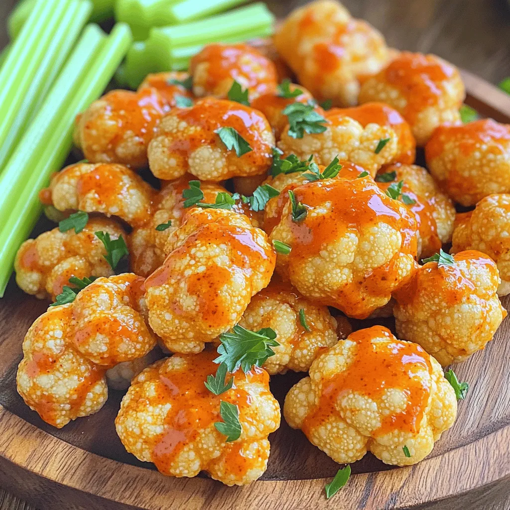 - 1 head of cauliflower, cut into bite-sized florets - 1 cup all-purpose flour - 1 teaspoon garlic powder - 1 teaspoon onion powder - 1 teaspoon smoked paprika - 1 teaspoon salt - ½ teaspoon black pepper - 1 cup water (or plant-based milk for a creamier texture) - ½ cup hot sauce (such as Frank’s RedHot) - 2 tablespoons unsalted butter or olive oil, melted The main ingredients create that perfect crunchy and spicy flavor. Cauliflower serves as a great base. The flour and seasonings mix together to coat the florets. The hot sauce and butter bring a fiery kick that makes each bite exciting. For this full recipe, I recommend using fresh cauliflower for the best results. - Fresh parsley or cilantro Garnishing adds color and freshness to your dish. Adding chopped parsley or cilantro on top makes your meal more inviting. It also complements the spicy flavor of the buffalo sauce well. - Plant-based milk options - Gluten-free flour alternatives If you want a creamier batter, use plant-based milk instead of water. This makes the dish richer. For those who need gluten-free options, try almond flour or chickpea flour. Both work well as substitutes and keep the flavor intact. Set your air fryer to 400°F (200°C). This high temperature helps make the cauliflower crispy. Preheating is key. It ensures that the cauliflower cooks evenly. If you skip this step, the florets may turn out soggy. So, let it warm up while you prepare the rest. In a large bowl, mix together the dry ingredients. Combine 1 cup of all-purpose flour, 1 teaspoon of garlic powder, 1 teaspoon of onion powder, 1 teaspoon of smoked paprika, 1 teaspoon of salt, and ½ teaspoon of black pepper. Stir well until everything is mixed together. Next, slowly pour in 1 cup of water or plant-based milk. Keep stirring until the batter is smooth and thick. This helps the batter cling to the cauliflower well. Now, it’s time to coat the cauliflower. Take each floret and dip it into the batter. Make sure every piece is fully covered. Let any extra batter drip off before placing them in the air fryer. Arrange the coated cauliflower in a single layer. Avoid overcrowding; it’s best to fry in batches if needed. Cook the cauliflower for 12-15 minutes. Halfway through, shake the basket to help them crisp up. Once they turn golden-brown, they are ready. While they cook, make the buffalo sauce. In a small bowl, mix together ½ cup of hot sauce and 2 tablespoons of melted butter or olive oil. Stir well until blended. When the cauliflower is done, take it out and toss it in the buffalo sauce. Make sure every piece is coated. For extra crunch, return the cauliflower to the air fryer for another 2-3 minutes. This final step makes them even crispier. Enjoy your crispy and flavorful Air Fryer Buffalo Cauliflower! For the full recipe, check out the details provided. To make your buffalo cauliflower crispy, focus on the batter. Use a thick batter to coat each floret well. This helps form a crunchy layer when air-fried. Overcrowding the air fryer basket can lead to soggy cauliflower. Fry in batches to keep the pieces from touching. This allows hot air to circulate freely around each floret, ensuring even cooking and crispiness. You can boost the flavor of your buffalo cauliflower by adding spices. Mix in some cayenne pepper or smoked paprika for a smoky kick. Fresh herbs like thyme or oregano can also add depth. If you want to adjust the spice level, try different hot sauces. Mild sauces will give flavor without too much heat. For a fiery kick, go for a hotter sauce. You can even mix sauces for a unique taste. For dips, ranch or blue cheese dressing pairs perfectly with buffalo cauliflower. You can also serve it with a yogurt dip for a light option. Presentation matters too! Arrange the cauliflower on a nice platter with celery sticks. Add fresh herbs for color and appeal. This not only looks great but also makes for a fun snack at parties. For the full recipe, check out the complete guide above. {{image_4}} You can change up the heat level by using different hot sauces. Frank’s RedHot is classic, but you can try Sriracha for a sweeter kick. If you want more heat, add cayenne pepper or chili powder to the batter. Mixing in chili flakes will give it an extra punch too. Experiment to find your favorite spicy blend! If you want a healthier option, you can bake the cauliflower instead of air frying. Just place the coated florets on a baking sheet and bake at 425°F for about 20 minutes. This method will cut some calories. You can also make low-calorie swaps, like using less butter or olive oil. A light spray of cooking oil can help keep the flavors without the extra fat. Buffalo cauliflower is not just a snack; it can be a meal! Try making buffalo cauliflower tacos. Use soft tortillas and load them with the crispy cauliflower. Top with fresh veggies and a drizzle of ranch. Another idea is to use the cauliflower as a salad topper. It adds great flavor and texture to any salad. Serve it as an appetizer for your next gathering. It’s sure to impress your guests! For the full recipe, check out the details above. To keep your buffalo cauliflower fresh, store it in an airtight container. Place it in the fridge. Make sure it cools completely before sealing. This helps prevent sogginess. Enjoy your leftovers within three days for the best taste. When reheating, aim to keep that crispy texture. Preheat your air fryer to 350°F (175°C). Place the cauliflower in the basket in a single layer. Heat for about 5-7 minutes. Check it often to avoid overcooking. This method helps regain its crunch. Can you freeze buffalo cauliflower? Yes, you can! First, let it cool completely. Then, spread it out on a baking sheet. Freeze it for about an hour. Once frozen, transfer it to a freezer-safe bag. This keeps it fresh for up to three months. To reheat frozen cauliflower, no need to thaw. Simply air fry it at 400°F (200°C) for about 10-12 minutes. This will help it crisp up nicely again. Enjoy your air fryer buffalo cauliflower any time! For the complete recipe, refer to the [Full Recipe]. To make buffalo cauliflower gluten-free, you can use several flour alternatives. Some of the best options include: - Almond flour - Coconut flour - Gluten-free all-purpose flour - Chickpea flour These options help create a tasty batter without gluten. Just replace the all-purpose flour in the recipe with your choice of gluten-free flour. Yes, you can use frozen cauliflower, but it requires a few steps. First, thaw the cauliflower completely. You can do this by leaving it in the fridge overnight or using the microwave. Once thawed, pat the florets dry with a towel. This helps remove excess moisture, so the batter sticks well. After that, follow the recipe as usual. Buffalo cauliflower tastes great with various dipping sauces. Here are some popular options: - Ranch dressing - Blue cheese dressing - Creamy avocado dip - Garlic aioli These dips add extra flavor and creaminess to the spicy cauliflower bites. You can easily make this recipe vegan with a few simple swaps. For the butter, use olive oil or vegan butter. For the batter, you can replace the milk with any plant-based milk, like almond or soy milk. These swaps keep your buffalo cauliflower tasty and plant-based. Enjoy your vegan snack without missing out on flavor! This article covers how to make buffalo cauliflower, from ingredients to cooking tips. You learned about key ingredients like cauliflower, flour, and hot sauce. We also shared ways to make it vegan or gluten-free. To make it crispy, proper prep and air-fryer techniques are crucial. Explore variations for extra spice or health modifications. Enjoy leftovers by storing correctly and reheating well. Buffalo cauliflower is a tasty option for meals and parties alike. Try it today, and you might just find a new favorite dish!