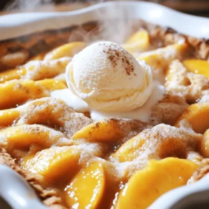 - 4 cups fresh peaches or canned peaches - 1 cup granulated sugar, divided - 1 teaspoon ground cinnamon - 1 teaspoon vanilla extract - 1 cup all-purpose flour - 1 cup milk - 1/2 cup unsalted butter, melted - 1 tablespoon baking powder - 1/2 teaspoon salt What can I use instead of fresh peaches? You can use canned peaches. Just make sure to drain them well. Frozen peaches work too, but thaw them first. What can I use instead of sugar? You can try using honey or maple syrup. These will change the taste a bit but still taste great. What about dairy-free options? You can replace butter with coconut oil or a dairy-free spread. For milk, try almond milk or oat milk. Both work well in this recipe. Using these substitutions can give you more options to enjoy your peach cobbler. Remember, cooking is all about making it work for you! Check the full recipe for more details. 1. Preheat the oven: Set your oven to 350°F (175°C). This makes sure it’s hot when you bake. 2. Prep the dish: Grease a 9x13 inch baking dish. This helps the cobbler not stick. 3. Mix the peaches: In a large bowl, combine 4 cups of sliced peaches with 1/2 cup of sugar and 1 teaspoon of cinnamon. If you use fresh peaches, let the mix sit for 10 minutes. This draws out the juices and makes a sweet syrup. 4. Combine dry ingredients: Take another bowl and whisk together 1 cup of flour, the remaining 1/2 cup of sugar, 1 tablespoon of baking powder, and 1/2 teaspoon of salt. Make sure everything is mixed well. 5. Add wet ingredients: Slowly stir in 1 cup of milk and 1/2 cup of melted butter into the dry mix. Don’t worry if the batter is lumpy; this makes your cobbler more fun! 1. Pour the batter: Spread the batter evenly into your greased baking dish. It should cover the bottom well. 2. Layer the peaches: Carefully spoon the peach mixture over the batter. Make sure to add all the syrup. Do not stir it! The magic happens as it bakes. 3. Bake the cobbler: Place the dish in the oven and bake for 45-50 minutes. Look for a golden brown top. You can test it by inserting a toothpick in the center. If it comes out clean, it’s done! 1. Cooling time: Let the cobbler cool for about 10 minutes before serving. This helps the flavors blend nicely. 2. Serving ideas: Scoop the warm cobbler into bowls and top it with vanilla ice cream or whipped cream. A sprinkle of cinnamon on top adds a special touch! For the complete instructions, check the Full Recipe. Enjoy this delicious treat! To make your peach cobbler even better, add some spices or herbs. A pinch of nutmeg can bring warmth to the dish. Fresh mint or basil can add a nice twist too. You can also experiment with flavor extracts. Almond or coconut extract can give your cobbler a fun twist. Just remember, a little goes a long way! Getting the right texture is key. Make sure not to overmix the batter. Mixing just until combined helps keep it light and fluffy. You want some lumps, so don’t worry! To achieve a golden-brown top, use melted butter in your batter. This helps the cobbler bake evenly and gives it that nice color. Also, placing it in a hot oven is crucial for that perfect rise. If you want even more tips, check out the Full Recipe for guidance on nailing each step! {{image_4}} You can easily switch out peaches for other fruits. Berries, cherries, and apples work well. Each fruit brings its own flavor and texture. Mix and match to find your favorite. Fresh fruits often taste best, but frozen ones can also work. If you use frozen fruit, thaw it first. This helps release some moisture. You may want to reduce sugar if the fruit is very sweet. Making mini cobblers is a fun twist. Use small ramekins or muffin tins for individual servings. Just divide the batter and fruit evenly among your dishes. Bake them for about 25 to 30 minutes. Keep an eye on them. They should be golden brown and set in the middle. These mini treats are perfect for parties or quick snacks. To store your peach cobbler, let it cool first. Cover it tightly with plastic wrap or aluminum foil. Place it in the fridge for up to four days. This helps keep the flavors fresh and tasty. When reheating, preheat your oven to 350°F (175°C). Place your cobbler in a baking dish. Warm it for about 15-20 minutes. This keeps the topping nice and crisp. You can also use the microwave for quicker reheating. Just heat in short bursts of 30 seconds, checking often to avoid sogginess. For freezing, make sure the cobbler is completely cool. Cut it into portions for easy serving. Wrap each piece tightly in plastic wrap and then in aluminum foil. This helps prevent freezer burn. You can freeze it for up to three months. When you're ready to enjoy your cobbler, take it out of the freezer. Place it in the fridge overnight to thaw. If you're in a hurry, you can set it on the counter for a few hours. Once thawed, reheat it in the oven at 350°F (175°C) for about 20-25 minutes. This ensures that your cobbler tastes as fresh as when you first baked it. Can I use canned peaches for this recipe? Yes, you can use canned peaches. Just drain them well. This keeps the cobbler from being too wet. Fresh peaches are great, but canned ones work well too. How do I know when the cobbler is done? You will know it is done when the top is golden brown. Insert a toothpick in the center. If it comes out clean, your cobbler is ready to enjoy! What can I serve with peach cobbler? Peach cobbler pairs well with vanilla ice cream or whipped cream. You can also serve it with a dollop of yogurt for a lighter option. Why is my cobbler too soggy? A soggy cobbler often comes from too many juicy peaches. If using fresh ones, let them sit with sugar first. If using canned, ensure they are well-drained. What to do if it’s burning on top before the center is cooked? If the top burns, cover it with foil. This shields it from heat while the center cooks. Reduce oven heat slightly if needed, and check for doneness often. This blog post gave you a clear guide to making peach cobbler. We covered ingredients, steps, and tips for the best results. Remember, you can swap ingredients if needed. Feel free to try other fruits and mini versions too. Use our storage advice to keep it fresh. Enjoy this warm dessert, especially with ice cream on top! Get creative, and make this recipe your own. Trust me, your taste buds will thank you.