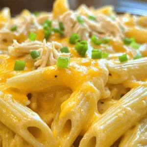 To make Buffalo Chicken Pasta, gather these ingredients: - 8 oz penne pasta - 2 cups cooked chicken, shredded - 1/2 cup buffalo sauce (adjust according to your spice preference) - 1 cup cream cheese, softened to room temperature - 1/2 cup grated Parmesan cheese - 1/2 cup shredded cheddar cheese - 1/4 cup scallions, finely chopped - 2 tablespoons olive oil - 2 cloves garlic, minced - Salt and pepper to taste These ingredients create a hearty meal that bursts with flavor. The shredded chicken brings protein, while the cream cheese adds creaminess. The buffalo sauce gives it a spicy kick that many love. If you need to change any ingredients, you have options. For the chicken, you can use shredded rotisserie chicken or even tofu for a vegetarian twist. Instead of penne, try rigatoni or fusilli. Cream cheese can be swapped for Greek yogurt or a dairy-free cream cheese. If you want a bit more heat, consider adding jalapeños or extra buffalo sauce. Buffalo Chicken Pasta pairs well with several sides. A fresh green salad can balance the heat and richness of the dish. You might also serve it with garlic bread for a comforting meal. If you enjoy a cool drink, a light lager or a sweet tea complements the spice nicely. Try these pairings to enhance your dining experience! To make Buffalo chicken pasta, start by cooking the pasta. Boil a pot of salted water. Add 8 oz of penne pasta. Cook it for about 10-12 minutes until it is al dente. Drain the pasta and set it aside. Next, prepare the sauce. Heat 2 tablespoons of olive oil in a large skillet over medium heat. Add 2 cloves of minced garlic. Sauté for about 1 minute until it smells great. Then, add 2 cups of shredded cooked chicken and 1/2 cup of buffalo sauce. Stir until the chicken is coated in sauce. Now, add 1 cup of softened cream cheese. Stir until the cream cheese melts into the sauce. This step creates a creamy texture. Next, fold in 1/2 cup of grated Parmesan cheese and half of 1/2 cup of shredded cheddar cheese. Keep stirring until all the cheese melts. Add salt and pepper to taste. Finally, add the drained penne pasta to the skillet. Toss everything together until the pasta is well coated in the sauce. To cook perfect pasta, use plenty of water. This helps prevent sticking. Always salt the water; it adds flavor. Stir the pasta a few times as it cooks. This helps keep it from clumping together. Taste the pasta a minute before the package time ends. It should be firm yet tender. Drain it immediately to stop the cooking process. To make a creamy buffalo sauce, you need a few key ingredients. Start with 1/2 cup of buffalo sauce for heat. Then, add 1 cup of softened cream cheese. This will create a rich, creamy base. Stir well until the cream cheese blends smoothly with the sauce. You can adjust the spice level by adding more or less buffalo sauce. For extra creaminess, add more cheese, like Parmesan or cheddar. This sauce pairs perfectly with the chicken and pasta. Enjoy your meal! When making buffalo chicken pasta, avoid undercooking the pasta. It should be firm but tender. Overcooking it can lead to a mushy texture. Also, watch the heat when cooking the sauce. If it gets too hot, the cream cheese may curdle. Stir often to keep it smooth and creamy. Lastly, don’t skip the seasoning! A little salt and pepper can make a big difference. Buffalo sauce can be very spicy. If you want less heat, use less buffalo sauce. Start with a quarter cup and taste as you go. You can also mix in some cream cheese to tone down the spice. For those who love heat, add more buffalo sauce or toss in some red pepper flakes. A touch of honey can balance the heat too, making it sweet and spicy. Serve buffalo chicken pasta in wide bowls. This gives it a nice look and makes it easy to eat. Top each serving with shredded cheese and chopped scallions. For extra flair, drizzle more buffalo sauce on top. You could also add some fresh herbs like parsley for color. This dish looks great and tastes even better, making it perfect for dinner parties or family meals. Enjoy this hearty meal with a side of garlic bread or a light salad for a complete feast. For the full recipe, check out the details above. {{image_4}} If you want a meatless option, try using tofu or tempeh. These options soak up flavor well. You can also use chickpeas for a protein boost. Substitute buffalo sauce with a spicy vegan sauce to keep the heat. Cream cheese can be replaced with a plant-based version. This keeps the dish creamy and rich while remaining vegetarian. Penne is great, but you can use other pasta shapes too. Bowtie or rotini pasta works well for this dish. They hold sauce nicely. Whole wheat pasta adds fiber and a nutty taste. Gluten-free pasta is also a good choice if you have dietary needs. Just remember to adjust the cooking time based on the type of pasta you choose. Boost the health factor by adding vegetables. Spinach or kale adds color and nutrients. Chopped bell peppers add crunch and sweetness. You can also mix in broccoli or zucchini for more texture. Sauté them in the skillet before adding the chicken. This way, they cook just right and blend well with the flavors. Enjoy these variations while making your buffalo chicken pasta. For the full recipe, check out the details above! After you enjoy your buffalo chicken pasta, store any leftovers in a tight container. It is best to let the pasta cool to room temperature before sealing it. This helps avoid steam buildup, which can make the pasta soggy. Properly stored, your leftovers stay fresh for about three days in the fridge. Make sure to label the container with the date. This way, you won’t forget how long it has been stored. Reheating buffalo chicken pasta is easy and quick. You can use the microwave or the stovetop. If using a microwave, place the pasta in a bowl. Add a splash of water to keep it moist. Heat it in short bursts, stirring in between. This helps it warm evenly. On the stovetop, put it in a pan over low heat. Stir it gently until it’s hot. You may add a bit of cheese or cream if it looks dry. Freezing buffalo chicken pasta is a great way to save a meal for later. Start by letting the pasta cool completely. Then, place it in a freezer-safe container or bag. Squeeze out as much air as you can before sealing. This helps prevent freezer burn. You can freeze it for up to three months. When you're ready to eat, thaw it overnight in the fridge and reheat as directed. This method keeps the flavors fresh and delicious. You can find the full recipe for this dish to help with meal prep. Buffalo chicken pasta is a creamy and spicy dish. It combines cooked pasta, shredded chicken, and buffalo sauce. The sauce is rich and creamy, thanks to cream cheese and cheeses. This meal packs bold flavors that excite your taste buds. Yes, you can prepare buffalo chicken pasta ahead of time. Cook the pasta and make the sauce separately. Store them in the fridge for up to three days. When ready to eat, mix them and heat in a pan until warm. This makes dinner quick and easy on busy nights. You can add many toppings to buffalo chicken pasta. Here are some great options: - Crumbled blue cheese - Extra shredded cheddar cheese - Fresh parsley or cilantro - Diced tomatoes - Sliced jalapeños - Crunchy tortilla chips for texture Feel free to mix and match these toppings to suit your taste! For the full recipe, check out the [Full Recipe]. Buffalo Chicken Pasta is a fun dish to make. We explored its ingredients, cooking steps, and helpful tips. I also shared storage ideas and some tasty variations for everyone. Whether you like it spicy or mild, there’s a way for you to enjoy it. Keep these tips in mind, and you’ll create a dish everyone loves. Don't be afraid to try your own spin on the recipe. Your kitchen can be a place for great meals and happy moments.