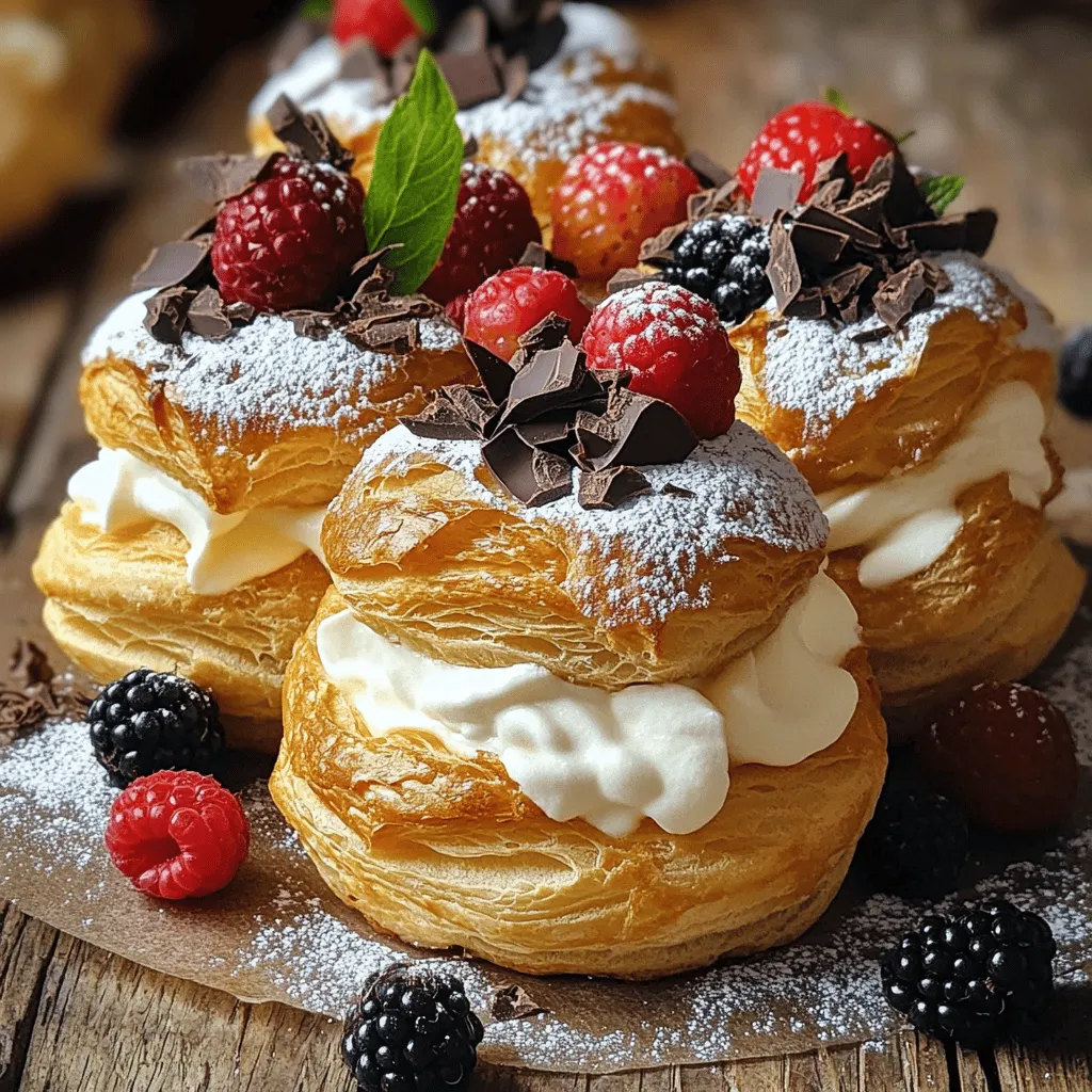 To make the Easy Cream Puff Cake, gather these key ingredients: - 1 cup water - 1/2 cup unsalted butter - 1 cup all-purpose flour - 1/4 teaspoon salt - 1 teaspoon vanilla extract (for the dough) - 4 large eggs - 1 cup heavy cream - 1/2 cup powdered sugar - 1 teaspoon vanilla extract (for the cream filling) These ingredients work together to create a light and airy cream puff. The water and butter form the base, while the flour and eggs give it structure. The cream and sugar make the filling sweet and fluffy. For a touch of flair, consider these optional garnishes: - Fresh berries - Chocolate shavings These add color and a burst of flavor. They make your Easy Cream Puff Cake look even more inviting. You can use any berries you like. Strawberries, blueberries, or raspberries work well. You will need a few tools to create this dessert: - Medium saucepan - Mixing bowl - Whisk or electric mixer - Pastry bag with a large round tip (or a spoon) - Baking sheet - Parchment paper - Wire rack Having the right tools makes the process smooth. Prepare everything before you start to keep things organized. This will help you enjoy making your Easy Cream Puff Cake even more. For the full recipe, check the details above. Start by preheating your oven to 400°F (200°C). This step is key for baking the cream puffs. While the oven heats, line a baking sheet with parchment paper. This makes it easy to remove the puffs later. In a medium saucepan, mix 1 cup of water and 1/2 cup of unsalted butter. Heat this over medium-high until it boils. Once boiling, remove the saucepan from heat. Quickly mix in 1 cup of all-purpose flour and 1/4 teaspoon of salt. Stir until the dough forms a ball. Let it cool for about 5 minutes. This is important so the eggs don't cook when you add them. Stir in 1 teaspoon of vanilla extract, then mix in the eggs one by one, until smooth and glossy. Using a pastry bag or spoon, drop tablespoon-sized mounds of dough onto the baking sheet. Space them about 2 inches apart. Bake for 25-30 minutes. You want them golden brown and puffed. After baking, let them cool completely on a wire rack. While the puffs cool, prepare the filling. In a mixing bowl, combine 1 cup of heavy cream, 1/2 cup of powdered sugar, and 1 teaspoon of vanilla extract. Whip this mixture until you see soft peaks. This will create a light and fluffy filling. When the cream puffs are cool, slice off the tops. Fill each puff with the whipped cream mixture. Replace the tops gently. For a nice touch, dust with powdered sugar and add fresh berries or chocolate shavings if you like. You can find the full recipe in the earlier section. When making your cream puff cake, watch out for a few key errors: - Overmixing the dough: This can lead to tough puffs. Mix just until smooth. - Underbaking: If you take them out too soon, they won’t rise well. Make sure they are golden brown. - Not spacing the dough: If you place the dough too close, they will stick together. Keep 2 inches between mounds. For light and airy cream puffs, follow these simple tips: - Use room temperature eggs: This helps them mix better into the dough. - Allow dough to cool: Let it cool for 5 minutes before adding eggs. This keeps the puffs from collapsing. - Don’t open the oven door: Opening it can cause the puffs to deflate. Wait until baking time is up. When serving your cream puff cake, consider these fun ideas: - Add fresh berries: They add color and a burst of flavor. - Drizzle chocolate sauce: A sweet touch that makes the cake even more special. - Dust with powdered sugar: This gives a nice finish and enhances the look. For the full recipe and more tips, check the [Full Recipe]. {{image_4}} You can change the filling to match your taste. Here are some ideas: - Chocolate: Use cocoa powder in the cream mix. - Coffee: Add espresso powder for a rich flavor. - Fruit: Mix in pureed fruits like strawberries or mango. - Citrus: Incorporate lemon or orange zest for a fresh kick. Each option makes the cream puffs unique and fun. Feel free to mix flavors too! If you need a gluten-free treat, you can use gluten-free flour. Choose a blend that works well for baking. Here’s how: - Substitute all-purpose flour with a gluten-free blend in equal parts. - Ensure that your other ingredients are also gluten-free, like vanilla extract. These small changes let everyone enjoy this dessert, regardless of dietary needs. Toppings can make your cream puffs even more special. Here are some great ideas: - Caramel Sauce: Drizzle over the top for a sweet finish. - Whipped Cream: Add more whipped cream for extra fluffiness. - Nuts: Sprinkle chopped nuts for a crunchy texture. - Sprinkles: Use colorful sprinkles for a festive look. Each topping can change the feel of the cake and surprise your guests. Enjoy experimenting with your favorites! To keep your cream puff cake fresh, store it in the fridge. Place it in an airtight container. It will stay good for about 2 to 3 days. The whipped cream filling may soften, but the flavors will still shine. If you stack the puffs, use parchment paper to separate them. This prevents sticking. You can freeze cream puffs if you have leftovers. Start by freezing the unfilled puffs. Place them on a baking sheet and freeze until solid. Then, transfer them to a freezer bag. They will last for up to 3 months. When ready to enjoy, just thaw them in the fridge. Then fill them with fresh whipped cream. When reheating, keep it simple. Preheat your oven to 350°F (175°C). Place the cream puffs on a baking sheet. Heat them for about 10 minutes. This method keeps them crisp. Avoid microwaving, as this can make them soggy. Serve warm for the best taste, and add fresh whipped cream just before serving for a delightful treat. For the full recipe, check out the Heavenly Cream Puff Cake! Cream puffs rise due to steam. When you heat the dough, the water turns to steam. This steam pushes against the dough, making it puff up. The eggs in the dough also help create structure. They add strength and keep the puffs airy. For best results, bake them at the right temperature. If they bake too low, they won’t rise well. Yes, you can! Feel free to get creative with fillings. You can use pastry cream, custard, or even ice cream. Try adding fruits or chocolate for extra flavor. Each filling brings a unique taste. Just ensure the filling is light to keep the puff's texture. To avoid soggy cream puffs, cool them well. Let them sit in the oven after baking. This step helps any steam escape. Make sure to fill them right before serving. If you fill them too early, they may get soggy. Storing them in a cool, dry place also helps. Serve your Easy Cream Puff Cake chilled or at room temperature. Stack the filled puffs on a nice plate. Dust them with powdered sugar for a touch of elegance. You can also add berries or chocolate shavings on top. This makes it look appealing and tasty. Enjoy with coffee or tea for a perfect treat! This article covered everything you need for Easy Cream Puff Cake. We discussed the key ingredients, tools, and step-by-step instructions to create the perfect puffs. I shared tips to avoid common mistakes and ideas for fun variations. Remember to store leftovers properly to keep them fresh. With these tips, you can impress everyone with your baking skills. Enjoy making and sharing your Easy Cream Puff Cake!