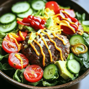 - Ground beef or turkey - Mixed greens - Cherry tomatoes - Cucumber - Pickles The main ingredients for burger bowls create a fresh and satisfying meal. Ground beef or turkey serves as the protein base. You can choose turkey for a lighter option. Mixed greens add crunch and nutrition, while cherry tomatoes bring sweetness. Cucumber adds a refreshing bite, and pickles give a tangy kick. - Shredded sharp cheddar cheese - Ketchup and mustard - Avocado - Optional spicy toppings Toppings and dressings elevate your burger bowl. Shredded sharp cheddar cheese adds creaminess. Ketchup and mustard bring classic burger flavors. Sliced avocado offers richness, while spicy toppings like jalapeños can add heat. You can mix and match toppings to suit your taste. - Garlic powder - Onion powder - Smoked paprika - Salt and pepper Seasonings and flavors make all the difference. Garlic powder and onion powder enhance the meat’s taste. Smoked paprika adds depth and a hint of smokiness. Salt and pepper are key for balance. Together, these seasonings create a delicious base for your burger bowls. For the full recipe, be sure to check out the complete guide! To start, I mix the ground meat with spices. For this, I use garlic powder, onion powder, and smoked paprika. I also add salt and pepper. Place the ground beef or turkey in a bowl. Then, sprinkle the spices over the meat. Use your hands or a spoon to mix everything well. Make sure the spices spread evenly throughout the meat. This step makes your patties flavorful. Next, heat a skillet over medium-high heat. You want it hot but not smoking. While it heats, shape the meat into small patties. Each should be about 2-3 inches wide. Place the patties in the hot skillet. Cook each side for about 3-4 minutes. You can check doneness with a meat thermometer. The center should reach 160°F for beef. For turkey, check it’s 165°F. This ensures your patties are safe to eat. Now it’s time to build your burger bowl. Start with a generous base of mixed greens. I like a blend of romaine, spinach, and arugula for texture. Lay the greens in a large dish or individual bowls. Next, carefully place the cooked burger patties on top. This adds height and flavor. Then, arrange your toppings for a colorful look. I like to use cherry tomatoes, diced cucumber, sliced pickles, and shredded cheddar cheese. Finally, add avocado slices for creaminess. Drizzle the salad with ketchup and mustard. You can use your favorite dressing too. For a spicy kick, add sliced jalapeños on top. All these steps come together to create a beautiful and tasty meal. For the complete guide, check the Full Recipe. To cook your burger patties perfectly, use a non-stick skillet. Heat it to medium-high. This helps create a nice sear. Form your meat into 2-3 inch circles. Cook them for about 3-4 minutes per side. Check their color for browning. Use a meat thermometer; it should read 160°F for beef. To avoid overcooking, keep an eye on the time. Flip the patty only once for a nice crust. Let the patties rest for a few minutes after cooking. This keeps them juicy inside. You can easily switch proteins in your burger bowl. Try ground turkey for a leaner taste. For a vegetarian option, use black beans or lentils. They provide great flavor and texture. Adding seasonal vegetables can enhance your bowl. In the summer, throw in some corn and zucchini. In the fall, roasted butternut squash works well. This keeps your meal fresh and exciting. For a stunning bowl, layer your ingredients. Start with a generous base of mixed greens. Place the patties on top, then add toppings around them. This creates a colorful display. When serving at parties, use larger bowls for sharing. Arrange toppings separately to let guests customize their bowls. This makes it fun and interactive. Everyone can mix flavors to their taste. For more details on how to make a burger bowl, check out the Full Recipe. {{image_4}} For a tasty vegetarian burger bowl, you can use plant-based proteins. Options like black beans or lentils work well. They add protein and fiber. You can also try quinoa or chickpeas. These grains and legumes will fill you up while keeping it meat-free. To enhance flavors, load up on fresh vegetables. Roasted bell peppers, zucchini, and corn give a sweet touch. You can add colorful cherry tomatoes for freshness. Don't forget greens like spinach or kale for crunch. If you prefer a keto-friendly burger bowl, focus on low-carb toppings. Instead of traditional buns, use leafy greens as a base. Spinach or romaine lettuce makes a great foundation. For toppings, think cheese, avocado, and olives. These add healthy fats and flavor without the carbs. You can even add sautéed mushrooms for extra taste. When it comes to dressings, choose options without sugars. Olive oil and vinegar work great. You can also try a homemade ranch with yogurt, dill, and garlic powder. Exploring international flavors can spice up your burger bowl. For a Mexican twist, add black beans, corn, and avocado. Top with salsa for a kick. For an Italian flair, use pesto and fresh mozzarella. Cherry tomatoes and basil will bring a fresh taste. You can also sprinkle some balsamic glaze for sweetness. Asian-inspired bowls can include teriyaki sauce and sesame seeds. Add shredded carrots and edamame for color. Unique toppings can elevate your dish and keep it exciting. With these variations, you can enjoy burger bowls packed with flavor and creativity. Don't forget to check the Full Recipe for a delicious base to start from! To keep your Burger Bowls fresh, use airtight containers. Glass or plastic containers work well. Store all parts separately if you can. This prevents soggy toppings. Keep the patties, greens, and toppings in their own spots. You can safely refrigerate leftovers for about three days. Make sure to eat them within this time for the best taste. When reheating patties, use a skillet or microwave. A skillet gives the best flavor. Heat it on medium until warm, about 3-4 minutes. For the microwave, use short bursts of heat, around 30 seconds at a time. To keep toppings fresh, add them after reheating. This way, your greens and avocado stay crisp and tasty. If you want to freeze Burger Bowls, wrap the patties well. Use freezer-safe bags or wrap them in foil. You can freeze them for up to three months. When you’re ready to eat, thaw them overnight in the fridge. Reheat as mentioned above. Avoid freezing toppings like greens or avocado, as they won’t taste good after thawing. A burger bowl is a fun twist on a classic burger. It has all the tasty parts of a burger but served in a bowl. Instead of a bun, you use mixed greens as the base. You add cooked burger patties and top it with veggies and sauces. It’s a fresh and healthy meal. Yes, you can use many types of meat. Ground turkey is a leaner choice. You can also try ground chicken or even lamb for a unique flavor. If you prefer plant-based options, use black beans or veggie patties. Each option brings a different taste. Meal prep is easy with burger bowls. Cook the meat ahead and store it in the fridge. You can also chop veggies early. Keep the greens separate from the meat and toppings until you serve. This keeps everything fresh and tasty. There are many fun toppings to explore. Some popular choices include: - Sliced avocado - Shredded cheese - Pickles - Cherry tomatoes - Diced cucumbers - Sliced jalapeños for heat Feel free to mix and match. You can make it unique each time. To get gourmet flavors, start with high-quality meat. Use fresh herbs and spices. Cook the patties carefully to keep them juicy. Arrange your toppings beautifully. Drizzle your favorite sauces for extra flavor. This will give you that restaurant feel at home. Many eateries offer burger bowls on their menus. Look for local burger joints or salad places. They often have creative versions with unique toppings. Check online reviews to find the best spots near you. You can also find a full recipe to try at home! From fresh ingredients to cooking tips, burger bowls are fun to make. Start with your choice of meat, layers of greens, and tasty toppings. Remember to season well for great flavor. Customize your bowl however you like, even try international styles! Store leftovers properly and use reheating tips to enjoy later. Burger bowls are easy, delicious, and perfect for any meal. Dive into this dish and enjoy every bite!