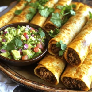 - 1 lb ground beef - 1 small onion, finely chopped - 2 cloves garlic, minced - Spices: ground cumin and smoked paprika - Corn tortillas (10) - Vegetable oil for frying - 1 ripe avocado, diced - 1 medium tomato, diced - 1/4 cup red onion, finely chopped - 1 jalapeño, seeded and minced - Juice of 1 lime - Salt to taste - Fresh cilantro, chopped - Optional: sour cream or crumbled queso fresco The main ingredients for beef flautas are simple yet full of flavor. You start with one pound of ground beef. Add a small onion and two cloves of garlic for depth. The spices, ground cumin and smoked paprika, give the filling warmth and a smoky taste. Corn tortillas are key to making flautas. You will need about ten of them. The vegetable oil is essential for frying. It creates that crispy texture on the outside. For the avocado salsa, you need one ripe avocado, one medium tomato, and a quarter cup of red onion. One jalapeño adds a nice kick, while the lime juice and salt balance the flavors. When you garnish, fresh cilantro adds a bright touch. You can also add sour cream or crumbled queso fresco for richness. This combination of ingredients makes beef flautas a crispy and flavorful treat you can enjoy at home. For the full recipe, check out the details above. - Sauté ground beef, onion, and garlic. - Cook until the beef browns and the onion softens. - Season with ground cumin and smoked paprika. - Stir well and cook for two more minutes. - Cool filling slightly before assembly. - Combine diced avocado, tomato, red onion, and jalapeño. - Add lime juice and salt, gently mix. - Be careful not to mash the avocado. - Warm tortillas for flexibility. - Fill and roll tortillas tightly around the beef filling. - Fry until golden brown and crispy. - Cook in hot oil for about three to four minutes. - Drain excess oil on a paper towel. For detailed instructions, check the Full Recipe. When making beef flautas, start with quality ground beef. Use 80/20 beef for the best flavor and juiciness. Leaner beef can turn out dry. Next, season your beef well. A mix of ground cumin and smoked paprika gives the filling depth. Don’t forget to add salt and pepper to taste. Taste your filling before rolling it in the tortillas. It should be flavorful and vibrant. Frying flautas requires the right oil temperature. Heat your oil to about 350°F (175°C). If the oil is too cold, the flautas will absorb too much oil. If it’s too hot, they will burn. Test the oil with a small piece of tortilla. It should bubble and sizzle right away. Fry only a few flautas at a time. This prevents overcrowding, which can lead to soggy flautas. Cook them until golden brown, about 3-4 minutes per side. For an appealing presentation, arrange the crispy flautas on a large platter. Garnish with chopped fresh cilantro to add color. Serve with a bowl of avocado salsa for dipping. You can also add a side of sour cream or crumbled queso fresco for extra flavor. Arranging the flautas in a fan shape makes them look even more inviting. Enjoy your delicious creation! {{image_4}} You can switch the beef for other proteins. Chicken works great and is very tasty. Use shredded chicken for a nice texture. Pork is another option; it adds a rich flavor. If you prefer plant-based meals, try beans, lentils, or mushrooms for a vegetarian filling. These options keep the dish fun and fresh. Salsas can change the game for your flautas. A simple tomato salsa gives a bright taste. Corn salsa adds a sweet crunch that pairs well. If you enjoy heat, try a spicy chipotle dip. You can mix and match these dips to find what you love best. Each dip adds a new layer of flavor to your dish. Choosing the right tortilla matters. Corn tortillas are classic for flautas. They bring a nice corn flavor and stay crispy when fried. However, they can break easily if not warmed up. Flour tortillas are softer and hold more fillings. They don't crisp up as much but offer a chewy texture. Both types have their perks, so try them and see which you prefer! To keep leftover flautas fresh, store them in an airtight container. This helps to lock in flavor and moisture. Place a paper towel inside the container to absorb any extra oil. You can keep them in the fridge for up to three days. After that, they may lose their crispiness and taste. To reheat your flautas and keep them crispy, use the oven. Preheat the oven to 375°F (190°C). Place the flautas on a baking sheet lined with parchment paper. Bake for about 10-15 minutes, flipping halfway through. This method restores their crunch and warms them evenly. Yes, you can freeze beef flautas! To do this, let them cool completely. Then, place them in a single layer on a baking sheet. Freeze until solid, then transfer them to a freezer bag. They can last in the freezer for up to three months. To thaw, move them to the fridge overnight before reheating. This keeps them tasty and fresh. Enjoy your flautas later with ease! To make beef flautas, start by cooking the filling. In a skillet, add ground beef, chopped onion, and minced garlic. Sauté this for about five minutes until the beef is brown. Then, add ground cumin, smoked paprika, salt, and pepper. Stir and cook for two more minutes. Next, warm corn tortillas in the microwave or on a pan. Spoon the beef filling onto each tortilla and roll them tightly. Finally, fry the rolled flautas in hot oil until golden brown. For detailed steps, check the Full Recipe. Flautas and taquitos are similar but have key differences. Flautas use larger corn tortillas, while taquitos use smaller ones. Flautas are usually rolled tightly and fried until very crispy. Taquitos may be less crispy and can be softer. Both are delicious, but the size and texture set them apart. Yes, you can bake flautas for a healthier option. Preheat your oven to 400°F (200°C). Place the rolled flautas on a baking sheet lined with parchment paper. Brush them lightly with oil to help them crisp. Bake for about 15-20 minutes, flipping halfway through. They will not be as crispy as fried flautas but still tasty. Flautas pair well with various sides. Here are some great options: - Guacamole: Creamy and rich, it adds flavor. - Sour Cream: A cooling dip that balances the spices. - Pico de Gallo: Fresh and zesty, it complements the beef. - Mexican Rice: A hearty side that fills you up. - Refried Beans: Creamy and savory, they make a great match. These sides enhance the meal and offer variety in flavors and textures. Beef flautas are tasty and easy to make at home. We covered the key ingredients, including ground beef, tortillas, and a fresh avocado salsa. You learned how to prepare, fill, and fry these delicious treats. Remember to keep your oil hot for the best crisp. Don’t hesitate to try different fillings or toppings. Whether shared at a gathering or enjoyed alone, beef flautas are sure to impress. Happy cooking!