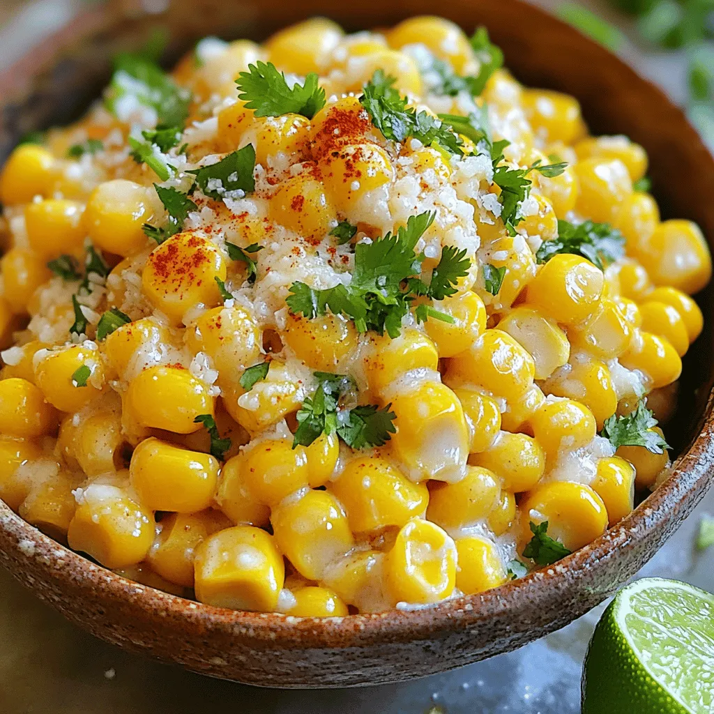 To make irresistible garlic butter corn with cheese, you need a few simple ingredients: - 4 ears of fresh corn, husked and cleaned - 4 tablespoons unsalted butter - 4 cloves garlic, minced - 1 teaspoon smoked paprika - 1 cup freshly grated Parmesan cheese - 1/2 cup fresh cilantro or parsley, finely chopped - Juice of 1 lime - Salt and freshly ground black pepper to taste These ingredients work together to create a dish that is rich and full of flavor. The corn gives you a sweet crunch, while the butter and garlic add depth. The Parmesan cheese melts in, making everything creamy and delicious. You can customize your garlic butter corn to suit your taste. Here are some fun ideas: - Add diced jalapeños for a spicy kick. - Mix in cooked bacon bits for a smoky flavor. - Use different cheeses like feta or cheddar for a twist. - Toss in some cherry tomatoes for extra color and freshness. Feel free to experiment with these options to make the dish your own. Seasoning is key to making this dish shine. Here are some suggestions: - Try adding cayenne pepper for heat. - Use fresh lime zest for extra zing. - A sprinkle of chili powder adds warmth. - Fresh herbs like basil or oregano can add a garden touch. These seasonings can elevate your garlic butter corn and make it even more special. Enjoy experimenting! For the full recipe, check out the complete instructions in the main article. Start by filling a large pot with water. Add a good amount of salt. Bring the water to a boil. Once boiling, add the husked corn. Cook for 5 to 7 minutes. The corn should be tender but still crisp. After cooking, take the corn out and let it cool. You want it cool enough to handle safely. While the corn is cooling, make the garlic butter. Take a small saucepan and heat it over medium heat. Add the unsalted butter and let it melt. Once it melts, add the minced garlic. Sauté the garlic for 1 to 2 minutes. It should smell great but not brown. After that, remove the pan from heat. Stir in the smoked paprika, lime juice, salt, and pepper. This mixture will add so much flavor to the corn. Once the corn is cool, use a sharp knife to cut off the kernels. Cut close to the cob to get the most kernels. Put the kernels in a mixing bowl. Drizzle the garlic butter mixture over the warm corn. Toss gently to coat every kernel. Now, fold in the grated Parmesan cheese and chopped cilantro or parsley. Mix until everything is well combined. Taste your dish and add more salt or pepper if needed. Serve the garlic butter corn warm. For a nice touch, add extra cheese and cilantro on top. Enjoy this delightful dish! For the complete recipe, see the Full Recipe section. To cook corn perfectly, start with fresh ears. Look for bright green husks and moist silk. Bring a large pot of water to a boil. Add a good amount of salt for flavor. Cook the corn for 5-7 minutes. Keep an eye on it; you want it tender, not mushy. Once done, cool the corn slightly before cutting. Garlic butter is key to boosting flavors. Use fresh garlic for the best taste. I like to add smoked paprika for a hint of warmth. Lime juice adds a zesty kick. Don’t forget to season with salt and pepper. Taste your mix and adjust as needed. Fresh herbs, like cilantro, bring brightness. They balance the rich cheese and butter. Presentation can make your dish pop. Serve the corn in a vibrant bowl. For a fun twist, use a wooden board. Top with extra grated cheese. A sprinkle of fresh herbs adds color. Lime wedges on the side invite guests to squeeze more juice. This makes your dish more interactive and appealing. For the full recipe, check out the instructions above. {{image_4}} If you want a vegetarian twist, skip the cheese. You can use nutritional yeast for a cheesy flavor without dairy. It adds a nice umami taste. You can also add extra veggies. Try bell peppers, zucchini, or even spinach. They bring color and nutrients to the dish. While Parmesan shines in this recipe, you can try other cheeses. Feta adds a tangy bite. Cheddar brings a rich flavor. Goat cheese melts nicely and gives a creamy texture. Experiment with these cheeses to find your favorite mix. Each one adds a unique taste to the garlic butter corn. Don’t be afraid to play with flavors! Add fresh herbs like basil or dill for a fresh taste. A sprinkle of chili flakes gives it a kick. For a sweet touch, mix in some honey or maple syrup. You can also squeeze in more lime juice for brightness. Each addition can change your corn dish into something special. To store leftover garlic butter corn, let it cool first. Place it in an airtight container. You can keep it in the fridge for up to three days. Make sure you seal it well to prevent drying out. When it's time to eat, reheat the corn on the stove. Add a splash of water to keep it moist. Heat on low until warm. You can also use a microwave. Place it in a microwave-safe bowl, cover it, and heat in short bursts. Stir between each burst to ensure even warming. If you want to freeze garlic butter corn, follow these steps. First, let it cool down completely. Then, transfer it to freezer bags. Flatten the bags to save space. You can freeze it for up to three months. When you're ready to eat, thaw it in the fridge overnight. Reheat as mentioned above for the best flavor. For the full recipe, check out the detailed instructions above. To make this recipe dairy-free, replace the butter with a plant-based alternative. Use olive oil or coconut oil for a rich flavor. For cheese, try a dairy-free cheese that melts well, like cashew cheese or a store-bought vegan option. Yes, you can use frozen corn! Just thaw the corn before cooking. You can skip the boiling step since frozen corn is already cooked. Sauté the thawed corn directly in the garlic butter mixture until heated through. This garlic butter corn pairs well with grilled chicken or fish. You can also serve it alongside steak or as a side with tacos. The rich flavor of the corn complements many main dishes beautifully. Enjoy it with a fresh salad for a complete meal. For those who want to dive deeper into the flavors, check out the [Full Recipe] for all the details! This blog post covered the key ingredients, step-by-step instructions, and tips for making garlic butter corn with cheese. We explored variations like vegetarian options and flavor combinations. Remember to store leftovers properly and reheating them right keeps the taste alive. Garlic butter corn is simple yet full of flavor. It's great for meals and parties. Try it your way, and enjoy the fun of cooking!