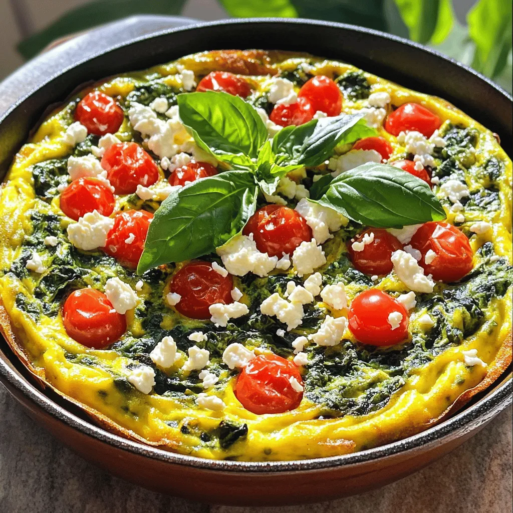 To make a delicious spinach frittata, you need fresh and simple ingredients. Here’s what you will need: - 6 large eggs - 1 cup fresh spinach, chopped - 1/2 cup cherry tomatoes, halved - 1/2 cup feta cheese, crumbled - 1/4 cup onion, finely chopped - 2 cloves garlic, minced - 2 tablespoons olive oil - Salt and pepper to taste - Fresh basil leaves for garnish (optional) These ingredients blend well to create a tasty dish. I love how the eggs create a fluffy texture while the spinach adds a vibrant green color. The feta cheese gives it a nice salty kick. You can find all these ingredients at your local market. For the full recipe, check out the Spinach Frittata Delight. First, gather all your ingredients. You will need eggs, spinach, cherry tomatoes, feta cheese, onion, garlic, olive oil, salt, and pepper. Having everything ready makes cooking easy. 1. Preheat your oven to 375°F (190°C). 2. Crack the eggs into a large bowl. Whisk them well until they blend nicely. Add salt and pepper to taste. 3. Heat olive oil in an oven-safe skillet over medium heat. 4. Add the chopped onion and sauté for 2-3 minutes until it becomes soft. 5. Mix in the minced garlic and cook for 1 more minute. 6. Add the chopped spinach and stir until it wilts, about 2 minutes. 7. Fold in the halved cherry tomatoes. 8. Pour the whisked eggs over the veggies, covering them evenly. 9. Sprinkle crumbled feta cheese on top. 10. Cook on the stovetop for 4-5 minutes until the edges are firm but the center is still jiggly. 11. Move the skillet to the oven and bake for 12-15 minutes until set and lightly browned. 12. Remove the skillet from the oven and let it cool for a few minutes before slicing. 13. Garnish with fresh basil leaves if you like. - Use a non-stick skillet to prevent sticking. - Keep the heat medium to avoid burning the bottom. - Let the frittata cool slightly before cutting to keep its shape. - Experiment with different veggies or cheeses for variety. For the complete recipe, click on [Full Recipe]. Enjoy your cooking! To make a great spinach frittata, follow these tips: - Use fresh eggs for the best flavor. - Whisk the eggs well to add air. This helps the frittata rise. - Preheat your oven to 375°F (190°C) before cooking. This ensures even baking. - Sauté vegetables until soft but not brown. This keeps their flavors fresh. - Pour the egg mixture slowly over the veggies to cover them evenly. - Cook on the stovetop until the edges are firm and the center is slightly jiggly. Avoid these common pitfalls: - Don’t overbeat the eggs. This can make the frittata tough. - Avoid cooking on high heat. It can burn the bottom before the center sets. - Do not skip the baking step. This step helps the frittata set evenly. - Don’t overcrowd the skillet with veggies. This can lead to uneven cooking. To boost the flavor of your frittata, try these ideas: - Add herbs like parsley or chives for freshness. - Use different cheeses like cheddar or goat cheese for a twist. - Mix in cooked meats like ham or bacon for extra protein. - Incorporate spices like paprika or chili flakes for a kick. - Serve with a side of salsa or hot sauce for added zest. For the full recipe, check out the Spinach Frittata Delight. Enjoy your cooking! {{image_4}} You can change ingredients to make your frittata unique. Try using kale or Swiss chard instead of spinach. You can also add bell peppers, mushrooms, or zucchini for extra flavor. For a protein boost, mix in cooked bacon, sausage, or ham. These swaps keep your dish fresh and exciting. Cheese adds creaminess and flavor to your frittata. While feta is great, you can use other cheeses too. Goat cheese gives a tangy taste, while cheddar adds sharpness. Mozzarella melts well and creates a lovely texture. Experiment with your favorite cheeses for a personal touch. Serve your frittata warm or at room temperature. You can dress it up with a sauce. A dollop of sour cream or yogurt adds creaminess. A drizzle of hot sauce can give it a kick. Pair your frittata with a light salad for a healthy meal. Check the Full Recipe for more ideas on how to enjoy this dish. Store leftover spinach frittata in an airtight container. Make sure it cools first. Place it in the fridge. It will stay fresh for 3 to 4 days. If you want to keep it longer, consider freezing it. To reheat, preheat your oven to 350°F (175°C). Place the frittata on a baking tray. Cover it with foil to keep it moist. Bake for about 10 to 15 minutes. You can also reheat in the microwave. Heat it on medium for about 1 to 2 minutes. To freeze, slice the frittata first. Wrap each slice tightly in plastic wrap. Then, place the slices in a freezer bag. This way, you can take out only what you need. It will last for 2 to 3 months in the freezer. When ready to eat, thaw overnight in the fridge before reheating. For more detailed instructions, check the Full Recipe. You can tell the frittata is cooked when the edges look firm and the center is set. A good test is to gently shake the pan. If the center jiggles a little, give it more time. The top should also be lightly browned. Use a toothpick to check; it should come out clean when inserted in the middle. Yes, you can make a spinach frittata ahead of time. Just cook it, let it cool, and then store it in the fridge. Cover it well with plastic wrap or foil. It will stay fresh for up to three days. You can reheat it in the oven or microwave when you are ready to eat. Frittatas pair well with many side dishes. Fresh fruit salad adds brightness. A green salad offers a nice crunch. Whole grain toast provides good texture and flavor. If you like, serve it with a dollop of yogurt or a light sauce for extra taste. For more ideas, check the Full Recipe! A spinach frittata is easy and tasty. We covered the key ingredients, cooking steps, and storage tips. I shared best practices to avoid mistakes and explore flavor options. Frittatas are great for meals any time of day. You can customize them with your favorite veggies and cheeses. Enjoy making this healthy dish that can be shared or stored for later. It's simple and rewarding to create. Now, grab your ingredients and start cooking!