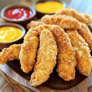 To make buttermilk chicken tenders, you need fresh, quality items. Here are the main ingredients: - 1 lb chicken breast, cut into strips - 1 cup buttermilk - 1 teaspoon garlic powder - 1 teaspoon onion powder - 1 teaspoon paprika - 1 teaspoon salt - 1/2 teaspoon black pepper - 1 cup all-purpose flour - 1 cup Panko breadcrumbs - 1/2 teaspoon dried oregano - Oil for frying I recommend using chicken breasts for tender, juicy results. Look for organic, free-range chicken when possible. This choice enhances flavor and supports sustainable farming. Chicken thighs can also work well. They offer a richer taste, but they can be a bit fattier. Choose what you like best! You’ll need a few pantry staples for this recipe. Keep these on hand: - Garlic powder - Onion powder - Paprika - Salt - Black pepper - All-purpose flour - Panko breadcrumbs - Dried oregano - Cooking oil These ingredients make your chicken tenders flavorful and crispy. For the full recipe, refer to the beginning of this article. To start, we need to marinate the chicken. Grab a large bowl. In it, mix the buttermilk, garlic powder, onion powder, paprika, salt, and black pepper. Stir until it's smooth. Add the chicken strips to the bowl, making sure every piece is coated well. Cover the bowl with plastic wrap or a lid. Place it in the fridge for at least two hours. If you want a stronger flavor, let it marinate overnight. Now let’s set up the breading station. You will need two shallow dishes. In the first one, pour the all-purpose flour. In the second, mix the Panko breadcrumbs with dried oregano. This adds extra flavor and crunch. When your chicken is ready from the fridge, take it out. Let the excess buttermilk drip off each strip before coating. Here comes the fun part—coating the chicken! First, take a chicken strip and dip it into the flour. Make sure it’s fully covered, then shake off the extra. Next, dip it back into the buttermilk for a second coating. Finally, roll it in the Panko mix. Press lightly so it sticks well. Repeat this for all the strips. For frying, heat a large skillet. Add enough oil to reach about half an inch deep. Turn the heat to medium-high. To check if the oil is ready, drop in a few breadcrumbs. If they sizzle, you’re good to go. Carefully add the coated chicken strips in batches. Don’t crowd the pan; this keeps the oil hot. Fry each side for about 4-5 minutes until golden brown. The chicken should reach 165°F inside. Once the chicken is done, remove it from the skillet. Use a slotted spoon or tongs to lift it out. Place the strips on a paper towel-lined plate. This helps soak up extra oil. Serve the crispy chicken tenders warm. Offer dipping sauces like honey mustard or ranch. You can even try spicy sriracha mayo for a kick! Enjoy your delicious meal! For the full recipe, refer to the Crispy Buttermilk Chicken Tenders section. Marinating chicken in buttermilk makes it juicy and tender. Use a bowl big enough for all the chicken. Mix buttermilk with garlic powder, onion powder, paprika, salt, and pepper. Stir until smooth. Add chicken strips and cover. Chill it in the fridge for at least two hours. The longer you marinate, the more flavor it gets. Overnight is best for deep flavor. To get that extra crunch, use Panko breadcrumbs. They give a nice texture. First, coat the chicken in flour. Shake off the extra flour. Then, dip it back into the buttermilk. Finally, roll it in the Panko mixture. Press down a bit to make sure it sticks well. This double coating helps create a crunchy crust when fried. If your chicken isn't crispy, check the oil temperature. If it's too low, the coating will soak up oil. Aim for 350°F to 375°F. If the coating falls off, ensure each piece is coated well. Avoid overcrowding the pan while frying. This keeps the oil hot and helps the chicken cook evenly. If you're unsure about cooking time, use a meat thermometer. The chicken should reach 165°F for safety. For the full recipe, refer to the provided instructions. {{image_4}} You can elevate your buttermilk chicken tenders with extra flavors. Try adding herbs like thyme or rosemary to the marinade. This adds a fresh twist that makes each bite special. You can also experiment with spices. A pinch of cayenne or chili powder gives a nice kick. If you want a sweet touch, mix in some honey or brown sugar. This balance of sweet and savory brings joy to your meal. Not everyone wants to fry their chicken. Baking or air frying works great too. For baking, preheat your oven to 425°F. Place the breaded chicken on a lined baking sheet. Spray them lightly with cooking oil for a crispier finish. Bake for about 20-25 minutes, flipping halfway through. For air frying, set your air fryer to 400°F. Cook the chicken tenders in a single layer for 10-12 minutes, shaking halfway. Both methods keep the chicken tender and juicy. Dipping sauces can change your meal completely. Classic honey mustard pairs well with these tenders. Its sweetness complements the savory chicken. Ranch dressing is another favorite for its creamy texture. If you love heat, try sriracha mayo or buffalo sauce. Each sauce adds a new layer of flavor. You can even create a dipping sauce bar for fun! After you enjoy your buttermilk chicken tenders, store any leftovers quickly. Place them in an airtight container. This helps keep them fresh. If you leave them out, they can spoil fast. Make sure they cool to room temperature before sealing. Store in the fridge for up to three days. When you reheat your chicken tenders, aim for that crispy texture. Do not use the microwave, as it can make them soggy. Instead, use an oven or an air fryer. Preheat your oven to 375°F (190°C). Place the tenders on a baking sheet. Heat for about 10-15 minutes, until they are hot and crispy again. You can also lightly spray them with oil for extra crunch. Freezing buttermilk chicken tenders is easy. First, let them cool completely. Then, wrap each piece in plastic wrap. Place the wrapped tenders in a freezer bag or container. Squeeze out excess air to prevent freezer burn. They can stay good for up to three months. When ready to eat, thaw them in the fridge overnight before reheating. For the best taste, cook them fresh. You can find the full recipe in this article for a step-by-step guide when you decide to make them again! You can use milk mixed with vinegar or lemon juice. Just mix one cup of milk with one tablespoon of vinegar or lemon juice. Let it sit for five to ten minutes. This creates a similar tangy flavor and texture. Marinate the chicken for at least two hours. For best flavor, try to marinate it overnight. This allows the buttermilk to tenderize the meat and infuse it with flavor. Yes, chicken thighs work well too. They are juicier and more flavorful. Just make sure to adjust the cooking time if they are thicker. Heat the oil to around 350°F. This temperature helps the chicken become crispy without burning. You can check the heat by dropping a bit of bread into the oil; it should sizzle right away. Use a meat thermometer to check the internal temperature. It should reach 165°F. If you cut into the chicken, the juices should run clear, not pink. In this blog post, we explored how to make buttermilk chicken tenders. I covered essential ingredients, marinade tips, and frying techniques. You learned about variations and how to store leftovers. Cooking chicken tenders can be fun and tasty with the right steps. Don’t be afraid to experiment with flavors. Enjoy your homemade chicken tenders with your favorite dips. They are sure to impress!