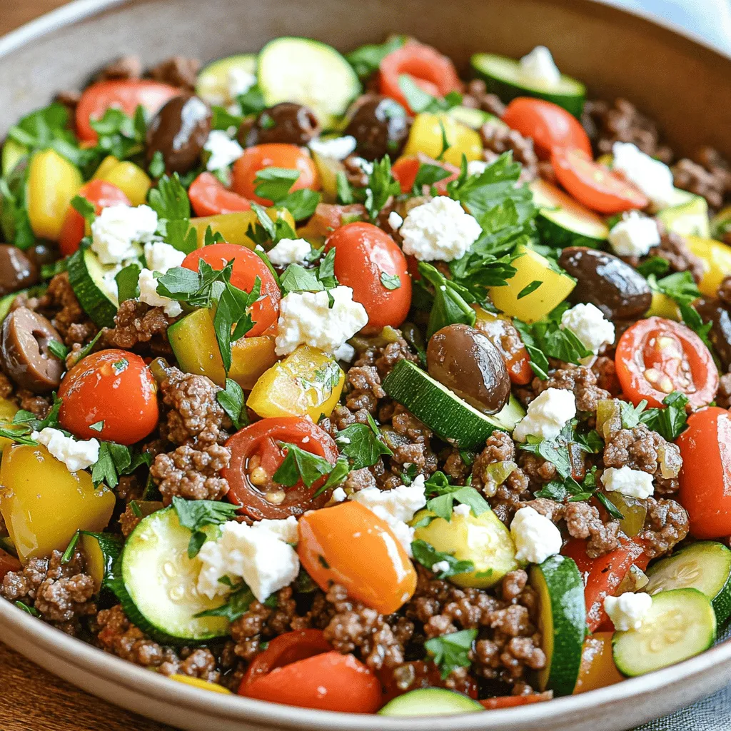 - 1 lb ground beef - 1 tablespoon olive oil - 1 medium onion, diced - 3 cloves garlic, minced - 1 bell pepper, sliced (any color) - 1 medium zucchini, sliced - 1 cup cherry tomatoes, halved - 1 teaspoon dried oregano - 1 teaspoon smoked paprika - Salt and freshly ground black pepper to taste The main star of this dish is ground beef. It’s rich and satisfying. Fresh vegetables add color and crunch. I love using bell peppers and zucchini. They bring a nice texture and taste. The spices, like oregano and smoked paprika, add depth. Salt and pepper finish off the flavor. - 1/4 cup kalamata olives, sliced - 1/4 cup feta cheese, crumbled - Fresh parsley, chopped, for garnish For an extra punch, add kalamata olives. They bring a briny taste that complements the beef. Feta cheese adds creaminess and tang. I also like to sprinkle fresh parsley on top. It brightens the dish and looks great. - Large skillet - Spatula - Measuring cups and spoons You’ll need a large skillet to cook the beef and veggies. A spatula helps to mix everything well. Measuring cups and spoons ensure you get the right amounts. This way, your dish turns out just right. Follow the [Full Recipe] for the complete cooking guide. - Start by chopping and slicing your vegetables. Dice the onion into small pieces. Slice the bell pepper and zucchini thinly. Halve the cherry tomatoes. This helps them cook evenly. - Next, measure out your spices. You will need one teaspoon of dried oregano and one teaspoon of smoked paprika. Having everything ready makes cooking smooth and easy. - In a large skillet, heat one tablespoon of olive oil over medium heat. Once the oil is hot, add the diced onion. Sauté the onion for about 3-4 minutes until it turns translucent and slightly golden. - Add three minced garlic cloves to the skillet. Cook for another minute until the garlic smells fragrant. This step builds a strong flavor base. - Now, raise the heat to medium-high and add one pound of ground beef. Cook this for 5-7 minutes, breaking it apart with a spatula. The beef should brown evenly. - Stir in the sliced bell pepper and zucchini. Continue to stir-fry for 4-5 minutes until the vegetables are tender and vibrant. They should still have a nice crunch. - Mix in the halved cherry tomatoes, dried oregano, smoked paprika, and season with salt and black pepper. Cook for another 3-4 minutes until the tomatoes soften and release their juices. - Remove the skillet from the heat. Gently fold in 1/4 cup of sliced kalamata olives. This adds a salty, briny flavor that pairs well. - Serve your stir fry warm. Top each serving with crumbled feta cheese and freshly chopped parsley. This adds a burst of flavor and color. For a complete meal, pair it with warm pita bread or fluffy couscous. Check out the Full Recipe for more details on ingredients and cooking times! To make the beef just right, use lean ground beef. This helps keep the texture tender. Brown the beef over medium-high heat. This gives it a nice crust. Stir often to break it up and cook evenly. Add your vegetables in stages. Start with the onions and garlic. These need time to soften and release their flavors. After a few minutes, add the bell pepper and zucchini. They should stay crisp and colorful. Finally, toss in the cherry tomatoes. They cook quickly and add sweetness. Marinating the beef can add depth to the flavor. A simple mix of olive oil, lemon juice, and garlic works well. Let it sit for about 30 minutes before cooking. This allows the flavors to soak in. Don’t be afraid to play with spices. Try adding cumin or coriander for warmth. A pinch of cinnamon can bring a new layer of flavor. Taste as you go to find your perfect mix. To make your dish pop, use shallow bowls for serving. This gives it a nice look. Top each bowl with extra feta cheese. The white color contrasts well with the other ingredients. A sprinkle of freshly chopped parsley adds a burst of green. Serving it with warm pita bread or couscous makes a great meal. These sides soak up the juices and add texture. For the full recipe, check the details above. {{image_4}} You can change the protein in this dish easily. Ground turkey is a great option. It cooks well and has a mild flavor. It pairs nicely with the spices. For a plant-based option, try plant-based ground beef. It mimics the texture of meat. Both choices keep the dish healthy and tasty. Feel free to mix in seasonal vegetables. Think carrots, asparagus, or even spinach! These add color and nutrition. If you have picky eaters, swap out the bell pepper for something milder, like peas or corn. You can also chop veggies smaller to hide them better. Want some heat? Add red pepper flakes for a kick. Start with a pinch, then taste and add more if needed. You can also use hot sauce. Drizzle it in while cooking or serve it on the side. This way, everyone can adjust the spice level to their liking. For the full recipe, check the earlier section. To keep your Mediterranean Ground Beef Stir Fry fresh, use airtight containers. Glass or BPA-free plastic containers work best. Label them with the date to track freshness. Store leftovers in the fridge for up to three days. This helps maintain taste and texture. You can reheat your stir fry in two ways: in the microwave or on the stovetop. If using the microwave, place the stir fry in a microwave-safe dish. Cover it with a microwave-safe lid or paper towel. Heat for about one to two minutes. Stir halfway through to ensure even heating. For stovetop reheating, place the stir fry in a skillet over low heat. Stir often until warmed through. This keeps the dish from drying out. If you want to store the stir fry for longer, freezing is a great option. Allow the dish to cool completely before freezing. Portion it into freezer-safe bags or containers. Remove as much air as possible to avoid freezer burn. Store it in the freezer for up to three months. When you're ready to eat, thaw it overnight in the fridge. Reheat it on the stovetop for the best flavor. You can pair this stir fry with several delicious sides. Here are some best options: - Warm pita bread: Soft and fluffy, it’s perfect for scooping up the stir fry. - Couscous: This light and fluffy grain adds a nice texture to the meal. - Rice: Serve it with white or brown rice for a hearty option. - Greek salad: A fresh salad can balance the rich flavors of the stir fry. - Roasted vegetables: Try seasonal veggies for a colorful side. Pairing options can elevate your meal. You might add: - Tzatziki sauce: A creamy yogurt dip adds a refreshing touch. - Hummus: This chickpea dip complements the flavors well. - Grilled lemon wedges: A squeeze of lemon brightens every bite. Yes, you can make this dish ahead of time! Meal prep makes life easier. Here are some suggestions: - Cook the stir fry: Prepare it completely, then cool it down before storing. - Store in an airtight container: Keep it in the fridge for up to three days. - Reheat before serving: Heat it in a skillet or microwave until hot. Storing cooked stir fry is simple. Just: - Let it cool: Avoid placing hot food in the fridge. - Use proper containers: Glass or BPA-free plastic works well. - Keep it sealed: This helps maintain flavor and freshness. You can easily swap out ground beef for other options. Here are some alternatives: - Ground turkey: A leaner option that still brings great flavor. - Ground chicken: Mild in taste, it works well with the spices. - Ground lamb: It adds a richer flavor, perfect for Mediterranean dishes. For vegetarian alternatives, consider: - Plant-based ground beef: A great way to keep the same texture. - Chopped mushrooms: They add umami and absorb flavors well. - Lentils: Cooked lentils can provide protein and a hearty feel. Feel free to experiment! Each option gives a unique twist to the dish. For the full recipe, check out my Mediterranean Ground Beef Stir Fry. In summary, you learned how to make a tasty Mediterranean ground beef stir fry. We covered the main ingredients and tools needed. Step-by-step, I guided you through the cooking process. You discovered tips to enhance flavor and even explored variations for your dish. Each part is key to a delicious meal. Use this guide to impress your family and friends. Enjoy your cooking journey!