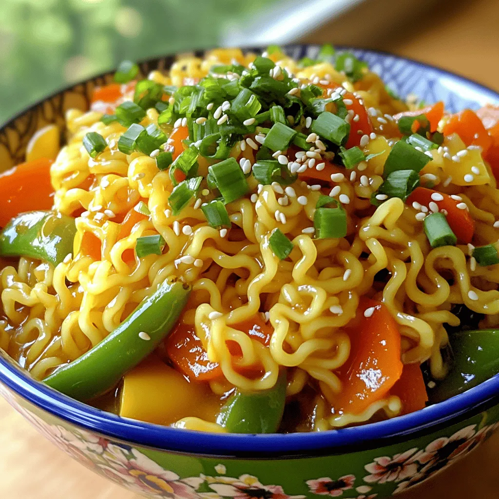 - Instant ramen noodles - Soy sauce - Sesame oil - Chili garlic sauce - Mixed vegetables - Green onions - Creamy peanut butter - Fresh ginger - Garlic - Rice vinegar - Sesame seeds - Medium saucepan - Large skillet or wok - Whisk - Bowls for serving To make Easy Saucy Ramen Noodles, you need the right ingredients and tools. First, grab instant ramen noodles. They cook fast and taste great. Next, gather soy sauce, sesame oil, and chili garlic sauce. These add depth and heat. You will also need mixed vegetables. I love using carrots, bell peppers, and snap peas. They make the dish colorful. Green onions give a fresh crunch. Don’t forget creamy peanut butter. It adds richness. For flavor, use fresh ginger and garlic. Rice vinegar adds a nice tang. Lastly, sesame seeds give a tasty finish. For tools, you need a medium saucepan to boil water for the noodles. A large skillet or wok is perfect for stir-frying. A whisk helps mix the sauce well. Lastly, have bowls ready to serve your tasty creation. You can find the complete instructions in the Full Recipe. To start, take a medium saucepan and fill it with water. Bring the water to a strong boil. Add 2 packets of instant ramen noodles and cook them for 3-4 minutes. You want them tender but still firm. Once done, drain the noodles and place them in a bowl. Set them aside so they are ready for later. Next, grab a large skillet or wok. Heat 1 tablespoon of sesame oil over medium heat. Once hot, add in 1 teaspoon of minced garlic and 1 teaspoon of grated ginger. Stir continuously for about 1 minute. This step brings out a lovely aroma that makes your kitchen smell inviting. Now, it's time to add some color and crunch. Toss in 1 cup of mixed vegetables. You can use julienned carrots, sliced bell peppers, and snap peas. Stir-fry these veggies for about 3-4 minutes. You want them to be crisp-tender and keep their bright colors. In a separate bowl, mix together 2 tablespoons of soy sauce, 1 tablespoon of chili garlic sauce, 2 tablespoons of creamy peanut butter, and 1 tablespoon of rice vinegar. Whisk until it is smooth. Taste it and adjust the spice level if you want more heat by adding more chili garlic sauce. Add your drained ramen noodles back into the skillet with the sautéed vegetables. Pour the sauce over everything. Toss gently but thoroughly so every noodle gets coated in that yummy sauce. This is where the flavors really come together! Finally, fold in 2 chopped green onions. Toss everything for another minute to heat through. Serve the saucy ramen noodles in bowls while they are hot. For a lovely finish, sprinkle sesame seeds on top for extra flavor and crunch. Enjoy your delicious meal! For the complete recipe, check out the Full Recipe. To speed up your cooking, try these quick tips: - Cooking time: Instant ramen cooks in just 3-4 minutes. Keep an eye on it to avoid overcooking. - Frozen vegetables: Use frozen veggies instead of fresh. They save time and still taste great. You can make your ramen unique by adding: - Protein options: Chicken, tofu, or shrimp work well. Add them when cooking the veggies. - Sauce experiments: Try teriyaki or hoisin sauce for a new flavor. Mixing different sauces can also be fun! Make your dish look as good as it tastes: - Plating: Serve noodles in deep bowls. This adds height and keeps everything neat. - Garnishes: Add green onions and sesame seeds on top. You can also sprinkle some chili flakes for a kick. For the full recipe, check out Flavorful Saucy Ramen Noodles. {{image_4}} To spice things up, you can adjust the heat in your ramen. There are two easy ways to do this: - Increasing chili garlic sauce: Add more chili garlic sauce to the recipe. Start with a half tablespoon more and taste. You can keep adding until you reach your perfect spice level. - Adding fresh chilies: Slice fresh chilies and toss them in while cooking. Red or green chilies work well. They add great flavor and heat. For a more colorful dish, add extra vegetables. This not only boosts nutrition but also enhances flavor. Here's how: - Extra vegetables to incorporate: Try adding sliced mushrooms, baby corn, or snap peas. These veggies blend well with the noodles. - Seasonal vegetable suggestions: Use what’s fresh! In spring, add peas or asparagus. In fall, use butternut squash or kale. It makes the dish fun and seasonal! Switching up the sauce can change the whole vibe of your ramen. Here are some tasty options: - Using teriyaki or hoisin sauce: Replace the soy sauce with teriyaki or hoisin. This gives a sweet twist to the dish. - Creamy variants with different nut butters: Try using almond or cashew butter instead of peanut butter. This adds a rich and creamy taste that you will love. Explore these variations to find your favorite twist on this easy saucy ramen. You can create your own version with the Full Recipe! To keep your leftover ramen fresh, store it in an airtight container. This will help prevent moisture loss and keep the noodles from drying out. Make sure the noodles and sauce are mixed well before storing. Ramen stays fresh in the fridge for about 2-3 days. After this time, the noodles may become mushy. When reheating ramen, avoid using high heat. This can make the noodles rubbery. Instead, use a low to medium setting. You can reheat in a skillet over medium heat. Add a splash of water or broth to help steam the noodles back to life. For quick reheating, the microwave works too. Place the ramen in a bowl, cover it with a damp paper towel, and heat for about 1-2 minutes. Stir halfway through to ensure even heating. If you need a nut-free option, try using sunflower seed butter or tahini. Both options work well in this recipe. They add creaminess and flavor without nuts. If you want a lighter choice, you can use soy yogurt. It’s smooth and adds a nice taste. Yes, you can use regular ramen noodles. They take longer to cook, usually about 5-7 minutes. Keep an eye on them to ensure they do not get too soft. Drain them once they are just right, and follow the rest of the recipe as normal. To make this dish vegan, simply replace the creamy peanut butter with a vegan nut butter. Ensure the soy sauce is labeled vegan too. You can also add more vegetables for extra nutrition, making it a hearty meal. For a gluten-free version, use gluten-free ramen noodles or rice noodles. Make sure the soy sauce is gluten-free as well. Check that all other ingredients are also gluten-free. This way, you can enjoy the same great flavors without worrying about gluten. This post covered how to make a tasty ramen dish with ease. We listed the key ingredients and necessary equipment. You learned step-by-step instructions to cook the noodles, sauté aromatics, and combine flavors. We also shared tips for making it easier and ways to customize your meal. Whether you want it spicy or veggie-loaded, there are plenty of options to explore. Remember, the best ramen is the one made just for you. Enjoy experimenting with flavors!