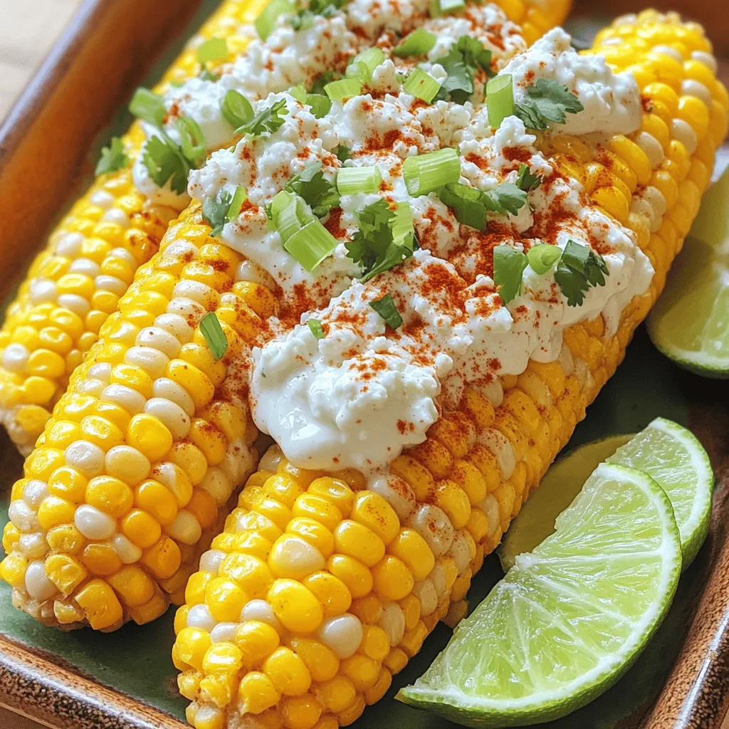 For this Classic Mexican Street Corn Off the Cob Delight, you need fresh and simple ingredients. Here’s what to gather: - 4 ears of fresh corn, husked - 1/2 cup mayonnaise - 1/2 cup sour cream - 1 cup crumbled queso fresco (or feta cheese) - 2 tablespoons fresh lime juice - 1 teaspoon chili powder - 1/2 teaspoon garlic powder - 1/4 teaspoon cayenne pepper (optional) - 2 green onions, finely chopped - Fresh cilantro, chopped (for garnish) - Lime wedges (for serving) These ingredients come together to create a creamy and zesty dish. The corn brings sweetness, while the sauce adds richness. Queso fresco gives it a nice salty touch. You can easily change some ingredients if you want. For example, use feta cheese if you can’t find queso fresco. I love how this dish captures the spirit of street food. It’s fun to make and even better to eat. You can find the full recipe in the article, which guides you through every step. Enjoy! Boiling or grilling corn is a matter of choice. Boiling is quick and keeps the corn tender. You just need a big pot of salted water. Bring it to a boil, then add the corn. Cook for 3-5 minutes until it's soft. Grilling adds a nice char and smoky taste. Heat your grill to medium. Grill the corn for 10-12 minutes, turning it every few minutes. Check for grill marks and tenderness. To check doneness, pierce a kernel with a fork. It should feel soft and juicy. If it’s still hard, give it more time. Mixing the sauce is key for flavor. Start with a medium-sized bowl. Add the mayonnaise, sour cream, lime juice, chili powder, garlic powder, and cayenne pepper if you like heat. Whisk the ingredients together until they are smooth and creamy. Taste the sauce and adjust as needed. You want a nice balance of tangy and zesty flavors. Cutting the corn off the cob can be tricky. Once the corn cools, stand each ear upright. Use a sharp knife to slice the kernels off. Cut close to the cob for the most kernels. In a large bowl, combine the corn with the sauce. Gently toss to coat the corn evenly. Next, add the crumbled queso fresco and chopped green onions. Use a spatula to fold everything together. Be careful not to mash the corn. Transfer the corn mixture to a serving dish. Top it with extra queso fresco and fresh cilantro. Serve with lime wedges for a zesty kick. For the full recipe, head over to the recipe section. Enjoy your Classic Mexican Street Corn Off the Cob Delight! To make your elote creamy, mix mayonnaise and sour cream well. This blend gives the corn a rich texture. Use equal parts of each for the best results. Add fresh lime juice to brighten the flavors. Taste as you go to find the right balance. Balancing flavors is key. Start with chili powder and garlic powder for warmth. Adjust the spice by adding cayenne pepper if you like heat. Fresh cilantro adds freshness and color. Pair elote with grilled meats or tacos for a complete meal. It also goes well with salads or as a snack. For creative plating, use rustic bowls or colorful plates. Garnish with extra cheese and cilantro for a vibrant look. Lime wedges add a nice touch and extra zing. If you want more spice, add diced jalapeños or hot sauce. This gives the dish a fun kick. For those with dietary needs, try plant-based mayo and vegan cheese. These alternatives keep the creamy texture while being dairy-free. By following these tips, you can make your classic Mexican street corn off the cob a delight. For the full recipe, check out the details above. Enjoy your cooking! {{image_4}} To add heat, try mixing in jalapeños or hot sauce. You can chop up fresh jalapeños and stir them into your corn. For an easier option, just drizzle hot sauce on top before serving. This adds a kick that balances the creamy sauce. If you love spice, don't skip this step! If you want a vegetarian twist, use plant-based mayo and cheese. Many brands offer great mayo that tastes just like the real deal. You can also swap queso fresco for a plant-based cheese. This way, you keep the flavors while making it friendly for all diets. It's a smart choice for gatherings. You can explore fusion styles by swapping ingredients. For instance, try adding feta cheese for a Greek twist or sprinkle some sriracha for a spicy Asian flair. You can also mix in fresh herbs like basil or mint. These swaps bring new life to the classic dish. Be creative and make it your own! This delightful corn off the cob is versatile and fun to customize. You can easily find a variation that suits your taste or dietary needs. Enjoy exploring these options! For the full recipe, check out the section above. To keep your Mexican street corn off the cob fresh, store any leftovers in an airtight container. Make sure to refrigerate it within two hours of cooking. This helps prevent spoilage. The corn will stay good for 3 to 5 days in the fridge. When you’re ready to enjoy it again, check for any off smells or changes in texture. Freezing this dish is also an option if you want to save it for later. Start by letting the corn cool completely. Then, spoon it into freezer-safe bags or containers. Remove as much air as possible before sealing. This keeps the corn from getting freezer burn. You can freeze it for up to three months. When you’re ready to use it, simply thaw it in the fridge overnight. To reheat your corn, the best method is to use the stove. Place the corn in a pan over low heat. Stir it often to ensure even heating. You can also add a splash of lime juice to refresh the flavors. If you're in a hurry, use the microwave. Heat it in a microwave-safe bowl for 1-2 minutes, stirring halfway through. This keeps your street corn tasty and fresh. For the full recipe, check the link above. I recommend using sweet corn. Sweet corn has a juicy, tender texture. It also gives the best flavor. You can find it fresh in summer. Look for ears with bright green husks. The kernels should be plump and milky. Other varieties can work, but they may not taste as good. Yes, you can prep this dish early. Cook the corn and cut the kernels off. Store them in the fridge. Mix the sauce and keep it separate. Combine them just before serving. This keeps the dish fresh and tasty. To make this dish dairy-free, swap out the dairy products. Use vegan mayo instead of regular mayo. For the sour cream, try coconut yogurt. Nutritional yeast can give a cheesy flavor. You can also use crumbled tofu for texture. These adjustments keep the dish creamy and delicious. This blog post covered all the key ingredients and steps to make elote. We explored cooking tips, sauce preparation, and how to combine flavors. I included serving suggestions and variations for different tastes, plus storage tips. Elote is simple to make and share. Customize it to fit your needs, whether spicy, vegetarian, or dairy-free. Enjoy making this delicious dish and impress your friends with your skills!