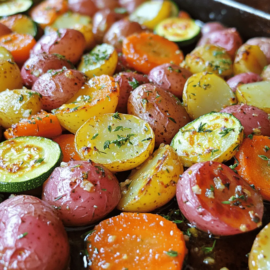 - 4 medium red potatoes, chopped into bite-sized pieces - 3 large carrots, peeled and sliced into thick rounds - 2 medium zucchinis, sliced into half-moons - 4 cloves garlic, finely minced - 3 tablespoons extra virgin olive oil - 1 teaspoon dried thyme - 1 teaspoon dried rosemary - 1 teaspoon smoked paprika - Salt and freshly cracked black pepper, to taste - A handful of fresh parsley, finely chopped (for garnish) - Other root vegetables you may add - Different herb variations This dish shines with simple ingredients. The potatoes offer a hearty base. Carrots add natural sweetness, while zucchini brings a tender bite. Garlic infuses robust flavor, making every bite delightful. Extra virgin olive oil helps everything roast nicely. The dried herbs add depth and warmth. Smoked paprika gives a hint of smokiness that complements the veggies. You can also mix in other root vegetables. Think sweet potatoes or turnips for a twist. Fresh herbs can switch up the taste. Consider basil or oregano for a different flavor profile. Check out the Full Recipe for more details on how to make this dish truly shine! - Preheat the oven to 425°F (220°C). - Chop the red potatoes into bite-sized pieces. - Peel and slice the carrots into thick rounds. - Cut the zucchinis into half-moons. - Put all the veggies in a large mixing bowl. - In a separate bowl, mix extra virgin olive oil, minced garlic, dried thyme, and dried rosemary. - Add smoked paprika, salt, and black pepper to the herb mixture. - Pour this mixture over the veggies in the bowl. - Toss everything together until all the veggies are coated. - Spread the coated vegetables evenly on a baking sheet. - Make sure they are in a single layer for even cooking. - Roast for 30-35 minutes, stirring halfway through. - Check for doneness by poking a potato or carrot piece. - When they are golden brown and tender, remove them from the oven. For a full recipe, see the section above. To make sure your vegetables turn out perfectly roasted, follow these steps: - Even coating of oil and herbs: Mix your veggies well with the oil and herbs. Every piece needs a nice coat for full flavor. - Single layer on the baking sheet: Lay your veggies out in one layer. This helps them cook evenly and get that golden color. When serving, you want to impress your guests. Here are some tips: - Presentation tips: Use a large, rustic dish to serve your roasted feast. Sprinkle extra parsley and a drizzle of olive oil on top for flair. - Recommended pairings: These roasted veggies pair well with grilled chicken or fish. They also make a great side for pasta dishes. Using fresh ingredients makes a big difference. Here’s how: - Fresh herbs enhance flavor: Fresh herbs like parsley add brightness and depth to the dish. They make every bite more enjoyable. - Impact of seasonal vegetables: Seasonal veggies taste better and have more nutrients. They also support local farmers and are often less expensive. {{image_4}} You can play with different veggies. Try swapping zucchini for bell peppers. Bell peppers add a sweet crunch and bright color. They roast well and soak up the garlic herb flavor. If you want a sweeter taste, use sweet potatoes. They bring a rich, caramelized flavor when roasted. Just chop them into similar-sized pieces as the other veggies for even cooking. Herbs can change the flavor of your dish. Instead of thyme and rosemary, try oregano or basil. These herbs add a fresh twist to the roasted mix. They can enhance the dish with new aromas and tastes. For some heat, add cayenne pepper. A pinch can give your roasted veggies a nice kick. Just be careful; a little can go a long way. This dish can fit many diets. To make it vegan-friendly, just stick to the original recipe. All the ingredients are plant-based and full of flavor. If you are looking for low-carb options, replace potatoes with cauliflower. Cauliflower roasts beautifully and has a mild taste that works well with garlic and herbs. You can enjoy this dish while keeping carbs low. For the full recipe, check the earlier section. After enjoying your garlic herb roasted feast, let the leftovers cool. Place them in an airtight container. This keeps the flavor fresh and prevents any odors from the fridge. You can store them for up to four days. If you want more time, consider freezing them. Reheating can be done in two main ways: the oven or the microwave. The oven gives the best results. Preheat it to 350°F (175°C) and spread the vegetables on a baking sheet. Heat for about 10-15 minutes. This helps keep them crisp. The microwave works, too. Just place them in a bowl and cover it. Heat in short bursts of 30 seconds. Stir in between to avoid sogginess. Can you freeze roasted vegetables? Yes, you can! To freeze them, let the leftovers cool fully. Spread them in a single layer on a baking sheet and freeze for a few hours. Once frozen, transfer them to a freezer-safe bag. This way, they stay fresh for up to three months. When you’re ready to use them, thaw in the fridge overnight. Cook them in the oven to restore crispness. Yes, you can! Feel free to swap in your favorite veggies. Here are some suggestions: - Bell peppers for a sweet crunch - Sweet potatoes for a touch of sweetness - Broccoli for added color and nutrients - Asparagus for a tender bite These changes keep the dish fresh and exciting. Just remember, adjust cooking times as needed. Roasted vegetables can last about 3 to 5 days in the fridge. Store them in an airtight container. Look for signs of spoilage, like a bad smell or slimy texture. If you see these signs, throw them away to stay safe. Reheat your roasted vegetables in the oven for the best results. Preheat it to 375°F (190°C). Spread the veggies on a baking sheet and heat for about 10-15 minutes. This keeps them crispy and tasty. You can also use a microwave. Just heat in short bursts, stirring in between, to avoid mushiness. Enjoy your leftovers! Roasting vegetables is easy and fun. I shared the best ingredients and steps to create a tasty dish. Use fresh herbs for amazing flavor. Experiment with your favorite veggies to make it your own. Remember, a single layer on the baking sheet ensures perfect roasting. Store leftovers in an airtight container to keep them fresh. Enjoy your delicious veggies with your favorite meals!
