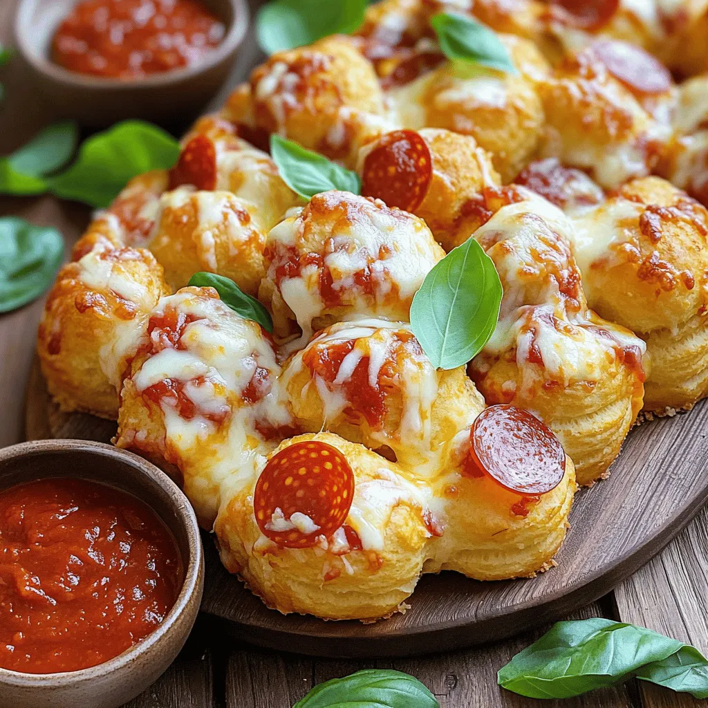 - 2 cans (16 oz each) refrigerated biscuit dough - 1 cup pizza sauce - 2 cups shredded mozzarella cheese - 1 cup pepperoni slices - 1/2 cup grated Parmesan cheese - 1 teaspoon Italian seasoning - 1 teaspoon garlic powder - 1/4 cup unsalted butter, melted - Fresh basil leaves, for garnish (optional) - Alternative cheeses: cheddar, provolone, or vegan options work well. - Replacement for pepperoni: try sausage, veggies, or plant-based alternatives. Using the best ingredients makes this dish shine. Fresh ingredients boost flavor and texture. Homemade pizza sauce tastes better than store-bought. It allows you to control the taste and add your favorite herbs. Quality cheese melts perfectly and creates a gooey texture. Always choose ingredients you love to make this dish special. 1. Preheat your oven. Set it to 350°F (175°C). This helps cook the bread evenly. 2. Prepare the baking pan. Grease a Bundt pan or a round cake pan with non-stick spray. This ensures easy removal later. 3. Cut the biscuit dough. Open one can and separate each biscuit. Cut each biscuit into four pieces. 4. Mix the ingredients. In a large bowl, combine the biscuit pieces with pizza sauce, half the mozzarella cheese, pepperoni, Italian seasoning, and garlic powder. Toss gently to coat everything. 1. Begin layering. Place half of the biscuit mixture into the pan. Press down gently to compact it. 2. Add cheese. Sprinkle half of the remaining mozzarella cheese on top. This adds a nice cheesy layer. 3. Finish layering. Add the rest of the biscuit mixture on top, followed by the remaining mozzarella cheese and grated Parmesan cheese. 4. Drizzle melted butter. Pour the melted butter over the top. This adds flavor and moisture while baking. 1. Bake. Place the pan in the oven. Bake for 25-30 minutes until the top is golden brown. Use a toothpick to check; it should come out clean. 2. Cool before serving. Let the monkey bread cool in the pan for about 10 minutes. This helps it set. 3. Invert it. Carefully turn the pan upside down onto a serving platter. Tap the bottom gently to release the bread. You can now enjoy your Irresistible Pizza Monkey Bread! For a complete guide, check the Full Recipe. - Overcrowding the pan: If you pack in too much, it won't cook evenly. Each biscuit piece needs space to rise. - Skipping greasing the pan properly: Always grease well. This helps the monkey bread come out easily without sticking. - Importance of compacting the biscuit layers: When you layer the biscuit mix, press it down. This helps the bread hold together. - Tips for achieving a golden brown crust: Brush melted butter over the top before baking. This gives a nice color and crispiness. - Dipping sauces and sides that complement the dish: Serve with extra pizza sauce for dipping. You can also try ranch or garlic sauce. - How to serve for parties or gatherings: Use a fun platter or wooden board. Make sure to have small bowls for dipping sauces. {{image_4}} You can change up the taste of your Pizza Monkey Bread easily. Try adding different toppings like: - Olives - Bell peppers - Mushrooms These toppings bring fresh flavors to each bite. If you want some heat, add crushed red pepper or Italian herbs. This gives your dish a nice kick. If you need gluten-free options, use gluten-free biscuit dough. Many stores sell these now. For a vegan twist, try using vegan cheese instead of mozzarella. This way, everyone can enjoy the dish. You can give your Pizza Monkey Bread an international flair. For a Mediterranean-style version, add feta cheese and oregano. This will give it a fresh, tangy taste. If you prefer a Mexican-inspired twist, add jalapeños and cheddar cheese. This adds spice and a rich flavor. Explore these variations to make the recipe your own. You can find the full recipe and more ideas online! To keep your pizza monkey bread fresh, place it in the fridge. Use an airtight container for best results. This helps keep the bread moist and tasty. If you don’t have one, cover it tightly with plastic wrap or foil. This method prevents it from drying out. When you want to enjoy leftovers, reheating is key. The oven gives the best results. Preheat it to 350°F (175°C). Place the bread on a baking sheet. Cover it with foil to keep it from drying out. Heat for about 10-15 minutes. If you’re in a hurry, the microwave works too. Heat in short bursts of 30 seconds. Stir the bread in between to warm it evenly. You can freeze pizza monkey bread for later. If freezing before baking, wrap it well in plastic wrap and foil. This keeps out air and frost. For baked bread, let it cool first, then freeze it. To thaw, place it in the fridge overnight. For baking, preheat your oven to 350°F (175°C) and bake until warm. This gives you a warm, cheesy treat anytime! You can find the full recipe above. Pizza Monkey Bread can last for about 3 to 4 days in the fridge. Store it in an airtight container to keep it fresh. If you freeze it, it can last for about 2 to 3 months. Just make sure you wrap it well to avoid freezer burn. Yes, you can make this recipe ahead of time! You can prepare the biscuit mixture and layer it in the pan. Cover it tightly and store it in the fridge for up to 24 hours. When you are ready, just pop it in the oven. You can also freeze it before baking. Thaw it overnight in the fridge and bake as directed. Pizza Monkey Bread pairs well with various sides. Some great options include: - A fresh garden salad - Crunchy veggie sticks with dip - Garlic bread for extra flavor - A bowl of marinara sauce for dipping To make Pizza Monkey Bread healthier, consider these tips: - Use whole wheat biscuit dough for added fiber. - Add more veggies like bell peppers or spinach. - Swap some cheese for a lower-fat option. - Use less butter or olive oil in the recipe. Yes, you can make Pizza Monkey Bread in a slow cooker! Just layer the biscuit pieces, sauce, and cheese in the slow cooker. Cook on low for about 2 to 3 hours. Keep an eye on it to avoid overcooking. You might not get the same crust, but it will be just as tasty! Absolutely! While pizza sauce is classic, you can try other sauces too. Here are some ideas: - Marinara sauce for a different twist - Pesto for a fresh herb flavor - Ranch dressing for a creamy dip - BBQ sauce for a smoky touch For the full recipe, check out the Irresistible Pizza Monkey Bread section above. This blog post covered making tasty Pizza Monkey Bread. We looked at ingredients, prep steps, and baking tips. You learned how fresh ingredients boost flavor and how to layer biscuits well. Remember to avoid common mistakes, like overcrowding the pan. Experiment with variations for unique flavors, and get creative with sides. Store your leftovers properly and reheat them for the best taste. By following these steps, your Pizza Monkey Bread will impress everyone. Enjoy the fun of making this dish your own!