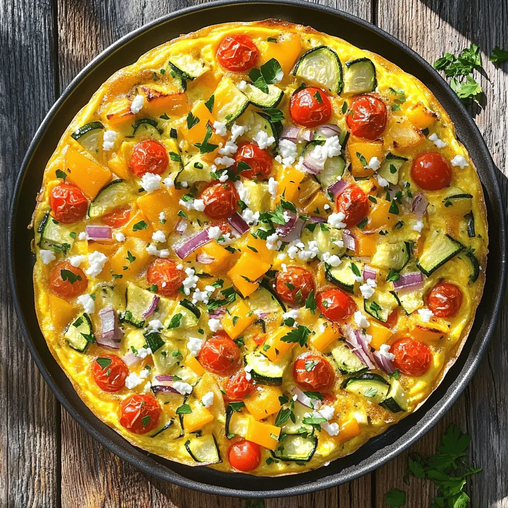 - 1 cup mixed bell peppers (diced) - 1 medium zucchini (diced) - 1 small red onion (diced) - 1 cup cherry tomatoes (halved) - 6 large eggs - 1/2 cup sharp cheddar cheese (shredded) - 1/2 cup creamy feta cheese (crumbled) - 2 tablespoons extra virgin olive oil - 1 teaspoon garlic powder - Salt and freshly cracked black pepper to taste - Fresh herbs (for garnish) I love using fresh vegetables in my Easy Cheesy Roasted Vegetable Frittata. They make the dish bright and tasty. You can choose any colorful bell peppers you like. Red, yellow, and green all work well. Zucchini adds a nice texture, while red onion brings a sweet flavor. Cherry tomatoes give a juicy burst that you can't resist. For the eggs, I use large eggs. They create a rich and fluffy base. Sharp cheddar cheese adds a bold flavor, while creamy feta cheese brings a tangy touch. Together, they create a cheesy harmony that you will love. You can't forget the seasoning. Extra virgin olive oil keeps everything moist and adds depth. Garlic powder gives a warm, savory note. Don’t skimp on salt and pepper; they enhance all the flavors. For a final touch, sprinkle fresh herbs like parsley or basil. They brighten up your frittata and make it look pretty. Make sure to check the Full Recipe for detailed instructions! - Preheat oven to 400°F (200°C). - Toss vegetables with olive oil, garlic powder, salt, and pepper. Start by heating your oven. This step is important. It helps cook the frittata evenly. While the oven warms, grab your mixed bell peppers, zucchini, red onion, and cherry tomatoes. Dice them into small pieces. In a large bowl, drizzle the olive oil over the veggies. Then, sprinkle the garlic powder, salt, and pepper. Toss everything well until the vegetables are coated. - Roast in the oven for about 20 minutes. - Check for tenderness and caramelization. Now, spread the veggies on a baking sheet. Roast them in the preheated oven for about 20 minutes. You want them to be tender and slightly caramelized. This roasting brings out their natural sweetness. Check them halfway through and stir if needed, so they cook evenly. - Crack eggs into a bowl, add salt and pepper. - Whisk until frothy and well combined. While the vegetables roast, crack the large eggs into a mixing bowl. Add a pinch of salt and some pepper. Whisk the eggs until they are frothy and mixed well. This step makes your frittata light and fluffy. - Fold roasted vegetables into egg mixture. - Add shredded cheddar and crumbled feta. After the veggies finish roasting, let them cool for a bit. Then, gently fold the warm roasted vegetables into the egg mixture. Next, add the shredded cheddar and crumbled feta cheese. Stir gently to combine all the flavors. - Pour mixture into a greased skillet or pie dish. - Bake for 20-25 minutes until set and golden. Grease a skillet or pie dish with a little olive oil. Pour the vegetable and egg mixture into the dish. Spread it out evenly. Bake the frittata in the oven for 20-25 minutes. It should puff up and turn golden brown. A toothpick poked in the center should come out clean. - Let cool, slice into wedges, and serve. After baking, let the frittata cool for a few minutes. Then, slice it into wedges. You can serve it warm or at room temperature. Enjoy this easy cheesy roasted vegetable frittata as a delightful meal any time of day. For more details, check the Full Recipe. Roasting vegetables boosts their taste. To do this, cut them small. This helps them cook faster. Use a hot oven at 400°F (200°C). Spread the veggies out on the tray. This step ensures they roast, not steam. Stir them halfway through for even cooking. Look for a slight browning to know they’re ready. For a well-cooked frittata, watch the baking time. Bake until the edges puff up and the center is firm. You can use a toothpick to check doneness. It should come out clean when inserted in the middle. If it’s wet, give it a few more minutes. Herbs and spices can change the flavor. Try adding fresh basil or parsley for a green kick. You might also like thyme or oregano for warmth. For a spicy touch, add red pepper flakes. Cheese brings creaminess to the frittata. Sharp cheddar is great, but feel free to swap it. Try mozzarella for a milder taste. Goat cheese adds a tangy twist. If you want a dairy-free option, use nut-based cheese. To make your frittata look pretty, garnish it with fresh herbs. Scatter chopped parsley or basil on top. This adds color and brightness. Serve the frittata with a side salad. A mix of greens with olive oil and lemon juice looks nice. It also adds freshness to the meal. For a fun touch, cut the frittata into wedges. This makes it easy to serve and share. For the full recipe, check out the Cheesy Vegetable Harmony Frittata! {{image_4}} You can change up the veggies to suit your taste or the season. Here are some ideas: - Spring: Asparagus, peas, or fresh spinach. - Summer: Zucchini, corn, or eggplant. - Fall: Sweet potatoes, butternut squash, or kale. - Winter: Brussels sprouts, carrots, or root vegetables. Mix and match any of these veggies. You can also try using leftover roasted vegetables. It’s a great way to use what you have. Cheese adds a creamy touch to your frittata. Here are some tasty choices: - Mozzarella: Mild and melts beautifully. - Goat Cheese: Adds a tangy flavor. - Gruyère: Rich and nutty. If you want a dairy-free version, use plant-based cheese. Brands like Daiya or Violife offer good options. They melt well and taste great in dishes. Want to make your frittata heartier? Add some protein. Here are some options: - Bacon or Sausage: Cooked and crumbled for a savory kick. - Ham: Adds a nice, smoky flavor. - Tofu: Use firm tofu for a vegetarian protein source. Just crumble it into the egg mixture. Feel free to get creative! The frittata is a great canvas for your favorite flavors. Check out the Full Recipe for step-by-step guidance. To store your leftover frittata, let it cool first. Then, wrap it tightly in plastic wrap or place it in an airtight container. This keeps it fresh and tasty. In the fridge, your frittata will last about 3 to 4 days. You can freeze portions of the frittata for later use. Cut it into slices and wrap each slice in plastic wrap. Then, put the wrapped slices in a freezer bag. Be sure to label the bag with the date. For the best taste, use it within 2 to 3 months. To thaw, place it in the fridge overnight. Reheat slices in the oven at 350°F (175°C) for about 10-15 minutes, or until warm. Leftover frittata is great in many dishes. Chop it up and add it to salads for extra protein. You can also use it as a filling for wraps or sandwiches. Serve it with a side of fresh fruit or a light salad for a balanced meal. A frittata is a type of egg dish. It is like an omelet but thicker. You mix eggs with vegetables, cheese, and sometimes meat. Then, you cook it on the stove and finish it in the oven. This method makes the frittata fluffy and rich. The fun part is you can use many ingredients, which makes it unique every time. Yes, you can! A frittata is very flexible. You can swap in any veggies you like. Some great options are spinach, mushrooms, or broccoli. You can even use leftover vegetables from other meals. Just make sure to chop them small so they cook evenly. Mixing colors will also make your frittata more fun and tasty. To check if your frittata is done, look for a few signs. The top should be golden brown, and the edges should be firm. You can also insert a toothpick into the center. If it comes out clean, your frittata is ready. If it comes out wet, it needs more time. Keep an eye on it to avoid undercooking. Enjoy your Easy Cheesy Roasted Vegetable Frittata Delight! For the full recipe, check out the section above. This frittata recipe blends fresh veggies, eggs, and cheese into a delicious meal. You learned how to prepare, bake, and serve it while also exploring storage tips and variations. Frittatas are versatile and easy to customize, making them perfect for any occasion. Whether you choose different veggies or add proteins, there’s no wrong way to make a frittata. Enjoy your tasty creation and share it with family or friends for a satisfying meal. Happy cooking!
