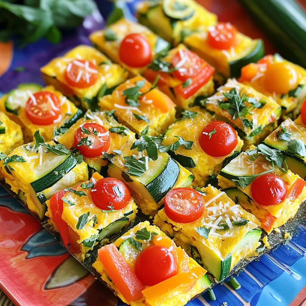 - 8 large eggs - 1 cup milk (dairy or non-dairy) - 1 bell pepper, diced - 1 medium zucchini, diced - 1 cup fresh baby spinach, chopped - 1 small red onion, finely chopped - 1 cup cherry tomatoes, halved - 1 cup shredded cheese (cheddar, feta, etc.) - 1 tsp garlic powder - 1 tsp onion powder - Salt and pepper - Olive oil This frittata offers a well-rounded mix of nutrients. It provides protein from eggs and cheese. The vegetables add fiber and essential vitamins. Here’s a quick look: - Macronutrients: Each serving contains about 14g of protein, 10g of fat, and 5g of carbs. - Vitamins and minerals: You'll get plenty of vitamin A, vitamin C, and potassium thanks to the bell pepper, spinach, and zucchini. If you need to swap some items, here are some easy options: - Non-dairy milk options: Almond milk, oat milk, or soy milk work great. - Cheese alternatives: Nutritional yeast for a vegan option or any non-dairy cheese. This recipe is so flexible, you can easily make it your own. For more ideas, check out the Full Recipe! Start by preheating your oven to 400°F (200°C). This step warms your oven for even cooking. Next, take a large sheet pan and line it with parchment paper. This helps with easy cleanup. Lightly grease the parchment with olive oil to prevent the frittata from sticking. In a big mixing bowl, crack open 8 large eggs. Add 1 cup of milk, dairy or a non-dairy option. Whisk them together until they look smooth. Then, mix in 1 teaspoon of garlic powder, 1 teaspoon of onion powder, and a pinch of salt and pepper. Keep whisking until everything is well combined. Now it’s time for the fun part! Take 1 diced bell pepper, 1 medium diced zucchini, 1 finely chopped red onion, and 1 cup of halved cherry tomatoes. Spread these veggies evenly on the prepared sheet pan. Drizzle a little olive oil over the top and toss them gently. This coats them nicely and adds flavor. Carefully pour the egg mixture over the veggies on the sheet pan. Make sure to tilt the pan a bit so the egg covers all the vegetables. This helps them cook evenly. Now, sprinkle 1 cup of chopped spinach and your choice of shredded cheese over the egg and veggies. You can use cheddar or feta, depending on your taste. This step adds a creamy and tasty finish to your frittata. Place the sheet pan in your preheated oven. Bake for about 20 to 25 minutes. You’ll know it’s done when the center looks set and the top is golden. To check, insert a toothpick into the center. If it comes out clean, your frittata is ready. Once done, remove it from the oven and let it cool for a few minutes. After cooling, slice it into squares or wedges for serving. For the full recipe, you can refer to the detailed instructions above. Enjoy your meal! To blend flavors well in your Vegetable Sheet Pan Frittata, start with fresh ingredients. Fresh vegetables make a big difference. Dice them evenly for consistent cooking. I like mixing spices with the eggs before adding them to the veggies. This way, every bite bursts with flavor. Remember to season your vegetables lightly with salt and pepper before baking. This helps bring out their natural taste. When serving your frittata, pair it with a simple salad. A light green salad adds freshness. You can also add some crusty bread for texture. If you're feeling fancy, a dollop of sour cream or yogurt on top works great too. It adds creaminess and contrasts nicely with the frittata. For a heartier meal, serve it alongside roasted potatoes or a fruit platter. Presentation elevates any dish. To enhance your frittata's look, cut it into equal squares or wedges. Use a colorful platter to catch the eye. Garnishing with freshly chopped herbs like parsley or basil adds a nice touch. A sprinkle of extra cheese on top can make it look gourmet. Lastly, serve it warm for the best experience. To make it even more inviting, add a side of vibrant cherry tomatoes or avocado slices. For more details, check out the Full Recipe. {{image_4}} You can use different veggies depending on the season. In spring, try asparagus and peas. Summer is great for tomatoes and bell peppers. Fall brings squash and Brussels sprouts. In winter, use root vegetables like carrots and sweet potatoes. Mixing seasonal veggies not only adds flavor but also makes your frittata colorful and fresh. Want to make your frittata heartier? You can easily add protein. For meat lovers, diced ham or cooked sausage works well. If you prefer plant-based options, try black beans or chickpeas. These add texture and a protein boost to your dish. Just remember to balance the flavors and not overpower the veggies. Herbs and spices can change your frittata's taste. Fresh herbs like basil or parsley add brightness. If you want a kick, try red pepper flakes or smoked paprika. For a more earthy taste, use thyme or oregano. Experimenting with flavors allows you to create a frittata that suits your mood. To store your leftover Vegetable Sheet Pan Frittata, let it cool first. Then, cut it into squares. Place the pieces in an airtight container. Keep it in the fridge for up to four days. This keeps the frittata fresh and tasty. Make sure to cover the container well. This prevents it from drying out or absorbing other smells from the fridge. When you’re ready to eat the frittata again, you have options. The best way is to reheat slices in the oven. Set your oven to 350°F (175°C). Place the frittata on a baking sheet. Heat for about 10-15 minutes, or until warm. You can also use a microwave. Just heat slices for 30-60 seconds. Check to see if it's warm enough. Avoid overheating, as it can make the frittata rubbery. If you want to save some for later, freezing works great. First, let the frittata cool completely. Cut it into squares and wrap each piece in plastic wrap. Then, place the wrapped pieces in a freezer-safe bag. This helps prevent freezer burn. You can freeze them for up to three months. To thaw, move a piece to the fridge overnight. Reheat as mentioned before for a quick meal. A frittata is an Italian dish made with eggs. It is similar to an omelet but thicker and often baked. Frittatas can include vegetables, meats, and cheese. They are easy to make and great for breakfast, lunch, or dinner. The origins trace back to Italy, where it served as a way to use leftovers. A frittata can last about 3 to 4 days in the fridge. Store it in an airtight container to keep it fresh. If you want to enjoy it longer, freezing is an option. Make sure it cools completely before wrapping it well for the freezer. Yes, you can make this frittata ahead of time. It saves time on busy mornings. Just bake it, let it cool, and store it in the fridge. You can reheat it in the oven or microwave. This way, you have a healthy meal ready to go. The best way to serve frittata is warm. Cut it into squares or wedges for easy eating. It pairs well with a simple salad or toast. You can also add fresh herbs on top for extra flavor and color. Absolutely! You can customize a vegetable sheet pan frittata to your taste. Add your favorite veggies, like mushrooms or broccoli. You can also switch up the cheese or add spices. This dish is flexible and perfect for using what you have at home. For the full recipe, check the earlier section. This blog post covered the key aspects of making a delicious vegetable frittata. We discussed the simple ingredients and their nutritious benefits. I shared step-by-step instructions to help you create the perfect dish, along with helpful tips for serving and presentation. Remember, you can customize your frittata based on what you have at home. Experiment with seasonal vegetables and different proteins for unique flavors. Now, get cooking and enjoy your tasty creation!