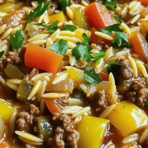 - 1 pound ground beef - 1 cup orzo pasta - 1 medium onion, finely chopped - 3 garlic cloves, minced - 1 bell pepper (red or yellow), diced - 1 can (14.5 oz) diced tomatoes, drained - 2 cups beef broth - 1 teaspoon dried oregano - 1 teaspoon smoked paprika - 1/2 teaspoon crushed red pepper flakes - Salt and freshly ground black pepper to taste - Fresh parsley, chopped (for garnish) - 1 tablespoon olive oil - Additional vegetables (zucchini, spinach) - Cheese options (Parmesan, feta) - Spice variations (cumin for a smoky flavor) The ingredients for Savory Ground Beef Orzo create a tasty and filling meal. Each one serves a purpose. The ground beef provides protein that fills you up. The orzo pasta acts like tiny rice, soaking up all the rich flavors. Onions and garlic bring a strong aroma and sweet taste. Bell peppers add crunch and color. Diced tomatoes add moisture and acidity, balancing the dish. Beef broth enhances the savory depth. Dried oregano and smoked paprika add a warm, earthy flavor. Crushed red pepper flakes give it a little kick. Salt and pepper help round out the taste. Fresh parsley is a great garnish. It adds a pop of green and freshness to the dish. You can also add your favorite veggies or cheeses. This way, you can give the dish your own unique twist. You can find the complete preparation steps in the Full Recipe. Enjoy cooking! - Sauté vegetables and aromatics: Heat 1 tablespoon of olive oil in a large skillet over medium heat. Add 1 medium onion, finely chopped, and 1 diced bell pepper. Cook for 4-5 minutes until softened. Add 3 minced garlic cloves and sauté for 1 more minute. - Brown the ground beef: Increase heat to medium-high and add 1 pound of ground beef. Cook for 6-8 minutes. Use a wooden spoon to break up the meat as it cooks. Make sure it turns brown and is no longer pink. Drain excess fat if needed. - Add spices and tomatoes: Sprinkle in 1 teaspoon of dried oregano, 1 teaspoon of smoked paprika, and 1/2 teaspoon of crushed red pepper flakes. Add salt and pepper to taste. Mix in 1 can of drained diced tomatoes and 2 cups of beef broth. Stir everything together. - Simmer with broth and pasta: Bring the mixture to a gentle simmer. Stir in 1 cup of orzo pasta. Reduce heat to low and cover the skillet. Cook for 10-12 minutes, stirring occasionally. - Adjust seasonings to taste: After 10-12 minutes, taste the dish. Add more salt or pepper if needed. - Rest before serving: Remove the skillet from heat. Let the dish rest for a couple of minutes. This helps the flavors blend well. You can find the full recipe for Savory Ground Beef Orzo Delight by following the link. To prevent orzo from sticking, stir it well during cooking. Add a little olive oil to the water before boiling. This helps keep the pasta separate. Also, remember to cook orzo in plenty of water. Use a large pot for best results. For browning beef, start with a hot skillet. This gives the beef a nice sear. Don’t overcrowd the pan. Cook in batches if needed. This way, the meat will brown evenly and taste better. Adjust spice levels based on your taste. Add more crushed red pepper for heat or use less for a milder dish. You can also mix in different spices like cumin or chili powder to change the flavor profile. Adding fresh herbs makes a big difference. Try using parsley, basil, or thyme. They add brightness and freshness to the dish. Toss them in right before serving to keep their flavor strong. Serve Savory Ground Beef Orzo in deep bowls. This gives a nice look and holds the sauce well. Offer crusty bread on the side for dipping. You can also sprinkle grated Parmesan cheese on top for a tasty finish. For a pop of color, add more fresh parsley or even some sliced olives. This adds a nice touch and makes your plate more inviting. You can even pair it with a salad for a complete meal. {{image_4}} You can switch the ground beef for ground turkey. This makes the dish leaner but still tasty. Ground turkey has less fat and works well in many recipes. You can also use mushrooms or lentils for a vegetarian dish. They add richness and texture that mimic meat. Simply sauté them until soft, then mix them in as you would with beef. If you need a gluten-free option, try gluten-free pasta. It cooks like orzo and fits well in this dish. You can find it in most stores today. For the broth, choose a gluten-free variety. Many brands offer options that are safe for gluten-sensitive diets. To give your orzo a Mexican touch, use taco spices. Add cumin, chili powder, and black beans. This twist will add a spicy kick to your meal. Alternatively, go for a Mediterranean vibe. Toss in some olives and feta cheese. These ingredients bring a burst of flavor and a touch of the sea to every bite. For more ideas and a complete guide, check out the Full Recipe. To store leftovers properly, let the Savory Ground Beef Orzo cool down first. Then, transfer it to an airtight container. Make sure the container is clean and dry to keep the dish fresh. You can store this meal in the fridge for up to three days. Use glass or BPA-free plastic containers. They work well for keeping food fresh. If you have more leftovers, divide them into smaller portions. This makes it easier to grab a quick meal later. To reheat without loss of texture, the stove is best. Place the orzo in a skillet and add a splash of beef broth or water. Heat over low to medium heat. Stir occasionally until warmed through. This keeps the orzo from drying out. You can also use the microwave. Place the orzo in a microwave-safe bowl and cover it with a damp paper towel. Heat in 30-second intervals, stirring in between, until hot. If you want to freeze it, use freezer-safe containers. You can store it for up to three months. When ready to eat, thaw it in the fridge overnight. Reheat as mentioned above. Enjoy your meal anytime! - How long does Savory Ground Beef Orzo last in the fridge? Savory Ground Beef Orzo lasts about 3 to 4 days in the fridge. Make sure to store it in an airtight container to keep it fresh. - Can I make this dish ahead of time? Yes, you can make this dish ahead of time. Prepare it and let it cool before storing it in the fridge. Just reheat it before serving. - What can I serve with Savory Ground Beef Orzo? This dish pairs well with a simple green salad or some crusty bread. You might also enjoy it with roasted vegetables for extra flavor. - Is orzo gluten-free? No, orzo is not gluten-free. It is made from wheat. If you need a gluten-free option, try rice or gluten-free pasta. - Can I substitute other pasta types? Absolutely! You can use any small pasta, like couscous or elbow macaroni. Just adjust the cooking time as needed. - How can I make this dish spicier? To spice things up, add more crushed red pepper flakes or a dash of hot sauce. You can also try adding diced jalapeños for extra heat. This blog post covered how to make Savory Ground Beef Orzo. We explored the key ingredients, the steps to prepare and cook the dish, and tips for making it even better. Variations like using ground turkey, or gluten-free pasta, offer exciting twists. You now have ways to store leftovers and reheat them without losing flavor or texture. Enjoy creating your own version and sharing it with loved ones. Cooking is about experimenting, so don’t be afraid to try new things!