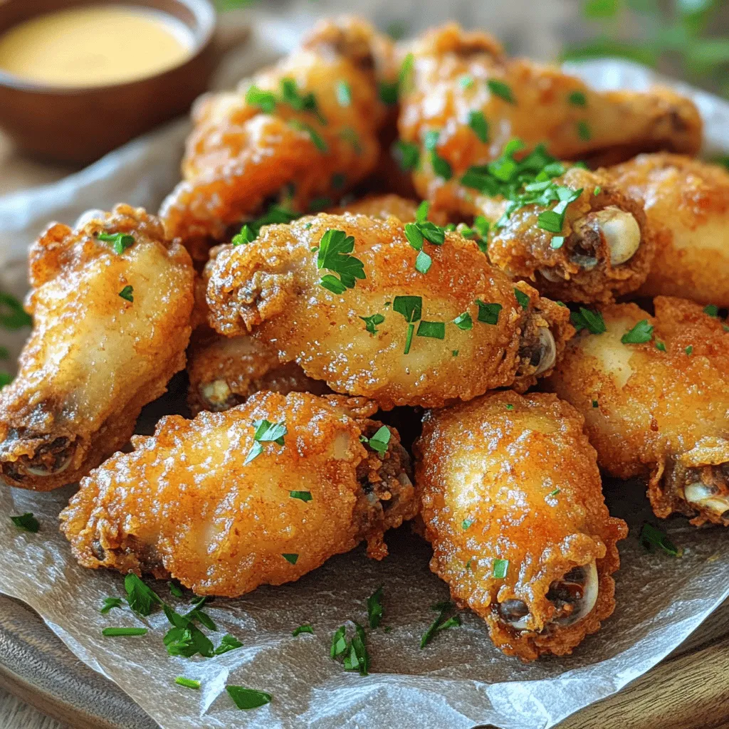 - 2 lbs chicken wings - 1 cup buttermilk - 1 cup all-purpose flour - ½ cup cornstarch - 1 tablespoon garlic powder - 1 teaspoon onion powder - 4 cloves garlic, minced - Salt and pepper to taste - Oil for frying When I create crispy garlic fried chicken wings, I focus on fresh, quality ingredients. The chicken wings are the star here. They should be plump and juicy. Buttermilk gives them a tender texture. It also adds a subtle tang that pairs well with garlic. Next, we need a good coating. All-purpose flour and cornstarch work together to create a crisp outer layer. Garlic powder and onion powder add depth to the flavor. You can also sprinkle in a touch of paprika for a mild smokiness. Don't forget the garlic! Fresh garlic is key to that bold taste. As for the oil, choose one with a high smoke point, like canola or peanut oil. This ensures the wings fry evenly and get crispy. With these ingredients, you can transform simple wings into a flavorful delight. Check the [Full Recipe] for all the steps to make this dish come alive! To marinate chicken wings, start by placing them in a large bowl. Pour the buttermilk over the wings. Mix the wings well, so each one gets coated. Cover the bowl with plastic wrap. Refrigerate the wings for at least 2 hours. If you have time, marinate them overnight. This helps the wings become tender and flavorful. In a separate bowl, mix the dry ingredients. Combine all-purpose flour, cornstarch, garlic powder, onion powder, paprika, baking powder, and a good pinch of salt and pepper. Stir until everything is well blended. A good coating is key for crispy wings. It creates a crunchy texture that balances the juicy meat inside. Heat the oil in a deep frying pan. Make sure to use enough oil to cover the wings. Aim for about 2-3 inches deep. Heat the oil to 350°F (175°C). Use a cooking thermometer to check the temperature. When frying, add the wings in small batches. Do not overcrowd the pan. This keeps the oil hot and helps the wings stay crispy. Fry each batch for 10-12 minutes. Look for a golden-brown color for perfect doneness. After frying, place the wings on paper towels to remove excess oil. - Best oil for frying: Use oils with high smoke points. Peanut oil or canola oil works best. These oils help the wings fry up nice and crispy. - Importance of resting wings before frying: Let the wings rest for about 15 minutes after coating. This helps the breading stick better and makes each bite more crunchy. - Adding spices for extra flavor: You can boost the taste by adding cayenne or chili powder. These spices give a nice kick to your wings. Experiment with your favorite herbs or spices for a personal touch. - Suggestions for dipping sauces: Serve your wings with ranch or blue cheese for classic pairs. You can also try honey mustard or spicy sriracha for a twist. - Garnishing with parsley: A sprinkle of fresh parsley adds color and freshness. This simple touch makes your dish look gourmet. - Arranging on a platter: Place wings on a large platter. Line it with parchment paper for a rustic look. You can also add lemon wedges for a pop of color and flavor. Serve them hot for the best experience. For the full recipe, check out the details provided earlier. {{image_4}} To make spicy garlic wings, add heat to the mix. Start by adding hot sauce to the buttermilk marinade. This adds a nice kick to your wings. You can also mix in chili powder into the coating. This will give your wings a spicy crunch. If you seek a healthier option, consider baking the chicken wings. To do this, preheat your oven to 425°F (220°C). Place the coated wings on a baking sheet lined with parchment paper. Bake for about 30-40 minutes. Flip the wings halfway through to ensure even cooking. You may not get the same crispiness as frying, but they still taste great! You can toss your wings in various sauces after frying. Try a classic buffalo sauce or a tangy barbecue sauce. For something sweet, you can make a honey garlic sauce. Just mix together honey, soy sauce, and minced garlic in a small pot. Heat until smooth, then toss your wings in it. This adds a delicious sweet and savory touch. For the full recipe, try the Crispy Garlic Fried Chicken Wings. You won’t be disappointed! To keep your crispy garlic fried chicken wings fresh, follow these tips: - Allow wings to cool down. - Place wings in an airtight container. - Store them in the fridge for up to 3 days. - For best taste, eat them within 24 hours. I recommend using glass containers for storage. They are safe and help keep odors away. If you use plastic, select BPA-free containers to avoid harmful chemicals. To enjoy wings again, reheating correctly is key: - Oven Method: Preheat your oven to 350°F (175°C). Place wings on a baking sheet. Bake for 10-15 minutes until crispy. - Microwave Method: Place wings on a microwave-safe plate. Heat for 1-2 minutes. This method is quick but may make them less crispy. For the best texture, I suggest using the oven. It brings back the crunch. If you want to save wings for later, freezing works well: - Cool wings completely before freezing. - Wrap them tightly in plastic wrap or foil. - Place wrapped wings in a freezer bag. To thaw, move wings to the fridge for 12 hours before reheating. This method keeps the flavor and texture intact. Enjoy your crispy garlic fried chicken wings from the freezer! For the full recipe, check out the section above. I recommend marinating chicken wings for at least 2 hours. For the best flavor, try to marinate them overnight. This longer time helps the wings soak up the buttermilk. The acid in the buttermilk makes the meat tender and juicy. The best oils for frying chicken wings are canola and peanut oil. Both have high smoke points, around 400°F (204°C). This means they can cook the wings well without burning. Olive oil is not a good choice here, as it has a lower smoke point and can burn quickly. Yes, you can make these wings in an air fryer! To do this, coat the wings as usual. Preheat the air fryer to 375°F (190°C). Place the wings in a single layer in the basket. Cook for 25-30 minutes, flipping halfway through. This gives you crispy wings with less oil. To check if chicken wings are done, use a meat thermometer. The internal temperature should reach 165°F (74°C). If you don’t have a thermometer, look for the wings to be golden brown and crispy. The juices should run clear when pierced. In this article, we covered how to make crispy garlic fried chicken wings. You learned about the key ingredients, from chicken wings to seasonings. I shared step-by-step instructions for marinating, coating, and frying. You also discovered tips for crispiness and flavor variations. Enjoy experimenting with these wings at your next gathering. Try different sauces or cooking methods. Your taste buds will thank you! Perfectly cooked chicken wings can bring joy to any meal.