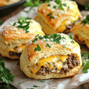 To make Garlic Parmesan Cheeseburger Bombs, you need simple yet tasty ingredients. Here’s what you will need: - 1 pound ground beef - 1 cup shredded cheddar cheese - 1/4 cup grated Parmesan cheese - 1 teaspoon garlic powder - 1 teaspoon onion powder - 1/2 teaspoon salt - 1/2 teaspoon black pepper - 1 package (8 oz) refrigerated biscuit dough - 2 tablespoons melted butter - 1 teaspoon fresh parsley, chopped (for garnish) - Extra Parmesan cheese for sprinkling These ingredients blend well together, creating a delightful burst of flavor in each bite. You can add more flavor to your bombs with a few optional ingredients. Consider these: - Diced jalapeños for a spicy kick - Cooked bacon bits for a smoky touch - Chopped onions for added crunch - Hot sauce for extra heat - Herbs like oregano or thyme for freshness Feel free to mix and match these extras to suit your family’s taste. Each Garlic Parmesan Cheeseburger Bomb packs a punch. Here’s a rough idea of what you get per bomb: - Calories: 220 - Protein: 12g - Fat: 15g - Carbohydrates: 10g - Fiber: 0g - Sugar: 0g These values can change based on your ingredient choices. By using lean ground beef or low-fat cheese, you can make them even healthier. For detailed information, check the Full Recipe. Making Garlic Parmesan Cheeseburger Bombs is fun and easy. Gather your ingredients first. You need ground beef, cheeses, spices, and biscuit dough. Preheat your oven to 375°F (190°C). This ensures even cooking. Line your baking sheet with parchment paper to avoid sticking. 1. In a large bowl, mix the ground beef with cheddar cheese and Parmesan cheese. 2. Add garlic powder, onion powder, salt, and black pepper. Stir well until everything is mixed. 3. Open the biscuit dough and separate it into individual biscuits. Flatten each biscuit into a circle using your hands or a rolling pin. Make sure it’s big enough for the filling. 4. Place a spoonful of the beef mixture in the center of each circle. 5. Fold the edges over the filling and pinch them closed. Make sure they are sealed tight. 6. Place the bombs seam-side down on your baking sheet, spaced apart. 7. Brush the tops with melted butter. Sprinkle extra Parmesan cheese on top for more flavor. 8. Bake for 15-18 minutes until golden brown. Let them cool for a few minutes before serving. To get the best results, make sure the oven is fully preheated. Keep an eye on the bombs as they bake. If they seem to brown too fast, lower the heat slightly. Let them cool a bit before you dive in. This helps keep the filling from being too hot. For a fun touch, serve them warm with ketchup or mustard on the side. Enjoy your tasty family treat! To seal the bombs well, make sure to pinch the edges tightly. This keeps the filling inside. After filling each biscuit, fold the edges over the beef mixture. Use your fingers to create a tight seal. If there are gaps, the filling may leak out during baking. Practice makes perfect, so don’t worry if it takes a few tries! To boost the flavor, add fresh herbs. Chopped parsley or chives work great. You can also mix in some diced jalapeños for heat. Consider using different cheeses too. Cream cheese adds a creamy texture, while pepper jack gives a spicy kick. Always taste your beef mixture before sealing. Adjust salt or spices to your liking for a perfect bite. Serve Garlic Parmesan Cheeseburger Bombs warm. Arrange them on a nice platter for a fun display. A small bowl of dipping sauce adds excitement. Ketchup or mustard are classic choices. You could also try ranch or barbecue sauce for a twist. Garnishing with chopped parsley not only adds color but also a fresh taste. Enjoy these bombs at family gatherings or game day! {{image_4}} You can adjust the recipe for different diets. For a healthier option, swap ground beef for ground turkey or chicken. These meats are leaner and still taste great. If you're vegan, try using a plant-based meat substitute. You can also use dairy-free cheese for a vegan-friendly treat. Instead of biscuit dough, use a gluten-free dough for those with gluten issues. These swaps keep the dish tasty while meeting your needs. Get creative with flavors! You can add cooked bacon bits for a smoky touch. For spice lovers, mix in jalapeños or hot sauce. Try different cheeses, like pepper jack or mozzarella, for a unique twist. You can even make a pizza version by adding pepperoni and marinara sauce. The options are endless! Each filling can change the whole dish, so explore what you love. Baking is my go-to method for these bombs. It gives them a nice, crisp texture without extra oil. Plus, it's easier to clean up! Frying is another option if you want a golden, crunchy exterior. Heat oil in a deep pan and fry the bombs until brown. Just be careful, as frying can make the bombs greasy. Choose the method that best fits your time and taste. To store your leftover Garlic Parmesan Cheeseburger Bombs, let them cool first. Place them in an airtight container. This keeps the bombs fresh and tasty. You can keep them in the fridge for up to three days. If you want to save them longer, freezing is a great option. Reheat your bombs in the oven for the best taste. Preheat the oven to 350°F (175°C). Place the bombs on a baking sheet. Heat them for about 10-12 minutes. This helps them regain their crispy texture. If you're in a hurry, you can use the microwave. Heat them for 30 seconds, then check. Heat longer if needed. To freeze your Garlic Parmesan Cheeseburger Bombs, wrap each one tightly in plastic wrap. Then, place them in a freezer-safe bag or container. They can last up to three months in the freezer. When you're ready to eat, thaw them in the fridge overnight. Then, bake them at 375°F (190°C) for about 15-18 minutes. Enjoy your yummy treat again! For the full recipe, check out the details above. To make the best Garlic Parmesan Cheeseburger Bombs, follow these steps: 1. Preheat your oven to 375°F (190°C). 2. Mix ground beef, cheddar cheese, Parmesan cheese, garlic powder, onion powder, salt, and black pepper in a bowl. 3. Flatten the biscuit dough into circles. 4. Place a spoonful of the beef mix in the center. 5. Fold the dough over and pinch it tightly. 6. Brush the tops with melted butter and add extra Parmesan cheese. 7. Bake for 15-18 minutes until golden brown. The key is to ensure the filling is evenly mixed and the dough is sealed well. Yes, you can use turkey or chicken instead of beef. Ground turkey is a great lean option. Ground chicken also works well, offering a lighter flavor. Adjust the seasonings slightly to enhance the taste. Make sure to cook the poultry thoroughly to avoid any health risks. Both alternatives can be just as delicious as beef in these bombs. These bombs take about 15-18 minutes to bake. Keep an eye on them as they cook. You want them to be golden brown on top and fully cooked inside. Using a meat thermometer can help. The internal temperature should reach 160°F (71°C) for ground beef and 165°F (74°C) for poultry. Enjoy these tasty treats fresh from the oven! You learned how to make tasty Garlic Parmesan Cheeseburger Bombs. We covered the main and optional ingredients, plus helpful tips for cooking. I shared ways to mix flavors and how to store leftovers, too. As you try this dish, remember it’s all about fun and taste. Feel free to adapt the recipe to your likes. Enjoy making this fun meal with family or friends!