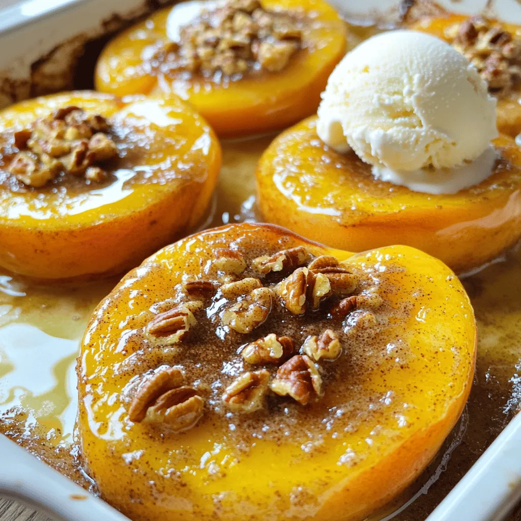 To make easy baked peaches, gather these key items: - 4 ripe peaches, halved and pitted - 4 tablespoons brown sugar - 1 teaspoon ground cinnamon - 2 tablespoons unsalted butter, melted - 1/2 teaspoon vanilla extract - A pinch of salt These ingredients create the perfect balance of sweet and warm flavors. The ripe peaches are the star of this dish. Use soft, juicy peaches for the best taste. You can add more flavor with these optional ingredients: - Crushed nuts (like pecans or walnuts) for topping - Vanilla ice cream or yogurt for serving Adding nuts gives a nice crunch. Ice cream or yogurt adds creaminess. These options take your dessert to another level. When picking peaches, look for these signs: - A sweet smell that fills the air - A soft feel when you gently squeeze - No green spots on the skin Ripe peaches taste the best. If you find firm peaches, let them sit at room temperature for a few days. They will soften and develop sweetness. Enjoy the process and the flavors! Start by washing the peaches under cold water. This removes dirt and residues. Next, cut each peach in half and remove the pit. Place the peach halves in a baking dish, cut side up. Make sure they fit snugly without overlapping. This helps them bake evenly. In a small bowl, combine 4 tablespoons of brown sugar with 1 teaspoon of ground cinnamon. Mix well until the sugar and cinnamon are fully blended. Set this aside for later. The sweet smell will excite your taste buds and make the peaches even more tempting. Preheat your oven to 350°F (175°C). Drizzle 2 tablespoons of melted butter over the peach halves. Add 1/2 teaspoon of vanilla extract for extra flavor. Now, sprinkle the cinnamon-sugar mix generously on top of each peach half. Bake for 20-25 minutes. The peaches will turn soft, and the sugar will caramelize nicely. If you want a crunch, add crushed nuts during the last 5 minutes of baking. Once they are done, take them out and let them cool for a few minutes. Serve warm with a scoop of vanilla ice cream or yogurt. This pairing adds a creamy texture that perfectly complements the warm peaches. Check the Full Recipe for more details on this delicious dessert! To get tender peaches, choose ripe ones. Look for peaches that yield slightly when you press them. This means they are ready to eat. Bake them at 350°F for 20-25 minutes. Check them often. You want them soft but not mushy. The sugar will help caramelize, adding a sweet glaze. To make your baked peaches even better, serve them with vanilla ice cream or yogurt. The cold creaminess pairs perfectly with the warm fruit. You can add crushed nuts for a nice crunch. Try drizzling honey or maple syrup on top. A sprinkle of fresh mint adds color and a fresh taste. One mistake is not using ripe peaches. Always pick peaches that feel soft. Another error is overbaking them. Keep an eye on your peaches to avoid mushiness. Don't skip the butter; it helps with flavor and texture. Finally, don’t forget to let them cool a bit before serving. This helps the flavors settle. For the full recipe, check out the Delightful Baked Peaches. {{image_4}} If you want a healthier choice, try using honey or maple syrup. These sweeteners add flavor and reduce refined sugar. Use the same amount as brown sugar. You can also try coconut sugar for a low-glycemic option. It works well in this recipe, too. Adjust the amount based on your taste preference. Baked peaches are great, but you can mix it up with other fruits. Try ripe plums or nectarines for a twist. Apples and pears can also work nicely. Just slice them and follow the same steps. Each fruit brings its own fun flavor, making your dessert unique. You can even combine different fruits for a colorful mix. Cinnamon is a classic, but don't stop there. Try nutmeg for warmth or cardamom for a hint of spice. Ginger adds a zesty kick that pairs well with peaches. During the fall, pumpkin spice can bring a cozy feel to the dish. Mix these spices into your cinnamon sugar blend for extra flavor. Each season can inspire a new twist on this easy treat. For the full recipe, check out the delightful baked peaches section! To store leftover baked peaches, allow them to cool completely. Place them in an airtight container. Make sure to separate layers with parchment paper to prevent sticking. This prevents them from getting mushy and keeps them fresh. Keep the container in the fridge. Enjoy your baked peaches within three days for the best taste. Reheating baked peaches is easy. You can use the oven or microwave. For the oven, set it to 350°F (175°C). Place the peaches in a baking dish and cover them with foil. Heat for about 10 minutes. This warms them without drying them out. If you use the microwave, heat them for 30 seconds at a time. Check if they are warm enough before adding more time. Yes, you can freeze baked peaches! First, let them cool fully. Then, place them in a single layer on a baking sheet. Freeze until solid. After that, transfer them into a freezer bag or container. This keeps them fresh for up to three months. When you're ready to eat them, thaw them in the fridge overnight. Reheat them as described earlier for a warm, tasty treat. For the detailed steps on making these delightful treats, don't forget to check the Full Recipe! Yes, you can use canned peaches. They make this recipe quick and easy. Just drain them well before using. Canned peaches may not be as firm as fresh ones. This means they might bake faster, so keep an eye on them. Enjoy the sweet, warm flavor even with canned peaches! Baked peaches can last for about three to four days in the fridge. Store them in an airtight container to keep them fresh. When you’re ready to enjoy them again, reheat gently in the microwave. This way, you can savor the tasty treat once more! If you want to skip the butter, try coconut oil or olive oil. Both provide a nice flavor and texture. You can also use unsweetened applesauce for a lighter option. This keeps the dish moist while adding natural sweetness. It’s a great way to make your baked peaches even more fun and healthy! For the full recipe, see the section above. Baked peaches are easy and fun to make. We covered essential and optional ingredients to boost flavor. I shared tips for selecting ripe peaches and the step-by-step baking process. You learned common mistakes and how to achieve tender fruit. Now, you can explore variations with sweeteners and spices. Plus, you know how to store leftovers. Enjoy your baked peaches, and make them your own!