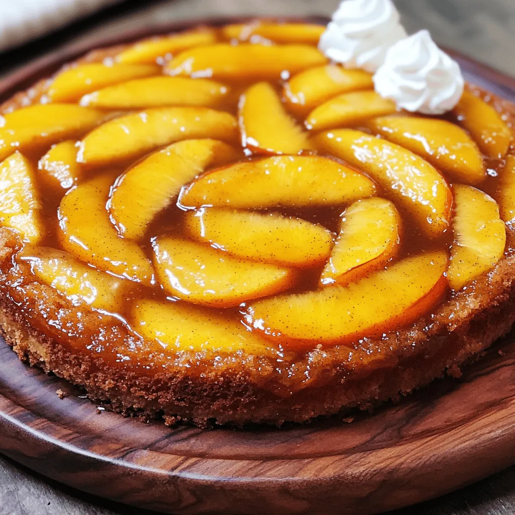 To make a Peach Upside Down Cake, you need simple, fresh ingredients. Each one plays a key role in creating the soft, sweet, and fruity delight that we all love. Here’s what you need: - Ripe Peaches - Unsalted Butter - Brown Sugar - All-Purpose Flour - Baking Powder - Salt - Granulated Sugar - Egg - Milk - Vanilla Extract - Ground Cinnamon These ingredients work together to create a cake that is moist and bursting with flavor. The ripe peaches provide natural sweetness and a beautiful look. The unsalted butter adds richness, while brown sugar creates a lovely caramel-like base. The mix of flour, baking powder, and salt gives the cake its perfect texture. The egg, milk, and vanilla extract add depth, and a touch of ground cinnamon gives it warmth. Using fresh, ripe peaches is key. They should be juicy and sweet for the best results. If your peaches aren’t ripe yet, let them sit at room temperature for a few days. Once you have all your ingredients ready, you’re set for a wonderful baking experience. Check out the Full Recipe for more details! Start by preheating your oven to 350°F (175°C). Preheating is key for even baking. If your oven is not hot enough, the cake can turn out dense. That is not what we want! Next, we prepare the cake pan. Place 1/4 cup of unsalted butter in a 9-inch round pan. Melt it in the oven while it heats. Once melted, remove the pan and sprinkle brown sugar evenly over the butter. This creates a sweet layer. Now, take your 3 ripe peaches, pitted and thinly sliced. Arrange them over the brown sugar. Make sure the peaches cover the whole bottom. Now, it's time to make the batter. In a medium bowl, mix together 1 cup of all-purpose flour, 1 teaspoon of baking powder, 1/4 teaspoon of salt, and 1/2 teaspoon of ground cinnamon. This blend gives the cake flavor and lift. In a separate bowl, combine 1/2 cup of granulated sugar, 1 large egg, 1/2 cup of milk, and 1 teaspoon of vanilla extract. Whisk until smooth. Next, add the dry mixture to this wet mix. Stir gently until just combined; it's okay if there are some lumps. Carefully pour the batter over the arranged peaches. Use a spatula to smooth it out. Place the pan in the preheated oven and bake for 30-35 minutes. To check for doneness, insert a toothpick into the center. If it comes out clean, your cake is ready! After baking, let the cake cool in the pan for about 10 minutes. This will help it set. To invert, place a serving plate upside down over the cake pan. Gently tap or shake the pan to release it. This will show off the beautiful peaches on top! Allow the cake to cool for a few minutes before slicing. This helps the flavors blend and makes serving easier. For the complete recipe, check out the Full Recipe section. Avoiding Overmixing To get a soft cake, mix gently. Once you combine the wet and dry mixes, stop mixing when you see a few lumps. Overmixing leads to a dense cake, which we want to avoid. This is key to keeping the cake light and fluffy. Checking Cake Doneness Always check for doneness to avoid underbaking or overbaking. Insert a toothpick into the center of the cake. It should come out clean. If it has batter on it, give the cake more time. Each oven is a little different, so keep an eye on it! Recommended Accompaniments This cake shines on its own, but adding a scoop of vanilla ice cream makes it even better. Fresh whipped cream also pairs well. You can serve it warm or at room temperature, depending on your preference. Creative Serving Ideas For a fun twist, slice the cake into squares and serve them in dessert cups. Top with diced peaches and a drizzle of honey. This makes it look fancy and tastes delicious! You can also add a sprinkle of cinnamon for extra flavor. Adding Spices To boost the flavor, try adding a pinch of nutmeg or ginger. This can give your cake a warm, spicy kick. You can also increase the ground cinnamon if you love that flavor. Substituting Ingredients If you want to change things up, use other fruits like nectarines or plums instead of peaches. You can also swap out the all-purpose flour for a gluten-free mix. Just ensure you follow the same measurements for a great outcome. For the full recipe, check out the Peachy Paradise Upside Down Cake section. {{image_4}} You can use many fruits in your upside down cake. Fresh, seasonal fruits work best. In summer, use juicy peaches. In fall, try apples or pears. These fruits add unique flavors and textures. Berry or stone fruits also make great substitutes. Blueberries, blackberries, or cherries bring a delightful twist. They can add a burst of color and flavor to your cake. Each fruit choice changes the taste, making it fun to experiment! For those with gluten restrictions, a gluten-free version is easy to make. Substitute all-purpose flour with a gluten-free blend. Make sure it contains xanthan gum to help with texture. Your cake will still be soft and delicious! If you want a vegan cake, replace the egg and milk. Use flaxseed meal mixed with water as an egg substitute. Almond milk or oat milk can replace regular milk. These swaps make your cake plant-based without losing flavor. To elevate your cake, consider adding citrus zest. Orange or lemon zest brings a fresh, bright note. Just a teaspoon can enhance the overall flavor without overpowering the peaches. Different extracts also change the flavor. Almond extract adds a lovely nutty taste. Coconut or maple extract can bring a different sweetness. Feel free to experiment with your favorite flavors! To keep your peach upside down cake fresh, store it in the fridge. Use an airtight container or cover it tightly with plastic wrap. This helps keep moisture and flavor intact. Your cake will stay fresh for about 3 to 5 days in the fridge. If you want to save your cake for later, freezing is a great option. First, let the cake cool completely. Wrap it tightly in plastic wrap, then in aluminum foil. This double wrapping prevents freezer burn. You can freeze the cake for up to 3 months. When you're ready to eat it, let it thaw in the fridge overnight. To reheat, place slices in the oven at 350°F (175°C) for about 10 minutes. This warms the cake nicely without drying it out. To keep your cake moist, cover it well. If you use a cake dome, that works great. You can also drizzle a simple syrup over the top before storing. This adds extra moisture and sweetness. Just mix equal parts of sugar and water, then heat until dissolved. Let it cool before using. This method keeps your cake soft and delicious! Peach upside down cake is a sweet dessert that features juicy peaches on the top. When you flip the cake, the peaches create a beautiful glaze. This cake is soft, moist, and packed with flavor. Its base is made from simple ingredients, making it easy to prepare. The cake has a rich buttery taste and a lovely caramelized finish from the brown sugar. Each slice reveals the stunning fruit on top, making it a showstopper for any gathering. Yes, you can use canned peaches in this recipe. However, fresh peaches are juicier and add more flavor. Canned peaches often have added syrup, which can make the cake sweeter. The texture of canned peaches is also softer, which may change the overall feel of your cake. If you choose canned peaches, be sure to drain them well to avoid excess moisture. This will help keep your cake from becoming soggy. To prevent sticking, grease your cake pan well. Use unsalted butter to coat the bottom and sides of the pan. You can also use parchment paper for extra protection. After greasing, sprinkle a little flour over the butter and tap out the excess. This creates a barrier between the cake and the pan. Allowing the cake to cool in the pan for a short time helps too. This makes it easier to invert without breaking. Peach upside down cake can last for about three days at room temperature. Store it in an airtight container to keep it moist. If you put it in the fridge, it can last up to a week. Check for signs of spoilage, like a sour smell or sticky texture. If you notice any changes, it’s best to throw it out. Enjoy it fresh for the best taste! This blog post explored making a delicious peach upside down cake. We covered the key ingredients and provided step-by-step instructions for success. You learned tips for perfect texture and flavor, along with creative variations. Proper storage methods ensure your cake stays fresh. In conclusion, baking can be fun and rewarding. Enjoy your peach upside down cake, and share it with friends and family. Happy baking!