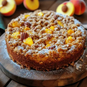 To make this delightful cake, you need: - 2 cups fresh peaches, peeled and diced - 1 ½ cups all-purpose flour - 1 cup granulated sugar - ½ cup unsalted butter, softened to room temperature - 2 large eggs - 1 cup buttermilk, at room temperature - 1 teaspoon vanilla extract - 1 tablespoon baking powder - ½ teaspoon baking soda - ½ teaspoon salt - 1 teaspoon ground cinnamon - ½ cup brown sugar (for crumb topping) - ½ cup rolled oats (for crumb topping) - ½ cup chopped pecans (optional, for crumb topping) - ½ teaspoon ground nutmeg (for crumb topping) When you pick peaches, look for these signs: - Choose peaches that feel slightly soft when you squeeze them. - Look for a rich color, like a golden yellow or soft pink. - Check for a sweet scent; it means they are ripe and ready. - Avoid peaches with dark spots or wrinkles, as they may be overripe. - Local farmers' markets often have the best peaches. They are fresher and tastier. If you lack some ingredients, here are easy swaps: - Use Greek yogurt instead of buttermilk for a thick texture. - Swap granulated sugar with brown sugar for a richer flavor. - If you have no pecans, try walnuts or leave them out. - You can use whole wheat flour instead of all-purpose flour for added fiber. - For a vegan option, replace eggs with flaxseed meal mixed with water. I hope these tips help you create the best Southern Peach Crumb Cake. For the full recipe, follow the link! Making Southern Peach Crumb Cake is simple and fun. First, you gather your ingredients. Next, you prepare your oven and baking dish. Then, you make the cake batter and crumb topping. Finally, you bake it. Each step builds on the last, creating a delightful treat. To make the cake batter, start by preheating your oven to 350°F (175°C). Grease a 9x13-inch baking dish with butter or non-stick spray. In a large bowl, cream together ½ cup of softened butter and 1 cup of granulated sugar. Use an electric mixer or a wooden spoon for this. Mix until it is light and fluffy, about 2-3 minutes. Add 2 large eggs one at a time. Mix well after each addition. In another bowl, combine 1 ½ cups of all-purpose flour, 1 tablespoon of baking powder, ½ teaspoon of baking soda, ½ teaspoon of salt, and 1 teaspoon of ground cinnamon. Stir these dry ingredients together. Gradually add this mixture to the butter and sugar. Alternate with 1 cup of buttermilk and 1 teaspoon of vanilla extract. Stir gently until just combined. Don’t overmix! Finally, fold in 2 cups of diced peaches. Use a spatula to ensure they are evenly mixed. For the crumb topping, take another bowl. Combine ½ cup of brown sugar, ½ cup of rolled oats, and ½ cup of chopped pecans if you like them. Add ½ teaspoon of ground cinnamon. Melt ½ cup of butter and pour it into the bowl. Mix until the texture is crumbly. The butter should be well mixed throughout. Now, pour the cake batter into your greased baking dish. Spread it out evenly with a spatula. Sprinkle the crumb topping all over the batter. Make sure to cover it well. Bake in your preheated oven for 35-40 minutes. Use a toothpick to check for doneness. If it comes out clean, your cake is ready! Enjoy the smell of warm peaches as it bakes. This step-by-step guide makes it easy to enjoy a homemade Southern Peach Crumb Cake. For the full recipe and tips, check the detailed instructions. To bake a great Southern Peach Crumb Cake, start with ripe peaches. Look for peaches that are soft but not mushy. This ensures they add just the right sweetness. Use room temperature ingredients like butter and eggs. This helps the batter mix more evenly. Don't skip the buttermilk; it adds moisture and depth to the flavor. When mixing, be gentle. Overmixing can make the cake tough instead of soft. One common mistake is using cold butter. It won't cream well and can lead to a dense cake. Another mistake is not checking the oven temperature. An oven thermometer can help you bake at the right heat. Always let your cake cool in the pan for a few minutes before cutting. This helps it hold its shape better. Lastly, resist the urge to open the oven door too early. This can cause the cake to sink. To make the peach flavor pop, toss the diced peaches in a little sugar and cinnamon before adding them to the batter. This helps bring out their natural sweetness. You can also add a splash of peach schnapps to the batter for extra flavor. For a twist, mix in some lemon juice with the peaches. The acidity will balance the sweetness and make every bite brighter. For the full recipe, check out the Southern Peach Crumb Cake details. {{image_4}} You can add fun flavors to your Southern Peach Crumb Cake. Consider using different fruits like blueberries or blackberries. These berries pair well with peaches and add a nice color. You can also try spices like cardamom or ginger for a unique twist. If you love chocolate, mix in some chocolate chips. They add a rich taste that contrasts beautifully with the sweet peaches. Toppings can change your cake experience. Instead of the usual crumb topping, try a streusel made with almonds. You can also drizzle a caramel sauce over the top for sweetness. For a crunchy texture, sprinkle on some granola before baking. You may also swap pecans for walnuts or almonds, depending on your taste. These options will make your cake stand out. You can make this cake gluten-free by using almond flour or a gluten-free blend. Check the label to ensure it has a good structure. For a vegan version, replace eggs with flaxseed meal mixed with water. Use plant-based butter and almond milk in place of dairy. These simple swaps let everyone enjoy this delicious treat. You can find the full recipe online to see all the steps clearly. To keep your Southern Peach Crumb Cake fresh, store it in an airtight container. Place a piece of wax paper between the cake and the lid to avoid sogginess. You can keep it at room temperature for up to three days. If you live in a warm climate, refrigerate it to extend freshness. Remember, the flavors improve as it sits! To reheat the cake, preheat your oven to 350°F (175°C). Place the cake in the oven for about 10-15 minutes. This warms it up and brings back the crumbly texture. If you prefer, you can also use the microwave. Heat a slice for 20-30 seconds. Keep an eye on it to avoid overheating. If you want to save the cake for later, freezing works well. First, let the cake cool completely. Then, slice it into portions. Wrap each piece tightly in plastic wrap and place them in a freezer bag. Remove as much air as possible. The cake will last in the freezer for up to three months. When ready to enjoy, thaw it overnight in the fridge before reheating. For more details, check the Full Recipe. Southern Peach Crumb Cake can last up to three days at room temperature. After that, it is best to store it in the fridge, where it can last for up to a week. If you want to keep it longer, you can freeze the cake. Just wrap it well in plastic wrap and foil. It can last for up to three months in the freezer. Yes, you can use canned peaches. Just make sure they are well-drained. Canned peaches can add a sweet flavor and save time. However, fresh peaches give a better texture and taste. I prefer using fresh when they are in season. You can serve this cake with a scoop of vanilla ice cream or whipped cream. A drizzle of caramel sauce can also enhance the flavors. Fresh peach slices on the side look lovely and taste great too. You could even serve it with a cup of coffee or tea. To check if the cake is done, insert a toothpick into the center. If it comes out clean, the cake is ready. If there is batter on the toothpick, bake it for a few more minutes. The top should be golden brown and feel firm to the touch. To make this Southern Peach Crumb Cake, you will first gather your ingredients. The prep time is 20 minutes, and the cook time is about 35 to 40 minutes. This recipe serves 12 people, so it's perfect for gatherings! You start by preheating your oven to 350°F (175°C). Prepare your baking dish by greasing it to avoid sticking. Next, you will peel and dice your fresh peaches. Then, make the cake batter by creaming together softened butter and sugar. After that, mix in your eggs and dry ingredients along with buttermilk and vanilla. Fold in the peaches last. Prepare the crumb topping by mixing brown sugar, oats, and optional pecans. Pour the batter into the dish, sprinkle the topping, and bake until golden. Let it cool a bit before serving. Here’s the simple recipe format you can follow: - Ingredients: - 2 cups fresh peaches, peeled and diced - 1 ½ cups all-purpose flour - 1 cup granulated sugar - ½ cup unsalted butter, softened - 2 large eggs - 1 cup buttermilk, at room temperature - 1 teaspoon vanilla extract - 1 tablespoon baking powder - ½ teaspoon baking soda - ½ teaspoon salt - 1 teaspoon ground cinnamon - ½ cup brown sugar (for crumb topping) - ½ cup rolled oats (for crumb topping) - ½ cup chopped pecans (optional, for crumb topping) - ½ teaspoon ground nutmeg (for crumb topping) - Steps: 1. Preheat your oven to 350°F (175°C). Grease a 9x13-inch baking dish. 2. Peel and dice the peaches. Set them aside. 3. Cream the butter and sugar in a bowl. Add eggs one by one. 4. Mix flour, baking powder, baking soda, salt, and spices in another bowl. 5. Alternately add dry mix and buttermilk to the butter mixture. Fold in the peaches. 6. For the topping, mix brown sugar, oats, optional pecans, and melted butter. 7. Spread the batter in the dish and sprinkle the topping. Bake for 35-40 minutes. 8. Cool for 10 minutes, then cut and serve. This cake is not only tasty but also has a good balance of nutrients. Each serving contains approximately: - Calories: 280 - Total Fat: 12g - Saturated Fat: 6g - Cholesterol: 60mg - Sodium: 150mg - Total Carbohydrates: 40g - Dietary Fiber: 2g - Sugars: 20g - Protein: 4g For a delightful treat, enjoy this Southern Peach Crumb Cake warm. You can find the full recipe details in the earlier sections. Enjoy baking! We covered how to make a delicious Southern Peach Crumb Cake, from gathering ingredients to expert tips. Selecting ripe peaches is key, as is avoiding common baking mistakes. I shared different cake variations and storage methods, ensuring your cake stays fresh. Remember, the best flavor and texture come from care in each step. Try these ideas next time you bake, and enjoy the sweet results! Your friends and family will love this cake as much as you do.
