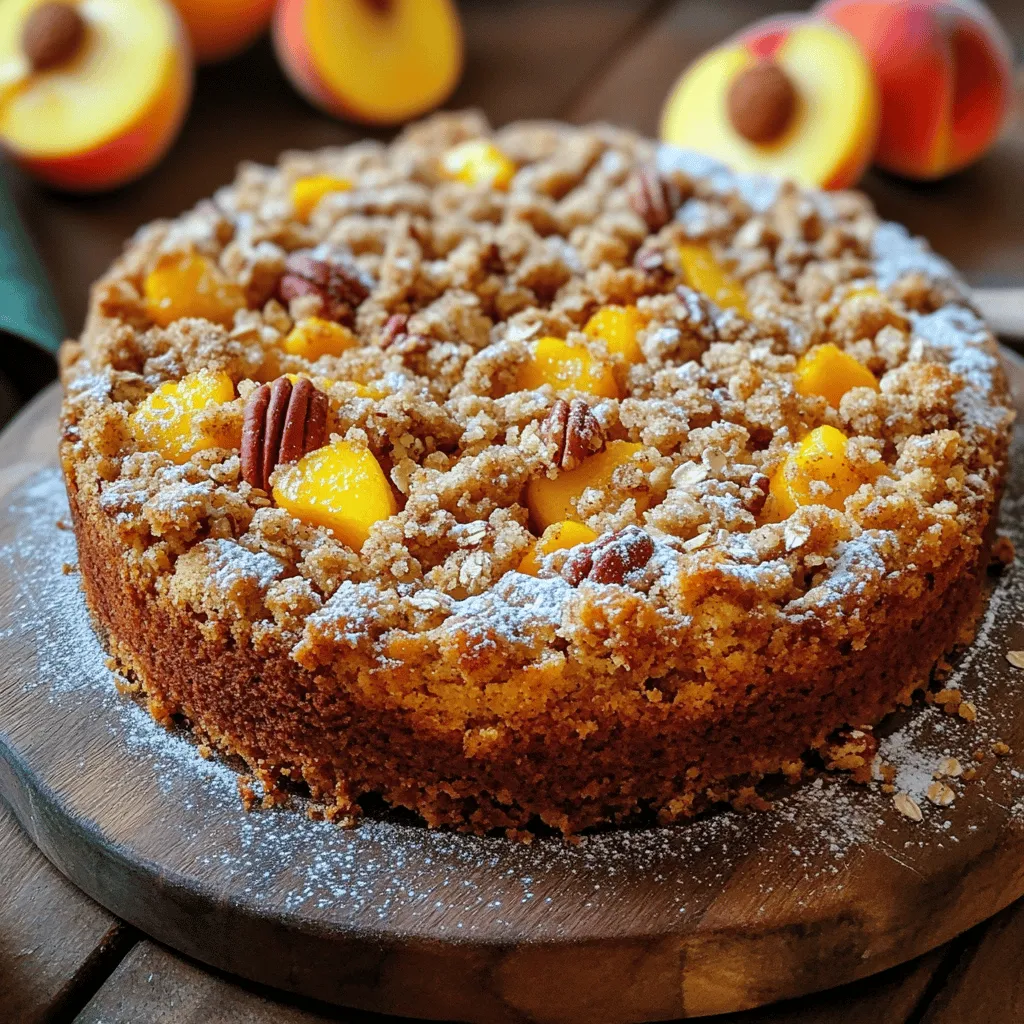 To make this delightful cake, you need: - 2 cups fresh peaches, peeled and diced - 1 ½ cups all-purpose flour - 1 cup granulated sugar - ½ cup unsalted butter, softened to room temperature - 2 large eggs - 1 cup buttermilk, at room temperature - 1 teaspoon vanilla extract - 1 tablespoon baking powder - ½ teaspoon baking soda - ½ teaspoon salt - 1 teaspoon ground cinnamon - ½ cup brown sugar (for crumb topping) - ½ cup rolled oats (for crumb topping) - ½ cup chopped pecans (optional, for crumb topping) - ½ teaspoon ground nutmeg (for crumb topping) When you pick peaches, look for these signs: - Choose peaches that feel slightly soft when you squeeze them. - Look for a rich color, like a golden yellow or soft pink. - Check for a sweet scent; it means they are ripe and ready. - Avoid peaches with dark spots or wrinkles, as they may be overripe. - Local farmers' markets often have the best peaches. They are fresher and tastier. If you lack some ingredients, here are easy swaps: - Use Greek yogurt instead of buttermilk for a thick texture. - Swap granulated sugar with brown sugar for a richer flavor. - If you have no pecans, try walnuts or leave them out. - You can use whole wheat flour instead of all-purpose flour for added fiber. - For a vegan option, replace eggs with flaxseed meal mixed with water. I hope these tips help you create the best Southern Peach Crumb Cake. For the full recipe, follow the link! Making Southern Peach Crumb Cake is simple and fun. First, you gather your ingredients. Next, you prepare your oven and baking dish. Then, you make the cake batter and crumb topping. Finally, you bake it. Each step builds on the last, creating a delightful treat. To make the cake batter, start by preheating your oven to 350°F (175°C). Grease a 9x13-inch baking dish with butter or non-stick spray. In a large bowl, cream together ½ cup of softened butter and 1 cup of granulated sugar. Use an electric mixer or a wooden spoon for this. Mix until it is light and fluffy, about 2-3 minutes. Add 2 large eggs one at a time. Mix well after each addition. In another bowl, combine 1 ½ cups of all-purpose flour, 1 tablespoon of baking powder, ½ teaspoon of baking soda, ½ teaspoon of salt, and 1 teaspoon of ground cinnamon. Stir these dry ingredients together. Gradually add this mixture to the butter and sugar. Alternate with 1 cup of buttermilk and 1 teaspoon of vanilla extract. Stir gently until just combined. Don’t overmix! Finally, fold in 2 cups of diced peaches. Use a spatula to ensure they are evenly mixed. For the crumb topping, take another bowl. Combine ½ cup of brown sugar, ½ cup of rolled oats, and ½ cup of chopped pecans if you like them. Add ½ teaspoon of ground cinnamon. Melt ½ cup of butter and pour it into the bowl. Mix until the texture is crumbly. The butter should be well mixed throughout. Now, pour the cake batter into your greased baking dish. Spread it out evenly with a spatula. Sprinkle the crumb topping all over the batter. Make sure to cover it well. Bake in your preheated oven for 35-40 minutes. Use a toothpick to check for doneness. If it comes out clean, your cake is ready! Enjoy the smell of warm peaches as it bakes. This step-by-step guide makes it easy to enjoy a homemade Southern Peach Crumb Cake. For the full recipe and tips, check the detailed instructions. To bake a great Southern Peach Crumb Cake, start with ripe peaches. Look for peaches that are soft but not mushy. This ensures they add just the right sweetness. Use room temperature ingredients like butter and eggs. This helps the batter mix more evenly. Don't skip the buttermilk; it adds moisture and depth to the flavor. When mixing, be gentle. Overmixing can make the cake tough instead of soft. One common mistake is using cold butter. It won't cream well and can lead to a dense cake. Another mistake is not checking the oven temperature. An oven thermometer can help you bake at the right heat. Always let your cake cool in the pan for a few minutes before cutting. This helps it hold its shape better. Lastly, resist the urge to open the oven door too early. This can cause the cake to sink. To make the peach flavor pop, toss the diced peaches in a little sugar and cinnamon before adding them to the batter. This helps bring out their natural sweetness. You can also add a splash of peach schnapps to the batter for extra flavor. For a twist, mix in some lemon juice with the peaches. The acidity will balance the sweetness and make every bite brighter. For the full recipe, check out the Southern Peach Crumb Cake details. {{image_4}} You can add fun flavors to your Southern Peach Crumb Cake. Consider using different fruits like blueberries or blackberries. These berries pair well with peaches and add a nice color. You can also try spices like cardamom or ginger for a unique twist. If you love chocolate, mix in some chocolate chips. They add a rich taste that contrasts beautifully with the sweet peaches. Toppings can change your cake experience. Instead of the usual crumb topping, try a streusel made with almonds. You can also drizzle a caramel sauce over the top for sweetness. For a crunchy texture, sprinkle on some granola before baking. You may also swap pecans for walnuts or almonds, depending on your taste. These options will make your cake stand out. You can make this cake gluten-free by using almond flour or a gluten-free blend. Check the label to ensure it has a good structure. For a vegan version, replace eggs with flaxseed meal mixed with water. Use plant-based butter and almond milk in place of dairy. These simple swaps let everyone enjoy this delicious treat. You can find the full recipe online to see all the steps clearly. To keep your Southern Peach Crumb Cake fresh, store it in an airtight container. Place a piece of wax paper between the cake and the lid to avoid sogginess. You can keep it at room temperature for up to three days. If you live in a warm climate, refrigerate it to extend freshness. Remember, the flavors improve as it sits! To reheat the cake, preheat your oven to 350°F (175°C). Place the cake in the oven for about 10-15 minutes. This warms it up and brings back the crumbly texture. If you prefer, you can also use the microwave. Heat a slice for 20-30 seconds. Keep an eye on it to avoid overheating. If you want to save the cake for later, freezing works well. First, let the cake cool completely. Then, slice it into portions. Wrap each piece tightly in plastic wrap and place them in a freezer bag. Remove as much air as possible. The cake will last in the freezer for up to three months. When ready to enjoy, thaw it overnight in the fridge before reheating. For more details, check the Full Recipe. Southern Peach Crumb Cake can last up to three days at room temperature. After that, it is best to store it in the fridge, where it can last for up to a week. If you want to keep it longer, you can freeze the cake. Just wrap it well in plastic wrap and foil. It can last for up to three months in the freezer. Yes, you can use canned peaches. Just make sure they are well-drained. Canned peaches can add a sweet flavor and save time. However, fresh peaches give a better texture and taste. I prefer using fresh when they are in season. You can serve this cake with a scoop of vanilla ice cream or whipped cream. A drizzle of caramel sauce can also enhance the flavors. Fresh peach slices on the side look lovely and taste great too. You could even serve it with a cup of coffee or tea. To check if the cake is done, insert a toothpick into the center. If it comes out clean, the cake is ready. If there is batter on the toothpick, bake it for a few more minutes. The top should be golden brown and feel firm to the touch. To make this Southern Peach Crumb Cake, you will first gather your ingredients. The prep time is 20 minutes, and the cook time is about 35 to 40 minutes. This recipe serves 12 people, so it's perfect for gatherings! You start by preheating your oven to 350°F (175°C). Prepare your baking dish by greasing it to avoid sticking. Next, you will peel and dice your fresh peaches. Then, make the cake batter by creaming together softened butter and sugar. After that, mix in your eggs and dry ingredients along with buttermilk and vanilla. Fold in the peaches last. Prepare the crumb topping by mixing brown sugar, oats, and optional pecans. Pour the batter into the dish, sprinkle the topping, and bake until golden. Let it cool a bit before serving. Here’s the simple recipe format you can follow: - Ingredients: - 2 cups fresh peaches, peeled and diced - 1 ½ cups all-purpose flour - 1 cup granulated sugar - ½ cup unsalted butter, softened - 2 large eggs - 1 cup buttermilk, at room temperature - 1 teaspoon vanilla extract - 1 tablespoon baking powder - ½ teaspoon baking soda - ½ teaspoon salt - 1 teaspoon ground cinnamon - ½ cup brown sugar (for crumb topping) - ½ cup rolled oats (for crumb topping) - ½ cup chopped pecans (optional, for crumb topping) - ½ teaspoon ground nutmeg (for crumb topping) - Steps: 1. Preheat your oven to 350°F (175°C). Grease a 9x13-inch baking dish. 2. Peel and dice the peaches. Set them aside. 3. Cream the butter and sugar in a bowl. Add eggs one by one. 4. Mix flour, baking powder, baking soda, salt, and spices in another bowl. 5. Alternately add dry mix and buttermilk to the butter mixture. Fold in the peaches. 6. For the topping, mix brown sugar, oats, optional pecans, and melted butter. 7. Spread the batter in the dish and sprinkle the topping. Bake for 35-40 minutes. 8. Cool for 10 minutes, then cut and serve. This cake is not only tasty but also has a good balance of nutrients. Each serving contains approximately: - Calories: 280 - Total Fat: 12g - Saturated Fat: 6g - Cholesterol: 60mg - Sodium: 150mg - Total Carbohydrates: 40g - Dietary Fiber: 2g - Sugars: 20g - Protein: 4g For a delightful treat, enjoy this Southern Peach Crumb Cake warm. You can find the full recipe details in the earlier sections. Enjoy baking! We covered how to make a delicious Southern Peach Crumb Cake, from gathering ingredients to expert tips. Selecting ripe peaches is key, as is avoiding common baking mistakes. I shared different cake variations and storage methods, ensuring your cake stays fresh. Remember, the best flavor and texture come from care in each step. Try these ideas next time you bake, and enjoy the sweet results! Your friends and family will love this cake as much as you do.