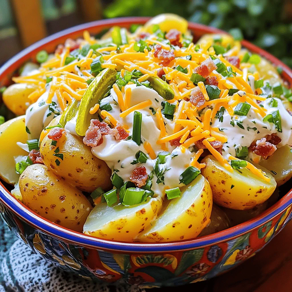 To make this loaded potato salad, you need the following main ingredients: - 2 pounds baby potatoes, halved - 1 cup sour cream - 1/2 cup mayonnaise - 1 cup shredded sharp cheddar cheese - 6 strips crispy turkey bacon, crumbled - 1/2 cup green onions, finely chopped - 1/4 cup dill pickles, diced - 1 tablespoon Dijon mustard - 1 teaspoon garlic powder - Salt and black pepper to taste These ingredients create a creamy and rich base for the salad. The baby potatoes provide a soft texture, while the bacon adds a nice crunch. Cheese and pickles bring in extra flavor that everyone loves. You can customize this potato salad with some optional ingredients. Consider adding: - Hard-boiled eggs for extra protein - Sweet corn for a pop of sweetness - Bell peppers for crunch and color - Fresh herbs like parsley or dill for a fresh taste Feel free to mix and match based on your taste. Making the salad your own is part of the fun! If you have dietary needs, there are easy substitutions. For a lighter option, use Greek yogurt instead of sour cream. You can swap mayonnaise for avocado for a creamy, healthy twist. If you prefer vegetarian, skip the bacon and use smoked paprika for flavor. Always adjust seasonings to match your chosen ingredients. You can find the full recipe for this loaded potato salad in the recipe section. Enjoy making your salad! Start by filling a large pot with water. Add a good amount of salt to the water. Bring the water to a rolling boil. Carefully add the halved baby potatoes to the pot. Cook for 15-20 minutes. You want them fork-tender but still firm. Once cooked, drain the potatoes and let them cool slightly in a colander. This cooling step is key for the salad. In a large mixing bowl, combine sour cream, mayonnaise, Dijon mustard, and garlic powder. Add a pinch of salt and black pepper. Whisk everything together until smooth and creamy. This dressing is what makes the salad rich and tasty. Make sure it’s well blended for the best flavor. Once the potatoes are cool enough to handle, add them to the dressing bowl. Use a spatula to gently fold the potatoes into the dressing. Be careful not to break them apart. This step ensures every potato piece gets coated. Next, add the shredded cheddar cheese, crumbled turkey bacon, finely chopped green onions, and diced dill pickles. Stir everything together until well mixed. Taste your potato salad and adjust the seasoning if needed. To make the best loaded potato salad, start with the right potatoes. I prefer baby potatoes. Their small size gives a nice bite. Use fresh, firm potatoes without any soft spots. When cooking, add a good amount of salt to boiling water. This enhances the flavor. Boil the potatoes for about 15-20 minutes. They should be fork-tender but not falling apart. After cooking, drain them well. Let them cool a bit in a colander. This keeps them from getting mushy. Creaminess is key for a great potato salad. Use a mix of sour cream and mayonnaise. This combination creates a rich, smooth texture. Make sure to whisk them well until fully blended. You can also add a touch of Dijon mustard for extra flavor. When mixing, be gentle with the potatoes. Fold them into the dressing carefully. The goal is to coat them without breaking them apart. Chilling the salad for at least an hour also helps the flavors blend and the texture improve. Seasoning can make or break your salad. Start with salt and black pepper. Taste it as you go. You can always add more, but it’s hard to take it out. Garlic powder adds a nice hint of flavor. Don’t forget the green onions! They add a fresh crunch. If you like a tangy kick, diced dill pickles work great. For a unique twist, consider adding a splash of pickle juice. This can brighten up the whole dish. Remember, the right balance of flavors will make your loaded potato salad shine. {{image_4}} For a tasty vegetarian twist, swap the turkey bacon for crispy chickpeas. You can roast canned chickpeas in the oven with a bit of oil and spices until they’re golden. Another great option is to add diced avocado for creaminess and healthy fats. You can also throw in some roasted bell peppers for added color and flavor. Fresh herbs like parsley or basil can brighten the dish. These swaps keep the spirit of the loaded potato salad while making it fully plant-based. Making this dish gluten-free is easy. The main ingredients, like potatoes and dairy, are naturally gluten-free. Just ensure your mayonnaise and any other sauces you use are labeled gluten-free. You can also add gluten-free bacon bits or skip the bacon altogether. This way, everyone can enjoy the creamy delight without worry. If you love spice, add some chopped jalapeños or a dash of hot sauce to the dressing. You can mix in cayenne pepper for a warm kick. Another fun idea is to use pepper jack cheese instead of cheddar. This adds a zesty flavor that pairs well with the creamy dressing. Consider adding a sprinkle of smoked paprika for a smoky depth. These spicy options will turn your loaded potato salad into a bold, exciting dish that stands out at any meal. For the full recipe, check out Loaded Potato Salad Delight. To store leftover potato salad, place it in an airtight container. Make sure to seal it tightly. This keeps the salad fresh and prevents odors from other foods. If you have a large batch, divide it into smaller containers. This way, you can grab just what you need later. When reheating potato salad, do it gently. I recommend using the microwave for best results. Heat it in short bursts of 20-30 seconds. Stir it in between to evenly warm it up. Avoid high heat, as it can change the salad's texture. If the salad seems dry after reheating, add a small dollop of sour cream or mayo to restore creaminess. Loaded potato salad lasts about 3 to 5 days in the fridge. Keep it tightly sealed to ensure freshness. If you notice any off smells or changes in color, it's best to toss it. Always trust your senses when it comes to food safety. For longer storage, consider freezing the salad, but be aware that the texture may change. For the full recipe, check out Loaded Potato Salad Delight. Yes, you can make loaded potato salad ahead of time. I often prepare it a day before serving. This allows the flavors to blend nicely. Just store it in an airtight container in the fridge. When you’re ready to serve, give it a stir. If it seems thick, add a splash of milk or extra sour cream. If you don’t have sour cream, you have options. Greek yogurt works well and adds creaminess. You can also use cottage cheese, which is rich in protein. For a dairy-free choice, try cashew cream or silken tofu blended until smooth. Each substitute will change the taste a bit, but they still work. To keep potatoes firm, follow a few key steps. First, choose baby potatoes; they hold up better. When boiling, add salt to the water. This helps them cook evenly. Avoid overcooking; check them with a fork after 15 minutes. Once they are tender, drain them and let them cool. This keeps them from absorbing too much water. You learned about making loaded potato salad from start to finish. We covered main and optional ingredients, along with safe substitutions. The step-by-step guide helped you cook the potatoes and mix them with a creamy dressing. Tips for texture and seasoning improved your dish. Variations allow for unique flavors, while storage info ensures freshness. This meal is easy to customize and perfect for any gathering. Enjoy your delicious creation and share it with friends and family!