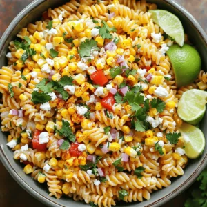 - Pasta and Vegetables - 8 oz. rotini or fusilli pasta - 2 cups fresh corn kernels (or frozen, thawed corn) - 1 red bell pepper, finely diced - 1/2 cup red onion, finely chopped - 1 jalapeño pepper, seeded and minced - Fresh Herbs and Spices - 1/2 cup fresh cilantro, roughly chopped - 1 teaspoon chili powder - Salt and pepper to taste - Dressing Components - 1/4 cup mayonnaise - 1/4 cup sour cream - Juice of 2 limes (about 1/4 cup) - 1/2 cup crumbled feta cheese (or cotija cheese for an authentic touch) This dish brings a taste of Mexico right to your table. Each ingredient plays a key role. The pasta provides a hearty base. Fresh corn adds sweetness and crunch. The red bell pepper brings color and flavor. The jalapeño gives a spicy kick. Fresh cilantro brightens the dish with its unique taste. For the dressing, the mayonnaise and sour cream create a creamy texture. Lime juice adds tanginess. Chili powder enhances the flavors with warmth and depth. You can find the complete method in the Full Recipe. Enjoy creating this delicious Mexican street corn pasta salad! - Boiling and Rinsing: Start by filling a large pot with water. Add a good amount of salt. Bring the water to a full boil. Then, add 8 oz. of rotini or fusilli pasta. Cook it for 8-10 minutes. You want the pasta to be firm but not hard. Once ready, drain the pasta and rinse it under cold water. This stops the cooking and cools it down. - Importance of Al Dente: Cooking pasta al dente is key. It keeps the pasta from getting mushy. The pasta will soak up flavors as it cools. This method makes sure every bite has a great texture. - Charring Techniques: For the corn, heat a large skillet over medium heat. Add 2 cups of fresh corn kernels. Stir the corn every few minutes. Cook for about 5-7 minutes. You want the corn to get a nice golden char. This adds a rich flavor. - Flavor Development: Charring the corn brings out its sweetness. The process adds a smoky layer that enhances the entire dish. It makes the corn more exciting and perfect for the salad. - Mixing the Vegetables: In a big mixing bowl, combine the cooled pasta and charred corn. Add the finely diced red bell pepper, the chopped red onion, minced jalapeño, and roughly chopped cilantro. Stir gently to mix everything without breaking the pasta. - Dressing the Salad: In a small bowl, whisk together 1/4 cup of mayonnaise, 1/4 cup of sour cream, juice of 2 limes, 1 teaspoon of chili powder, salt, and pepper. This dressing ties all the flavors together. Pour it over the pasta and veggies. Toss everything gently to coat well. - Incorporating Cheese: Fold in 1/2 cup of crumbled feta cheese or cotija cheese. Do this carefully to keep the cheese chunks intact. This adds a creamy texture to the salad. - Adjusting Seasoning: Taste the salad and adjust the seasoning. You may want more salt, pepper, or lime juice. This step is important for balancing the flavors. - Chilling the Salad: Cover the salad and refrigerate for at least 30 minutes. Chilling allows the flavors to mix and become more vibrant. Serve this Mexican Street Corn Pasta Salad for a bold and tasty dish. For the full recipe, refer to the earlier section. Choosing the Right Pasta For this salad, I love using rotini or fusilli. These shapes hold the dressing well. Their curves catch all the flavors. You can also try penne or farfalle if you like. Just remember, choose pasta that can hold up to mixing. Ideal Ratios for Ingredients Keep a good balance of pasta and veggies. Use about two cups of corn for each eight ounces of pasta. This ratio gives a great mix of textures. You want every bite to be tasty. Adjust to your liking, but this is a great starting point. Extra Spices to Consider Spice it up with more than just chili powder. Try adding cumin for warmth or smoked paprika for depth. A pinch of cayenne can give some heat, too. Taste as you go. Find the right blend that excites your palate. Enhancing Creaminess To make the salad creamier, add more sour cream or mayonnaise. You can also mix in some Greek yogurt for tang. Just a little can go a long way. Keep stirring until it's smooth and well-combined. Presentation Ideas Serve your pasta salad in a colorful bowl. Top it with extra cilantro and a sprinkle of chili powder. Add lime wedges on the side for a zesty touch. This makes it look great and ready to eat. Pairing with Other Dishes This salad pairs well with grilled meats or spicy tacos. It can be a side dish at any BBQ or picnic. The flavors complement each other nicely. You can also enjoy it on its own for a light meal. {{image_4}} You can change some ingredients to suit your taste. Here are two great swaps: - Alternative Cheeses: If you can’t find feta, try goat cheese. It adds a nice tang. If you want a stronger flavor, use cotija cheese. It gives the dish a more authentic taste. - Adding Proteins: Want to make it heartier? Add cooked chicken, shrimp, or black beans. These add protein and make the salad more filling. Adjusting this salad for dietary needs is easy. Here are some options: - Vegetarian Options: This dish is already vegetarian. Just skip the meat and enjoy the veggies and cheese. You can add more beans for extra protein. - Gluten-Free Alternatives: Use gluten-free pasta to make it safe for gluten-free diets. There are many good gluten-free pasta brands available. You can change ingredients based on the season: - Summer vs. Winter Ingredients: In summer, use fresh corn and ripe tomatoes. In winter, try roasted vegetables like sweet potatoes or zucchini for a warm twist. - Festive Twists: For holidays, add pomegranate seeds or red and green bell peppers. These give a festive look and taste. These variations let you make this dish your own while keeping it delicious! For the complete recipe, check out the Full Recipe. - How to Store Leftovers: Place any leftovers in a bowl. Cover it tightly with plastic wrap or a lid. This helps keep the salad fresh. - Best Containers: Use glass or plastic containers with tight-fitting lids. They help prevent spills and keep the flavors locked in. - Freezing Pasta Salad: It is not best to freeze pasta salad. The pasta can become mushy. If you must freeze, store the dressing and salad separately. - Thawing and Reheating Tips: If you freeze it, let it thaw in the fridge overnight. Stir before serving. You may want to add fresh lime juice for flavor. - How Long It Lasts in the Fridge: This salad can last up to three days in the fridge. After that, it may lose its taste. - Signs of Spoilage: Check for an off smell, discoloration, or slimy texture. If you see any of these signs, it is best to toss it out. To make Mexican Street Corn Pasta Salad, start by cooking 8 oz. of rotini or fusilli pasta. Boil it in salted water until al dente, about 8-10 minutes. Drain and rinse the pasta with cold water. Next, char 2 cups of fresh corn kernels in a skillet over medium heat for about 5-7 minutes until they turn golden. In a large bowl, mix the cooled pasta, charred corn, 1 diced red bell pepper, 1/2 cup of chopped red onion, 1 minced jalapeño, and 1/2 cup of chopped cilantro. In a separate bowl, whisk together 1/4 cup of mayonnaise, 1/4 cup of sour cream, juice from 2 limes, 1 teaspoon of chili powder, salt, and pepper. Pour this dressing over the pasta mix and gently toss everything. Finally, fold in 1/2 cup of crumbled feta or cotija cheese. Chill for at least 30 minutes. For the full recipe, check the earlier section. Yes, you can use canned corn if fresh corn is not available. Drain and rinse 2 cups of canned corn before adding it to your salad. While fresh corn adds a nice charred flavor, canned corn works in a pinch. It saves time and still offers a sweet crunch. Mexican Street Corn Pasta Salad pairs well with grilled meats like chicken or steak. It also complements spicy tacos or burritos, adding a cool contrast. You can serve it at barbecues or potlucks as a refreshing side dish. To add heat, include more jalapeño in the salad. You can also add diced serrano peppers for extra spice. Another option is to sprinkle some cayenne pepper or use a spicy chili powder in the dressing. Adjust to your taste! Yes, this pasta salad is great for meal prep! It stores well in the fridge for up to three days. Just keep it in an airtight container. The flavors deepen as it sits, making it even tastier the next day. This blog post covered how to make a tasty pasta salad. We explored key ingredients, cooking steps, and tips for success. Remember, using the right pasta and balancing flavors makes a big difference. You can also swap ingredients for your taste and season. Store leftovers properly to keep them fresh longer. With these simple steps and tips, you can enjoy great pasta salads anytime. Get creative, and make this dish your own!