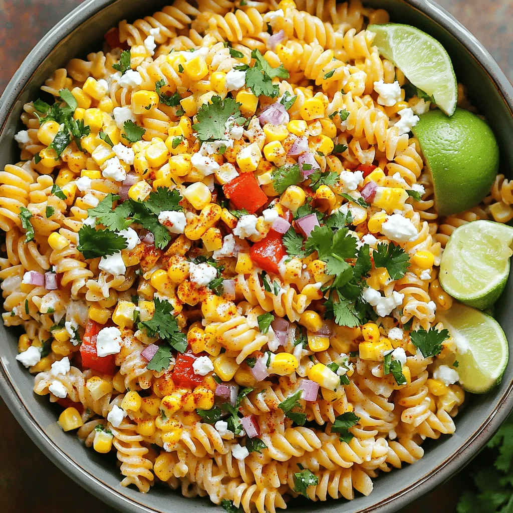 - Pasta and Vegetables - 8 oz. rotini or fusilli pasta - 2 cups fresh corn kernels (or frozen, thawed corn) - 1 red bell pepper, finely diced - 1/2 cup red onion, finely chopped - 1 jalapeño pepper, seeded and minced - Fresh Herbs and Spices - 1/2 cup fresh cilantro, roughly chopped - 1 teaspoon chili powder - Salt and pepper to taste - Dressing Components - 1/4 cup mayonnaise - 1/4 cup sour cream - Juice of 2 limes (about 1/4 cup) - 1/2 cup crumbled feta cheese (or cotija cheese for an authentic touch) This dish brings a taste of Mexico right to your table. Each ingredient plays a key role. The pasta provides a hearty base. Fresh corn adds sweetness and crunch. The red bell pepper brings color and flavor. The jalapeño gives a spicy kick. Fresh cilantro brightens the dish with its unique taste. For the dressing, the mayonnaise and sour cream create a creamy texture. Lime juice adds tanginess. Chili powder enhances the flavors with warmth and depth. You can find the complete method in the Full Recipe. Enjoy creating this delicious Mexican street corn pasta salad! - Boiling and Rinsing: Start by filling a large pot with water. Add a good amount of salt. Bring the water to a full boil. Then, add 8 oz. of rotini or fusilli pasta. Cook it for 8-10 minutes. You want the pasta to be firm but not hard. Once ready, drain the pasta and rinse it under cold water. This stops the cooking and cools it down. - Importance of Al Dente: Cooking pasta al dente is key. It keeps the pasta from getting mushy. The pasta will soak up flavors as it cools. This method makes sure every bite has a great texture. - Charring Techniques: For the corn, heat a large skillet over medium heat. Add 2 cups of fresh corn kernels. Stir the corn every few minutes. Cook for about 5-7 minutes. You want the corn to get a nice golden char. This adds a rich flavor. - Flavor Development: Charring the corn brings out its sweetness. The process adds a smoky layer that enhances the entire dish. It makes the corn more exciting and perfect for the salad. - Mixing the Vegetables: In a big mixing bowl, combine the cooled pasta and charred corn. Add the finely diced red bell pepper, the chopped red onion, minced jalapeño, and roughly chopped cilantro. Stir gently to mix everything without breaking the pasta. - Dressing the Salad: In a small bowl, whisk together 1/4 cup of mayonnaise, 1/4 cup of sour cream, juice of 2 limes, 1 teaspoon of chili powder, salt, and pepper. This dressing ties all the flavors together. Pour it over the pasta and veggies. Toss everything gently to coat well. - Incorporating Cheese: Fold in 1/2 cup of crumbled feta cheese or cotija cheese. Do this carefully to keep the cheese chunks intact. This adds a creamy texture to the salad. - Adjusting Seasoning: Taste the salad and adjust the seasoning. You may want more salt, pepper, or lime juice. This step is important for balancing the flavors. - Chilling the Salad: Cover the salad and refrigerate for at least 30 minutes. Chilling allows the flavors to mix and become more vibrant. Serve this Mexican Street Corn Pasta Salad for a bold and tasty dish. For the full recipe, refer to the earlier section. Choosing the Right Pasta For this salad, I love using rotini or fusilli. These shapes hold the dressing well. Their curves catch all the flavors. You can also try penne or farfalle if you like. Just remember, choose pasta that can hold up to mixing. Ideal Ratios for Ingredients Keep a good balance of pasta and veggies. Use about two cups of corn for each eight ounces of pasta. This ratio gives a great mix of textures. You want every bite to be tasty. Adjust to your liking, but this is a great starting point. Extra Spices to Consider Spice it up with more than just chili powder. Try adding cumin for warmth or smoked paprika for depth. A pinch of cayenne can give some heat, too. Taste as you go. Find the right blend that excites your palate. Enhancing Creaminess To make the salad creamier, add more sour cream or mayonnaise. You can also mix in some Greek yogurt for tang. Just a little can go a long way. Keep stirring until it's smooth and well-combined. Presentation Ideas Serve your pasta salad in a colorful bowl. Top it with extra cilantro and a sprinkle of chili powder. Add lime wedges on the side for a zesty touch. This makes it look great and ready to eat. Pairing with Other Dishes This salad pairs well with grilled meats or spicy tacos. It can be a side dish at any BBQ or picnic. The flavors complement each other nicely. You can also enjoy it on its own for a light meal. {{image_4}} You can change some ingredients to suit your taste. Here are two great swaps: - Alternative Cheeses: If you can’t find feta, try goat cheese. It adds a nice tang. If you want a stronger flavor, use cotija cheese. It gives the dish a more authentic taste. - Adding Proteins: Want to make it heartier? Add cooked chicken, shrimp, or black beans. These add protein and make the salad more filling. Adjusting this salad for dietary needs is easy. Here are some options: - Vegetarian Options: This dish is already vegetarian. Just skip the meat and enjoy the veggies and cheese. You can add more beans for extra protein. - Gluten-Free Alternatives: Use gluten-free pasta to make it safe for gluten-free diets. There are many good gluten-free pasta brands available. You can change ingredients based on the season: - Summer vs. Winter Ingredients: In summer, use fresh corn and ripe tomatoes. In winter, try roasted vegetables like sweet potatoes or zucchini for a warm twist. - Festive Twists: For holidays, add pomegranate seeds or red and green bell peppers. These give a festive look and taste. These variations let you make this dish your own while keeping it delicious! For the complete recipe, check out the Full Recipe. - How to Store Leftovers: Place any leftovers in a bowl. Cover it tightly with plastic wrap or a lid. This helps keep the salad fresh. - Best Containers: Use glass or plastic containers with tight-fitting lids. They help prevent spills and keep the flavors locked in. - Freezing Pasta Salad: It is not best to freeze pasta salad. The pasta can become mushy. If you must freeze, store the dressing and salad separately. - Thawing and Reheating Tips: If you freeze it, let it thaw in the fridge overnight. Stir before serving. You may want to add fresh lime juice for flavor. - How Long It Lasts in the Fridge: This salad can last up to three days in the fridge. After that, it may lose its taste. - Signs of Spoilage: Check for an off smell, discoloration, or slimy texture. If you see any of these signs, it is best to toss it out. To make Mexican Street Corn Pasta Salad, start by cooking 8 oz. of rotini or fusilli pasta. Boil it in salted water until al dente, about 8-10 minutes. Drain and rinse the pasta with cold water. Next, char 2 cups of fresh corn kernels in a skillet over medium heat for about 5-7 minutes until they turn golden. In a large bowl, mix the cooled pasta, charred corn, 1 diced red bell pepper, 1/2 cup of chopped red onion, 1 minced jalapeño, and 1/2 cup of chopped cilantro. In a separate bowl, whisk together 1/4 cup of mayonnaise, 1/4 cup of sour cream, juice from 2 limes, 1 teaspoon of chili powder, salt, and pepper. Pour this dressing over the pasta mix and gently toss everything. Finally, fold in 1/2 cup of crumbled feta or cotija cheese. Chill for at least 30 minutes. For the full recipe, check the earlier section. Yes, you can use canned corn if fresh corn is not available. Drain and rinse 2 cups of canned corn before adding it to your salad. While fresh corn adds a nice charred flavor, canned corn works in a pinch. It saves time and still offers a sweet crunch. Mexican Street Corn Pasta Salad pairs well with grilled meats like chicken or steak. It also complements spicy tacos or burritos, adding a cool contrast. You can serve it at barbecues or potlucks as a refreshing side dish. To add heat, include more jalapeño in the salad. You can also add diced serrano peppers for extra spice. Another option is to sprinkle some cayenne pepper or use a spicy chili powder in the dressing. Adjust to your taste! Yes, this pasta salad is great for meal prep! It stores well in the fridge for up to three days. Just keep it in an airtight container. The flavors deepen as it sits, making it even tastier the next day. This blog post covered how to make a tasty pasta salad. We explored key ingredients, cooking steps, and tips for success. Remember, using the right pasta and balancing flavors makes a big difference. You can also swap ingredients for your taste and season. Store leftovers properly to keep them fresh longer. With these simple steps and tips, you can enjoy great pasta salads anytime. Get creative, and make this dish your own!