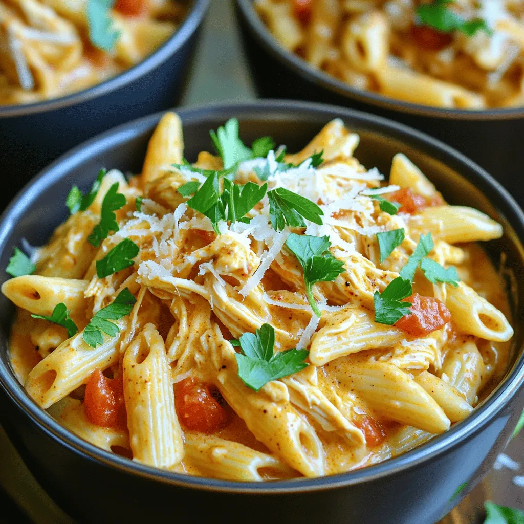 To make Crock Pot Creamy Cajun Chicken Pasta, gather these items: - 1 lb (450g) boneless, skinless chicken breasts - 8 oz (225g) penne pasta - 1 cup heavy cream - 1 cup chicken broth - 1 cup diced tomatoes (canned, drained) - 1 medium onion, finely chopped - 2 cloves garlic, minced - 2 tablespoons Cajun seasoning - 1 teaspoon dried oregano - Salt and pepper to taste - 1 cup shredded Parmesan cheese - Fresh parsley, finely chopped (for garnish) You can customize your dish by adding bell peppers or spinach for extra flavor and nutrients. You can easily make this dish fit your needs. Here are some options: - For a dairy-free version, use coconut milk instead of heavy cream. - If you need a gluten-free meal, swap the penne pasta for gluten-free pasta. Having the right tools makes cooking easier. Here’s what you’ll need: - A reliable slow cooker or crock pot - A cutting board and knife for prep - Measuring cups for accuracy - A mixing spoon to combine ingredients - A colander for draining pasta These tools will help you create a delicious meal with ease. Enjoy cooking! To start, place the boneless chicken breasts at the bottom of your crock pot. For maximum flavor, sprinkle them well with Cajun seasoning, oregano, salt, and pepper. This seasoning is key to bringing out the dish's true Cajun taste. Make sure each piece is coated fully. Next, layering is important. Add the finely chopped onion and minced garlic on top of the chicken. This will infuse great flavor as it cooks. Then, sprinkle the drained diced tomatoes evenly over everything to ensure a balanced taste throughout. Now, it’s time to cook. Pour the chicken broth and heavy cream over the chicken and veggies. This helps keep everything moist and tasty. Cover the crock pot with the lid. Set it to cook on low for 4-5 hours or on high for 2-3 hours. The chicken should be tender enough to shred easily when done. To check for doneness, simply poke the chicken with a fork; it should fall apart without much effort. Once the chicken is cooked, it’s time to shred it. Use two forks to pull the chicken apart right in the crock pot. Mix it well with the sauce to create a flavorful base. Next, cook the penne pasta according to the package instructions until it is al dente. Drain it and set it aside. Gently fold the cooked pasta into the crock pot. Ensure it combines well with the chicken and sauce. If the sauce is too thick, add a splash of chicken broth until you reach the right consistency. Now, stir in the shredded Parmesan cheese. This will melt and enhance the creaminess of the sauce. Before serving, taste the dish and adjust seasoning if needed. Enjoy the full recipe to see how it all comes together! To boost the taste of your Cajun chicken pasta, you can add more spices. Try a pinch of smoked paprika or cayenne for extra heat. A dash of onion powder and garlic powder can also enhance the flavor. Fresh herbs like thyme or basil can give a bright touch to the dish. If you only have dried herbs, that works too, but fresh will always taste better. One big mistake is overcooking the chicken. If you cook it too long, it can become dry. Always check your chicken for tenderness. Another common error is under-seasoning the dish. Cajun food should have a bold flavor. Taste your sauce before serving and adjust the seasoning as needed. A little extra salt or Cajun spice can make a big difference. When serving this creamy pasta, consider pairing it with a simple green salad. A side of garlic bread also complements it perfectly, adding a crunchy contrast. If you have leftovers, you can store them in the fridge for up to three days. You can also make a wrap with the pasta for a fun lunch option. Keep it simple, and enjoy the flavors even the next day! {{image_4}} You can change the recipe to fit your taste. Adding vegetables can boost flavor and nutrition. Consider these options: - Bell peppers: Slice them and toss them in for a sweet crunch. - Spinach: Add fresh spinach for extra greens and color. - Zucchini: Dice zucchini and mix it in for a nice texture. If you want to switch proteins, you can use shrimp or sausage instead of chicken. Both options add unique flavors. Shrimp cooks quickly, while sausage gives a hearty bite. If you love heat, there are easy ways to spice things up. Here are some ideas: - More Cajun seasoning: Add an extra tablespoon for a stronger kick. - Hot sauce: A few dashes of your favorite hot sauce can make a big difference. Try Tabasco or Crystal for great flavor. - Diced jalapeños: Toss in some fresh jalapeños if you want real fire. These spicy enhancements will take your dish to the next level. Adjusting the creaminess of your dish is simple. You can play with the amount of heavy cream: - More cream: If you want a richer sauce, add an extra half cup of heavy cream. - Less cream: If you prefer a lighter dish, cut the cream in half and add more broth. For those who need dairy-free options, use coconut milk or cashew cream. Both give a creamy texture without dairy. To store leftover Crock Pot creamy Cajun chicken pasta, place it in an airtight container. This keeps the dish fresh and tasty. You can store it in the fridge for up to three days. Make sure to let it cool before sealing it up. This helps prevent condensation inside the container. You can freeze this meal for later enjoyment. To do this, use a freezer-safe container. Divide the pasta into portions for easy reheating. You can freeze it for up to three months. When you're ready to eat, move it to the fridge to thaw overnight. This makes reheating much easier. To refresh and reheat the pasta, place it in a pot over low heat. Stir often to ensure even warming. If it seems dry, add a splash of chicken broth or cream. This keeps the dish creamy and flavorful. You can also microwave individual servings in a bowl. Just cover it loosely to avoid splatters. Enjoy your delicious meal! To add spice, you can use more Cajun seasoning. Just sprinkle it generously over the chicken. You can also add diced jalapeños for an extra kick. Adjust the amount to fit your heat level. Remember, everyone's taste is different. Try tasting as you go to find your perfect balance. Yes, you can use frozen chicken! Just place the frozen chicken in the crock pot. Cook it on high for about 4-5 hours or on low for 6-7 hours. Make sure the chicken reaches 165°F (75°C) before serving. It’s a great time-saver and still turns out delicious. Crock Pot Creamy Cajun Chicken Pasta goes well with several sides. I recommend serving it with garlic bread. It’s perfect for soaking up the creamy sauce. A fresh salad is also a good choice. The crunch and freshness balance the dish nicely. For a fun twist, you can even try some roasted vegetables on the side. This blog post covers everything you need for Crock Pot Creamy Cajun Chicken Pasta. We discussed the key ingredients, tools, and cooking steps. I shared tips to enhance flavor and avoid common mistakes. You can also find variations to customize your dish and storage tips for leftovers. Remember, this recipe is flexible and fun. Don’t be afraid to experiment with flavors or add your own twist. Enjoy the process, and savor each delicious bite!