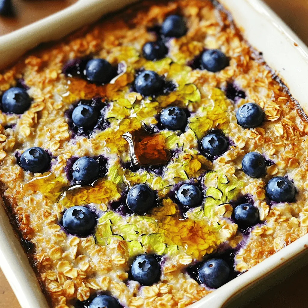 Gather these simple, fresh ingredients to make your Zucchini Blueberry Baked Oatmeal. Each element plays a key role in flavor and texture. - 2 cups rolled oats - 1 medium zucchini, finely grated - 1 cup fresh or frozen blueberries - 2 cups almond milk (or your preferred milk) - 1/4 cup pure maple syrup (or honey) - 2 teaspoons baking powder - 1 teaspoon ground cinnamon - 1/2 teaspoon sea salt - 1/4 cup chopped walnuts or pecans (optional) - 1 teaspoon pure vanilla extract The rolled oats form the base, giving your dish a hearty texture. The zucchini adds moisture and nutrition without altering the taste. Blueberries provide natural sweetness and a burst of flavor with each bite. Almond milk keeps it creamy and rich, while maple syrup or honey adds a touch of sweetness. Baking powder makes it rise perfectly, and cinnamon lends warmth. Sea salt enhances all the flavors, while walnuts or pecans offer a delightful crunch. Vanilla extract rounds out the flavor profile beautifully. For the full experience of this dish, don't forget to check the Full Recipe for detailed steps. - Preheat your oven to 350°F (175°C). - Grease or line a 9x9-inch baking dish. - Combine dry ingredients in a mixing bowl. Use rolled oats, baking powder, cinnamon, and salt. - Whisk together wet ingredients in a separate bowl. Mix almond milk, maple syrup, and vanilla. - Fold in zucchini and blueberries into the wet mix. Be gentle to keep blueberries intact. - Mix wet and dry ingredients. Pour the wet mix into the bowl with oats and stir well. - Transfer to the baking dish and spread evenly. Use a spatula to ensure evenness. - Bake for 30-35 minutes until golden brown. A toothpick should come out clean. You can find the full recipe above to guide you through these steps! - How to know your oatmeal is done: Check the top for a golden brown color. Insert a toothpick in the center. If it comes out clean, your oatmeal is ready. The texture should feel firm but soft. - Adjusting baking time for different ovens: Ovens vary in heat. Start by checking your oatmeal at 30 minutes. If it looks pale or wobbly, give it a few extra minutes. Keep an eye on it to avoid overcooking. - Choosing the best type of oats: Use rolled oats for this recipe. They absorb moisture well and give the oatmeal a nice texture. Avoid instant oats, as they can get mushy. - Suggestions for fresh vs frozen blueberries: Fresh blueberries are great if in season. They burst with flavor. Frozen blueberries work well too. Just add them straight from the freezer. No need to thaw. - Ideas for garnishing and serving: Serve your baked oatmeal warm. Drizzle with extra maple syrup for sweetness. Scatter some blueberries on top for color. A dollop of Greek yogurt adds creaminess. - Pairing options for a complete meal: Enjoy this dish with a side of eggs for protein. A glass of almond milk complements it well. You can also pair it with a fruit smoothie for a refreshing start to your day. For more details on making this delightful dish, check out the Full Recipe. {{image_4}} You can easily make this dish fit your needs. For gluten-free options, use certified gluten-free rolled oats. They work just as well as regular oats. If you need a dairy-free option, almond milk is great. You can also try oat milk or coconut milk. These alternatives keep the dish creamy and delicious. Spice it up! Adding a pinch of nutmeg gives a warm flavor. Ginger adds a nice zing too. You can also mix in other fruits. Bananas add sweetness, while apples bring a crunch. Experiment with flavors to find your favorite combination. Want more crunch? Try different nuts or seeds. Chopped almonds or pumpkin seeds add a nice bite. If you prefer a creamier texture, mix in some yogurt or buttermilk. This makes the oatmeal extra rich and smooth. Each variation makes the dish your own. For the full recipe, check the details above. To keep your zucchini blueberry baked oatmeal fresh, let it cool completely first. After cooling, slice it into squares. Store the pieces in an airtight container. This helps keep moisture in and air out. Use glass or plastic containers with tight lids for best results. You can reheat the oatmeal in the microwave or oven. For the microwave, place a slice on a plate and heat for about 30 seconds. Check if it's warm enough, and add more time if needed. If you prefer the oven, set it to 350°F (175°C). Heat for about 10-15 minutes. You can make this dish ahead and freeze it. Wrap each slice in plastic wrap, then place them in a freezer bag. Zucchini blueberry baked oatmeal lasts about 5 days in the fridge. If frozen, it can last up to 3 months. Look for signs of spoilage, like a sour smell or mold. If it smells off or shows any mold, it's best to throw it away. Enjoy your delicious breakfast treat while it's fresh! For the full recipe, check out the recipe section above. Is zucchini blueberry baked oatmeal healthy? Yes, zucchini blueberry baked oatmeal is very healthy. This dish packs in fibers, vitamins, and minerals. Zucchini adds moisture without many calories. Blueberries bring antioxidants, helping your body fight off free radicals. The oats provide whole grains for energy. Using almond milk or other plant-based milk keeps it lighter. Overall, this dish is a great way to start your day. Can I use quick oats instead of rolled oats? You can use quick oats, but the texture will change. Quick oats absorb more liquid and cook faster. This may make your baked oatmeal softer. Rolled oats keep a nice chewiness. If you prefer a creamier dish, quick oats can work. Just watch the baking time closely. How can I make this recipe vegan? Making this recipe vegan is easy. Just replace the egg (if used) with a flax egg. To do this, mix one tablespoon of ground flaxseed with three tablespoons of water. Let it sit for a few minutes to thicken. Use maple syrup as the sweetener. Choose almond milk or any plant-based milk. This way, you keep all the flavors without dairy. What to do if the oatmeal is too dry or soggy? If your oatmeal is too dry, try adding a splash of milk. This can help moisten it. If it's too soggy, you might have added too much liquid. Next time, reduce the milk by a quarter cup. Baking longer can also help. Just keep an eye on it to avoid burning. Can I substitute maple syrup with sugar? Yes, you can use sugar instead of maple syrup. Use brown sugar for a deeper flavor. Just remember, sugar is sweeter than syrup, so adjust the amount. You may need to add a bit more liquid if using sugar. This keeps your oatmeal moist and tasty. What’s the best way to freeze zucchini? To freeze zucchini, first wash and slice it. Grate or chop it as needed. Blanch it in boiling water for two minutes. Then, quickly cool it in ice water. Drain and pack in freezer bags. Remove air and seal tightly. This way, your zucchini stays fresh for later use. How can I ensure blueberries don’t sink during baking? To keep your blueberries from sinking, coat them in flour. Just toss them lightly in a bit of flour before adding them to the mix. This helps them stay suspended in the batter. It also helps prevent them from bursting while baking. Enjoy the little bursts of blueberry goodness throughout your dish. You can find the full recipe for zucchini blueberry baked oatmeal to try these tips! In this blog post, we explored a simple recipe for zucchini blueberry baked oatmeal. We covered all the necessary ingredients, step-by-step instructions, and helpful tips for the best results. You learned about variations for diets and flavors, plus proper storage and serving ideas. This dish is not only tasty but also healthy. With easy changes, you can make it fit your needs. Enjoy trying this recipe and share it with others. Your kitchen adventures can lead to great meals!