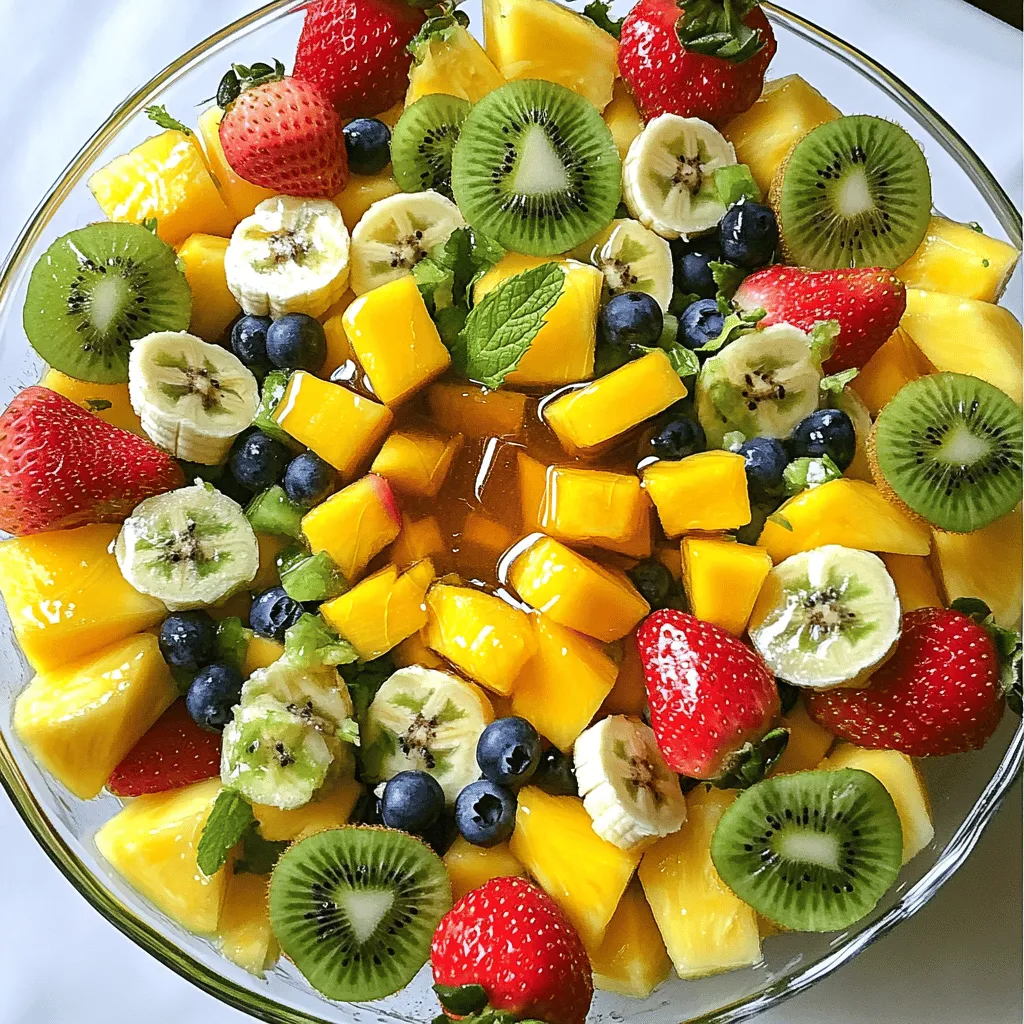 - 1 ripe pineapple, diced into bite-sized pieces - 2 kiwis, peeled and sliced into rounds - 1 succulent mango, diced - 1 cup fresh strawberries, hulled and cut in half - 1 cup juicy blueberries - 1 banana, sliced into rounds - 1 tablespoon wildflower honey (or to taste) - Juice of 1 fresh lime (about 2 tablespoons) - A handful of fresh mint leaves, torn or whole, for garnish For my Easy Fruit Salad Recipe, I love to use vibrant, fresh fruits. Each fruit adds its own flavor and texture. Pineapple brings a sweet and tangy kick. Kiwi adds a bit of tartness, while mango gives a smooth, creamy taste. Strawberries and blueberries add color and sweetness, making the salad pop. Bananas add a soft, sweet note that pairs well with the other fruits. The dressing is simple but makes a big difference. Wildflower honey adds a natural sweetness. Fresh lime juice gives a zesty touch that brightens up the whole dish. For garnish, fresh mint leaves are a must! They add a refreshing aroma and look beautiful on top. You can find the full recipe to create this delightful dish. Enjoy your fruit salad! Start with the fresh fruits. For this salad, I use a ripe pineapple, a mango, and a banana. Dice the pineapple into bite-sized pieces. Next, chop the mango in the same way. Then, slice the banana into rounds. For kiwis, peel them and cut them into rounds. Finally, take the strawberries, hull them, and cut them in half. This mix adds color and taste to your salad. Now, take a large mixing bowl. Gently put all the prepared fruits inside: pineapple, mango, kiwis, strawberries, blueberries, and banana. Mix them carefully. You want to ensure every fruit is evenly spread out. This way, each bite bursts with flavor. In a small bowl, whisk together one tablespoon of wildflower honey with the juice of one lime. This should be about two tablespoons of juice. Mixing these gives you a sweet and tangy dressing. It pairs perfectly with the fruits. Now, drizzle the honey-lime dressing over the fruits. Using a large spoon or spatula, toss everything together gently. Be careful not to crush the fruits. You want to keep them whole. Let the salad rest at room temperature for about ten minutes. This helps the flavors meld. When you're ready to serve, give it another gentle toss. Garnish with fresh mint leaves to add a touch of color and freshness. Enjoy your tropical bliss fruit salad! For the full recipe, check out the details above. To make a great fruit salad, choose ripe fruits. Ripe fruits taste better and have more juice. Look for bright colors and a sweet smell. For example, a pineapple should feel heavy for its size. Kiwis should have a little give when pressed. You can mix and match fruits based on what you like. If you cannot find mango, use peaches. If strawberries are too pricey, try raspberries. Get creative with seasonal fruits for new tastes! The dressing can brighten the flavors of your salad. Start with honey and lime juice. Adjust the sweetness by adding more honey if needed. If you want a tangy kick, add more lime juice. This balance makes the salad taste fresh and lively. You can also try adding a splash of orange juice for a different flavor. Just be careful not to overpower the fruits. The goal is to enhance, not hide, their natural taste. Presentation matters when serving fruit salad. Use a big, colorful bowl to show off the vibrant fruits. For a fun twist, serve in individual cups. Each cup can have a mint leaf on top for a pop of color. You can also place a slice of lime on the rim of each cup. It looks nice and adds a hint of flavor. Enjoy the tropical burst of flavors with friends! {{image_4}} You can change fruits based on the season. In summer, you might use bright peaches and plums. In fall, try apples and pears. Adding tropical fruits can also give your salad a fun twist. Use papaya or dragon fruit for a colorful touch. These fruits add new flavors and textures to your dish. If you want to make the salad vegan, skip honey. Use agave syrup or maple syrup instead. This keeps it sweet and plant-based. For gluten-free needs, rest easy! The salad is naturally gluten-free. Just ensure any toppings or dressings you add are free of gluten too. To boost flavor, consider adding spices. A sprinkle of cinnamon or nutmeg can add warmth. These spices pair well with most fruits. For extra crunch, toss in some nuts or seeds. Almonds, walnuts, or chia seeds work great. They add texture and healthy fats to your salad. This Easy Fruit Salad Recipe allows you to be creative. Change it up based on what you love! To keep your fruit salad fresh, store it in the refrigerator. Use an airtight container to prevent air from drying out the fruits. This method helps keep the fruit crisp and tasty. Your fruit salad will last for about 2 to 3 days in the fridge. After that, the fruits may start to lose their texture and flavor. Yes, you can make this fruit salad in advance! Just prepare the fruits and make the dressing. Keep them separate until you are ready to serve. This way, the fruits stay fresh and do not get mushy. To keep fruits fresh longer, squeeze a bit of lime juice on them. The acidity helps slow down browning. Freezing fruit salad is not recommended. The texture of the fruits changes when frozen. If you freeze it, the salad may become mushy when thawed. If you still want to freeze, pack the salad tightly in a freezer-safe bag. Remove as much air as possible. Thaw it in the fridge for a few hours before serving, but know that the quality may not be the same. To stop fruits from going brown, use a few simple tips. First, use citrus juice. Squeezing lemon or lime juice on cut fruits helps keep them fresh and bright. This juice has citric acid, which slows browning. - Cut fruits right before serving. The less time they are exposed to air, the better. - Store fruits in a sealed container. This keeps air out and slows down browning. Using citrus is key. It not only keeps fruits looking good but also adds a zesty flavor. Adding a splash of lime juice to your Easy Fruit Salad Recipe can make it even more refreshing! Yes, you can use canned fruit in your salad. However, there are pros and cons. Pros: - Canned fruit is easy and quick. - It often lasts longer than fresh fruit. Cons: - Canned fruit may have added sugar. - The texture can be mushy compared to fresh fruit. For a quick salad, try canned peaches, pineapple, or fruit cocktail. Just drain them well to avoid excess syrup. Mixing canned and fresh fruit can create a fun mix in your Easy Fruit Salad Recipe! Each serving of this Easy Fruit Salad Recipe is packed with nutrients. - Calories: About 150 calories per serving. - Vitamins: You get a boost of vitamins A and C. - Fiber: Fruits like berries and bananas add fiber for good digestion. The ingredients are not just tasty; they are healthy too! Fresh fruits help boost your immune system. They also provide hydration, which is great for your skin. Enjoying this salad is a delicious way to get your daily servings of fruits! This blog post guides you through making a vibrant fruit salad. We covered fresh fruits like pineapple, kiwi, and mango, plus a tasty honey-lime dressing. You learned how to prepare, combine, and serve your salad, along with tips for choosing fruits and perfecting your dressing. Remember, variations can enhance flavor and fit different diets. Store leftovers properly for later enjoyment. With these steps, you can create a colorful, healthy dish that impresses everyone. Enjoy the freshness and make it your own!