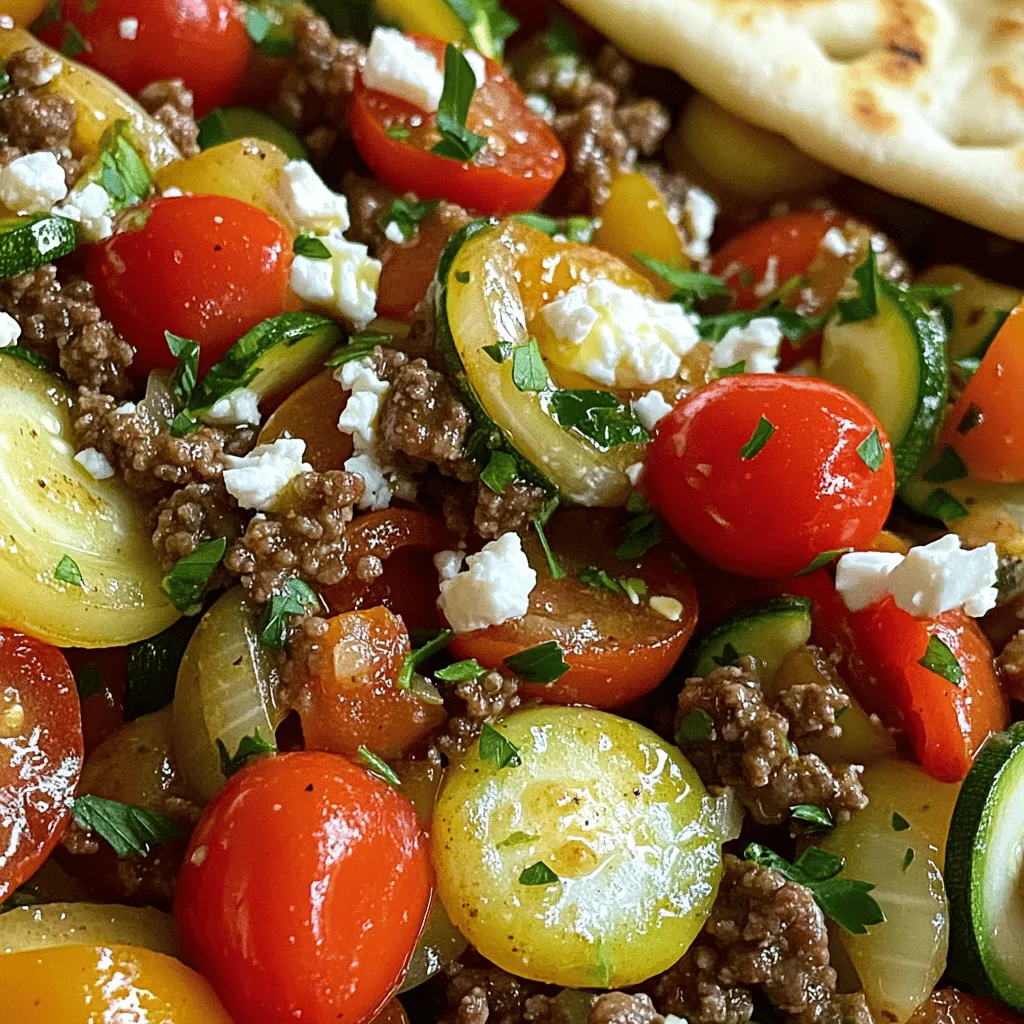 To make a tasty Mediterranean ground beef stir fry, gather these simple ingredients: - 1 lb ground beef - 1 medium onion, finely diced - 2 cloves garlic, minced - 1 bell pepper, thinly sliced - 1 medium zucchini, sliced into half-moons - 1 cup cherry tomatoes, halved - 1 teaspoon dried oregano - 1 teaspoon ground cumin - 1/2 teaspoon smoked paprika - 2 tablespoons olive oil - Salt and freshly cracked pepper to taste - Fresh parsley, chopped (for garnish) - Crumbled feta cheese (optional) - Pita bread or fluffy couscous (for serving) These ingredients blend well to create a dish that sings with flavor. The ground beef serves as a hearty base, while the vegetables add color and crunch. Fresh herbs and spices elevate the taste, making each bite a delight. The feta cheese offers a tangy twist, perfect for those who love a creamy finish. You can find the full recipe at the end of this article for easy reference! - Heat 2 tablespoons of olive oil over medium-high heat. - Sauté 1 finely diced onion until it turns translucent. - Add 2 minced garlic cloves and cook until fragrant. - Add 1 pound of ground beef and break it into smaller pieces. - Cook until browned and drain any excess fat. - Introduce 1 sliced bell pepper and 1 sliced zucchini to the skillet. - Add 1 cup of halved cherry tomatoes and season with 1 teaspoon dried oregano, 1 teaspoon ground cumin, and 1/2 teaspoon smoked paprika. - Stir well and cook until vegetables are softened and bright. For a detailed list of ingredients and the full recipe, check the [Full Recipe]. Adjusting the seasoning is key. Start with salt and pepper. Taste as you cook. This way, you find the balance you like. If you want more depth, add a pinch of cumin or smoked paprika. Cooking the vegetables to the right texture matters too. You want them soft but still bright. Sauté bell peppers and zucchini just until they soften. This keeps them from becoming mushy and bland. When serving, choose between warm pita bread or fluffy couscous. Pita is great for scooping. Couscous offers a nice, fluffy base for the stir fry. Both are tasty and fill you up. For an extra flavor boost, add tzatziki sauce. This creamy dip pairs well with the spices in the stir fry. It adds a fresh note that brightens the whole dish. To sauté well, keep your pan hot. Heat the olive oil until it shimmers. This helps the onions cook quickly and evenly. Stir often to prevent burning. For a perfect stir fry texture, cook the ground beef in small pieces. This allows it to brown nicely. Use a spatula to break it apart as it cooks. Avoid overcrowding the pan, or the beef will steam instead of sear. For the full recipe, check the section above. {{image_4}} You can switch up the protein in your Mediterranean ground beef stir fry. Try using turkey or chicken for a lighter meal. These meats still bring great flavor and pair well with the spices. If you want a vegetarian option, chickpeas or lentils work nicely. Both options add protein and fiber, making the dish filling and healthy. Feel free to swap in seasonal vegetables based on what you have. For instance, you can use asparagus in spring or butternut squash in fall. These choices keep your stir fry fresh and exciting. You can also add leafy greens like spinach or kale. Just toss them in at the end of cooking. They wilt quickly and add a nice color. Don’t hesitate to play with spices and herbs to make this dish your own. A sprinkle of cumin or a dash of sumac adds depth. If you like tang, a splash of lemon juice or red wine vinegar brightens the flavors. These small changes can transform your stir fry into a new experience. For the full recipe, check out the details above. To keep your Mediterranean ground beef stir fry fresh, store it in an airtight container. This helps maintain flavor and texture. Place the container in the fridge promptly after serving. You can store leftovers for up to three days. If you want to keep them longer, consider freezing. When it’s time to enjoy your leftovers, use the stovetop for the best results. Heat a skillet over medium heat and add a splash of water or broth to keep it moist. Stir until heated through, about 5-7 minutes. If you freeze the stir fry, thaw it overnight in the fridge before reheating. This way, it retains its yummy taste. To speed up your meal prep, chop your veggies and store them in the fridge. You can also cook the ground beef ahead of time. This means you can whip up dinner in under 15 minutes on busy weeknights. For quick meals, serve the stir fry with pita bread or couscous, as both are ready in minutes. Enjoy your flavorful delight! You can serve it with: - Warm pita bread - Fluffy couscous - A side of creamy tzatziki - A fresh salad with cucumbers and tomatoes These sides add a nice balance to the meal. They soak up juices and enhance flavors. Yes! To make a meatless stir fry, you can use: - Cooked chickpeas - Lentils - Tofu, cubed and sautéed - Extra vegetables like spinach or mushrooms These options keep the dish hearty and flavorful. You can still use the same spices for a tasty outcome. This dish is quick! It takes about: - 10 minutes to prep - 20 minutes to cook So, you can have dinner ready in just 30 minutes. Perfect for busy weeknights! Absolutely! You can adjust spices such as: - Adding more cumin for warmth - Using chili flakes for heat - Trying fresh herbs like basil or thyme Feel free to experiment until you find your perfect blend. This blog post explored a flavorful Mediterranean ground beef stir fry. We discussed ingredients, preparation, and easy cooking techniques. You learned how to adjust flavors, store leftovers, and customize this dish. Remember, you can use different proteins and veggies for variety. Cooking should be fun and fit your taste. Enjoy creating your own unique version and share it with others. Dive in and let your kitchen adventures begin!