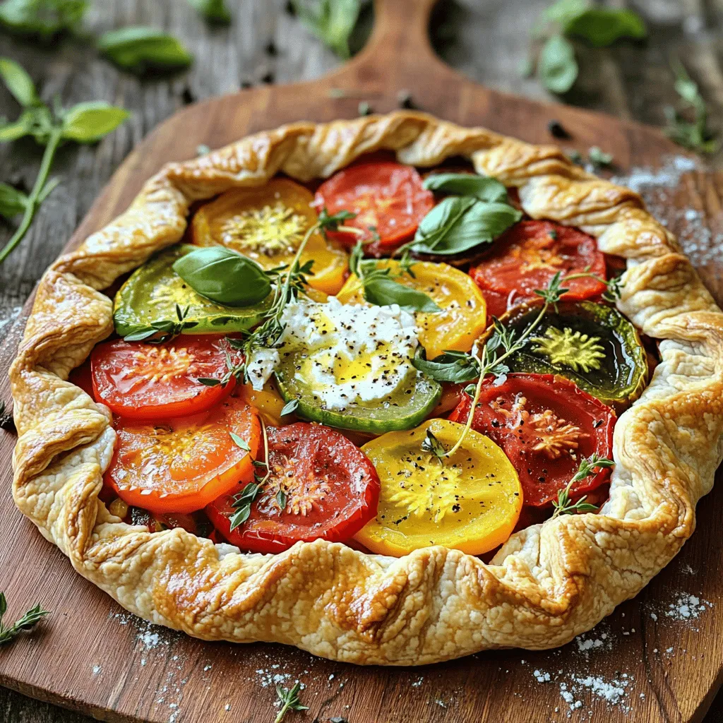 - 2 cups all-purpose flour - 1/2 teaspoon salt - 1/2 cup unsalted butter, cold and cubed - 6-8 tablespoons ice water - 4-5 medium heirloom tomatoes, thinly sliced - 1 cup fresh ricotta cheese - 1/2 cup freshly grated Parmesan cheese - 2 tablespoons fresh basil, finely chopped - 1 tablespoon fresh thyme, finely chopped - 1 tablespoon extra-virgin olive oil - Freshly cracked black pepper, to taste - Sea salt, for a final sprinkle - You can use gluten-free flour if needed. - For a dairy-free option, try almond or cashew ricotta. - Mix different tomato types for unique flavors. - Look for vibrant colors like red, yellow, and purple. - Choose firm tomatoes with a sweet smell. - Avoid any that feel too soft or have blemishes. To start, you need to mix the dry ingredients. In a bowl, combine 2 cups of all-purpose flour with 1/2 teaspoon of salt. This helps season your crust. Next, it's time to incorporate the butter. Use 1/2 cup of cold, cubed unsalted butter. You can use a pastry cutter or your fingers. Mix until the butter forms small crumbs. This should take just a few minutes. After that, you need to chill the dough. Gradually add 6-8 tablespoons of ice water. Mix gently after each addition until the dough holds together. It shouldn't be sticky. Once it comes together, shape it into a disk. Wrap it in plastic wrap and chill it in the fridge for at least 30 minutes. This step makes your crust flaky. While the dough chills, you can prepare the filling. In a medium bowl, mix together 1 cup of fresh ricotta cheese with 1/2 cup of grated Parmesan cheese. This adds creaminess and flavor. Next, add fresh herbs. Use 2 tablespoons of finely chopped basil and 1 tablespoon of finely chopped thyme. These herbs brighten up the filling. Drizzle in 1 tablespoon of extra-virgin olive oil for richness. Season with freshly cracked black pepper to taste. Now your filling is ready. After the dough has chilled, it's time to roll it out. On a lightly floured surface, roll the dough into a circle that's about 1/8 inch thick. Be gentle to avoid tearing the dough. Carefully place it on a parchment-lined baking sheet. Next, layer the cheese mixture evenly over the dough, leaving a 2-inch border. This space is important for folding the edges. Now, add the sliced heirloom tomatoes. Use 4-5 medium tomatoes, thinly sliced. Choose tomatoes of various colors for a beautiful look. Slightly overlap the slices for a nice effect. Finally, fold the edges of the dough over the tomatoes. Create pleats as you go. This gives your galette a rustic charm. It's time to bake! Preheat your oven to 400°F (200°C) while you finish assembling. Place the galette in the oven and bake for 35-40 minutes. You want the crust to be golden brown. The tomatoes should be caramelized and soft. Check the galette after about 30 minutes to make sure it’s not browning too quickly. Once it's done, let the galette cool for a few minutes. Slice it into wedges and serve warm or at room temperature. You will enjoy this simple and easy treat. For the complete process, refer to the Full Recipe. To get a great crust, start with cold butter. It keeps the dough flaky. Use your fingers or a pastry cutter to mix it in. You want small chunks of butter in your flour. Avoid overworking the dough. This helps to keep it tender. When adding water, do it slowly. Add just enough to hold it together. If it feels too wet or sticky, add a little more flour. Resting the dough in the fridge is key. Chilling helps the butter firm up. This makes for a better bake. For a tasty twist, consider adding spices. A pinch of crushed red pepper can add heat. Fresh herbs like oregano or dill can brighten the dish. You can mix in different cheeses too. Try goat cheese or feta for a change. Infused oils can also boost flavor. A drizzle of garlic or basil oil adds a nice touch. These small changes can elevate your galette. Pair your galette with a crisp white wine. A Sauvignon Blanc complements the tomatoes well. If you prefer red, a light Pinot Noir works nicely. For sides, a fresh salad adds brightness. A simple arugula salad with lemon dressing is perfect. You can also serve it with dips. A basil pesto or a tangy yogurt dip pairs well. These additions make your meal even more enjoyable. {{image_4}} You can swap in other vegetables for the heirloom tomatoes. Think about zucchini, bell peppers, or sweet corn. Each adds a unique taste and texture. Use what is fresh in your area. Fresh herbs can really boost the flavor. Try adding thyme, rosemary, or even dill. These herbs complement the vegetables well and brighten your dish. For a hearty twist, add cooked bacon or prosciutto. The salty meat pairs perfectly with the rich cheeses. You can mix different cheeses to enhance the flavor. Mozzarella or feta can give a creamy taste. Combining these with the heirloom tomatoes makes a savory treat. If you want something sweeter, explore different profiles. You could mix in peaches or cherries for a fruit twist. Top with a drizzle of honey or a sprinkle of brown sugar. This creates a delicious contrast with the savory ingredients. Using fresh herbs like mint can also add a refreshing note. Each variation offers a new way to enjoy this classic dish. To keep your heirloom tomato galette fresh, place it in the fridge. Use an airtight container or wrap it tightly with plastic wrap. This method keeps the flavors intact and prevents drying out. When you're ready to enjoy it again, simply reheat in the oven. Set your oven to 350°F (175°C) and bake for about 10-15 minutes. This warms it through and revives that crispy crust. If you want to save some galette for later, freezing works well. Wrap the baked galette tightly in plastic wrap, then place it in a freezer bag. This keeps out air and prevents freezer burn. To thaw, move it to the fridge for several hours or overnight. Once thawed, reheat in the oven at 350°F (175°C) for 15-20 minutes to restore its taste and texture. In the fridge, your heirloom tomato galette lasts about 3-4 days. For the best flavor, eat it within this time frame. As it sits, watch for signs of spoilage. Look for any mold, an off smell, or a change in texture. If you notice these signs, it's best to discard it. Enjoy your delightful galette while it's fresh! You can use many fun fillings for a galette. Here are some ideas: - Savory Options: Spinach and feta, mushrooms and goat cheese, or roasted peppers and ricotta. - Sweet Treats: Berries with a sprinkle of sugar, peaches with cinnamon, or apples with caramel. - Unique Twists: Zucchini with feta, or butternut squash with sage can add flair. Feel free to mix and match flavors. Your galette can be as creative as you want. Yes, you can make the dough ahead. I suggest chilling it for up to two days. Here’s how: - Wrap it well: After forming the dough into a disk, wrap it tightly in plastic wrap. - Use parchment paper: Place the wrapped dough in a zip-top bag to avoid freezer smells. - Thawing: When ready to use, let the dough sit at room temperature for about 15 minutes. This will save time when you're ready to bake! The main difference lies in the crust and shape. Here’s a quick comparison: - Shape: A galette is free-form, while a tart has a defined shape in a pan. - Crust: Galette dough is usually rustic and thicker. Tart dough is often more delicate and flaky. - Filling: Tarts often have a custard-like filling, while galettes can hold a variety of fillings. These differences make each dish special in its own right. In this post, we explored how to make a delicious galette using fresh ingredients. You learned about key ingredients like heirloom tomatoes, ricotta, and fresh herbs. I shared tips for selecting the best tomatoes and ingredient substitutions, along with step-by-step instructions for making the crust and filling. Lastly, I provided storage tips and variations to keep it exciting. Getting creative with galettes allows for endless flavors. Enjoy your cooking adventure!