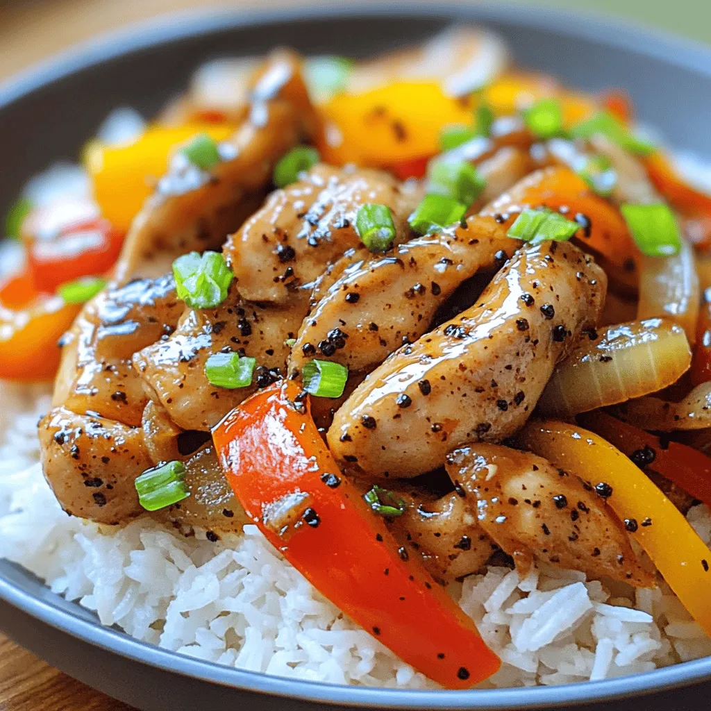 - 500g chicken breast - 2 tablespoons freshly cracked black pepper - 3 tablespoons soy sauce The main ingredients set the stage for a tasty dish. Using fresh chicken breast ensures tender meat. The black pepper adds a bold kick, while soy sauce brings depth. - 1 tablespoon oyster sauce - 1 tablespoon sesame oil You can elevate the dish with optional ingredients. Oyster sauce adds a sweet umami flavor. Sesame oil gives a nutty aroma that enhances your meal. - 1 bell pepper (any color) - 1 onion - 2 green onions Fresh vegetables bring color and crunch. Bell peppers add sweetness, while onions provide a savory base. Green onions are a bright garnish that finishes the dish. By using these ingredients, you create a well-rounded meal. They work together to deliver a bold flavor and vibrant look. For the full recipe, check out the detailed steps. - Start by slicing 500g of chicken breast into thin strips. - In a bowl, mix the chicken with 2 tablespoons of freshly cracked black pepper, 1 tablespoon of cornstarch, and 3 tablespoons of soy sauce. - If you like, add 1 tablespoon of oyster sauce for a richer taste. - Let the chicken marinate for at least 20 minutes. This helps the flavors soak in. - Make sure the cornstarch coats the chicken evenly. This will give it a nice texture when cooked. - Heat 2 tablespoons of vegetable oil in a large skillet over medium-high heat. - Wait until the oil shimmers before adding the chicken. - Place the marinated chicken in a single layer. Cook for about 4-5 minutes. - Stir occasionally to brown the chicken evenly. - Ensure the chicken is fully cooked before moving it to a plate. Set it aside while you cook the veggies. - In the same skillet, add 1 sliced bell pepper and 1 sliced onion. - Stir-fry these for about 3-4 minutes until they are soft but still have a crunch. - Next, add 3 minced cloves of garlic and 1 teaspoon of minced ginger. Stir everything together. - This step boosts the dish’s aroma and flavor. - Once the veggies are tender, return the cooked chicken to the skillet. Stir it all together. - Finish by drizzling 1 tablespoon of sesame oil over the mix, enhancing the taste. For the full recipe, check out the detailed instructions on how to combine these steps for a delicious meal! To get the best flavor, marinate your chicken for at least 20 minutes. This allows the black pepper and soy sauce to soak into the meat. You can also try coconut aminos or tamari as soy sauce alternatives. Both bring a unique taste without gluten. Heat your skillet or wok over medium-high heat until it shimmers. This is a sign it's hot enough for cooking. To keep the chicken from sticking, add enough oil and don’t overcrowd the pan. Cook in batches if needed, which helps maintain that nice, golden brown color. Pair your Black Pepper Chicken with fluffy jasmine rice for a classic combo. The rice absorbs the sauce and enhances the meal. For a vibrant dish, use colorful vegetables. Arrange the chicken and veggies in a bowl, and sprinkle green onions on top for a fresh look. Don't forget to check the [Full Recipe] for detailed steps on preparation! {{image_4}} You can swap chicken for beef or tofu. Beef gives a rich flavor. Use thin strips of beef and cook them the same way as chicken. Tofu is great for a plant-based dish. Just press and cube it, then marinate as usual. Seafood can add a fun twist. Shrimp works well with black pepper. Cook shrimp for just a few minutes until pink. Fish can also work, but choose firmer types like salmon. Want more heat? Increase the black pepper. This dish can handle a punch of spice. Start with 1 tablespoon, then taste and add more if you like. You can also add chili flakes or fresh chilies. For extra flavor, mix in sliced jalapeños or serranos. This will make your dish exciting and fiery! Black Pepper Chicken has many styles. The Chinese version is popular in restaurants. It usually includes soy sauce and garlic for a savory taste. Other cultures have their takes too. In some Asian countries, they add different spices and herbs. Each version brings a new flavor profile. Feel free to explore and make it your own! Check out the Full Recipe for more details on how to make this dish. To store leftovers, put the Black Pepper Chicken in an airtight container. Allow it to cool first. This helps keep the chicken juicy and tasty. When you refrigerate, eat it within three days for the best flavor. After that, the taste and texture may change. You can freeze Black Pepper Chicken if you want to save it for later. First, let it cool completely. Next, place it in a freezer-safe bag or container. Try to remove as much air as possible. When you’re ready to eat, thaw it in the fridge overnight. To reheat, warm it on the stove or in the microwave. Add a splash of water to keep it moist. Refrigerated, Black Pepper Chicken lasts about three days. If frozen, it can stay good for up to three months. Always check for signs it has gone bad. Look for any off smells or changes in color. If it doesn’t look or smell right, it’s best to throw it away. Black Pepper Chicken is a savory dish, rich in flavor. It features tender chicken, fresh veggies, and a bold seasoning of cracked black pepper. The main ingredients include: - 500g chicken breast - 2 tablespoons freshly cracked black pepper - 3 tablespoons soy sauce This dish has roots in Chinese cuisine but has gained global popularity. It represents comfort food that many enjoy. The balance of spice and savory notes makes it a favorite for many. Yes, you can prepare Black Pepper Chicken ahead of time. Here are some tips: - Marinate the chicken and store it in the fridge for up to 24 hours. - Cook the chicken and veggies, then cool them before storing. For best storage, use an airtight container. This keeps the flavors fresh. You can easily modify Black Pepper Chicken to fit your needs. For a gluten-free option: - Use tamari instead of soy sauce. - Check labels on sauces for hidden gluten. If you want a low-sodium dish: - Use low-sodium soy sauce or coconut aminos. - Reduce the amount of added salt in the recipe. This recipe serves about 4 people, depending on portion sizes. For larger gatherings, you can: - Double the amount of chicken and veggies. - Adjust the sauce amounts to keep the flavors balanced. With these tips, you can enjoy Black Pepper Chicken any time! For the complete recipe, check out the [Full Recipe]. Black Pepper Chicken is a tasty and simple dish. You learn the key ingredients, cooking steps, and helpful tips. You can even explore fun variations like different proteins or spice levels. Remember to store leftovers properly to keep them fresh. This dish is perfect for any meal and easy to adapt. Enjoy cooking and sharing this delicious recipe with friends and family. It will surely impress everyone!