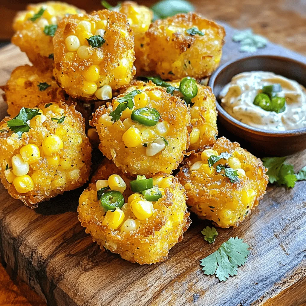 To make these spicy Mexican corn bites, you need the following ingredients: - 1 cup corn kernels (fresh or frozen) - 1/2 cup all-purpose flour - 1/4 cup cornmeal - 2 large eggs, beaten - 1/2 teaspoon baking powder - 1 teaspoon chili powder - 1/2 teaspoon ground cumin - 1/4 teaspoon smoked paprika - 1/4 teaspoon sea salt - 1/4 teaspoon freshly ground black pepper - 1/3 cup diced jalapeños (fresh or pickled) - 1/4 cup fresh cilantro, chopped - Oil for frying You can add some extra flavors to your corn bites with these options: - 1/4 cup crumbled feta cheese - A squeeze of lime juice - Additional herbs like parsley or green onions When choosing fresh corn, look for these signs: - Bright green husks that are tightly wrapped. - Plump kernels that feel full and firm. - Silks that are golden and slightly sticky. - Avoid corn with brown or dry husks. Fresh corn gives your bites a sweet and crisp flavor. If using frozen corn, ensure it is thawed and drained well before mixing. For the full recipe, follow the steps outlined earlier! To make your spicy Mexican corn bites, start by gathering all your ingredients. In a large bowl, mix together the corn kernels, flour, cornmeal, baking powder, chili powder, cumin, smoked paprika, sea salt, and black pepper. Make sure to stir well, so everything combines nicely. Next, pour in the beaten eggs. Stir gently until everything just comes together. Don’t overmix; a few lumps are okay! Now, fold in the jalapeños and cilantro. If you want, add crumbled feta cheese for extra flavor. Heat about one inch of oil in a deep pan over medium heat. To check if the oil is ready, look for a shimmering surface. When the oil is hot, use a spoon to drop small amounts of the batter into the oil. Fry them in small batches to keep them from sticking together. Cook each side for about 3-4 minutes until they are golden brown. Once done, use a slotted spoon to take out the bites. Place them on a plate with paper towels to soak up any extra oil. One key to these bites is the oil temperature. If it's too hot, the outside cooks fast, leaving the inside raw. If it's too cool, they soak up too much oil and get greasy. Use a cooking thermometer if you have one. It should be around 350°F (175°C) for frying. Also, work in batches. This gives each bite room to cook evenly. For crispy bites, ensure you do not overcrowd the pan. This keeps the oil hot enough. Also, let the fried bites rest on paper towels. This helps them stay crisp by removing excess oil. Serve them warm with dips like spicy aioli or guacamole for the best experience. For the full recipe, check back at the top! When making spicy Mexican corn bites, avoid overmixing the batter. This can make your bites tough. Another mistake is frying too many at once. If you crowd the pan, they won’t cook evenly. Always check the oil temperature. If it's too hot, the bites can burn quickly. Serve these corn bites warm for the best taste. I love pairing them with spicy aioli, salsa, or guacamole. Each dip adds a unique flavor. You can also sprinkle some lime juice on top for a fresh twist. Arrange the bites on a platter. Garnish with fresh cilantro and jalapeño slices for a colorful look. To control the heat, you can modify the jalapeños. If you want it milder, use fewer jalapeños or remove the seeds. For more spice, add some cayenne pepper or use hotter peppers. Taste the batter before frying to find your perfect heat level. This way, you can enjoy your spicy Mexican corn bites just right! For the full experience, check out the Full Recipe. {{image_4}} You can easily make these bites vegetarian. Just skip the feta cheese. Swap in some diced bell peppers or zucchini for extra texture. They add a nice crunch and flavor. Try using black beans instead of corn for a twist. This keeps the recipe hearty without meat. You can switch up the spices to change the flavor. Add cayenne pepper for more heat. If you prefer a smoky taste, use chipotle powder instead of chili powder. Experiment with garlic powder or onion powder for a deeper flavor. Each mix can lead to a new taste adventure! Serve these corn bites with a twist. Try a mango salsa for a sweet touch. You can also pair them with a creamy avocado dip. This adds a rich flavor that balances the spice. For a fun presentation, serve them in lettuce wraps. It makes for a fresh, crunchy bite! For the full recipe, check the details above. Store your leftover corn bites in an airtight container. This helps keep them fresh. Let them cool to room temperature first. Place a paper towel at the bottom to absorb moisture. You can keep them in the fridge for about three days. To reheat, use an oven or an air fryer. Preheat your oven to 350°F (175°C). Place the corn bites on a baking sheet. Heat them for about 10-12 minutes. This helps regain their crispiness. If using an air fryer, set it to 350°F and heat for 5-7 minutes. For long-term storage, you can freeze the corn bites. Let them cool completely, then place them in a single layer on a baking sheet. Freeze them for about an hour. Once frozen, transfer them to a freezer bag. They can last up to three months. When ready to eat, cook them straight from frozen. Adjust the cooking time by a few extra minutes. For the full recipe, refer to the earlier sections. You can use breadcrumbs or ground oats instead of cornmeal. Both options give a nice crunch. If you want a gluten-free choice, use almond flour. Each substitute will change the texture a bit, but they still work well. Yes, you can bake them! Preheat your oven to 400°F (200°C). Line a baking sheet with parchment paper. Shape the corn mixture into small balls and place them on the sheet. Bake for about 20-25 minutes, flipping halfway through. They will be less crispy, but still tasty. The oil is ready when it shimmers and small bubbles form around a wooden spoon dipped in it. You can also drop a small bit of batter into the oil. If it sizzles and rises to the top, the oil is hot enough. These corn bites last about 3-4 days in the fridge. Store them in an airtight container for best results. Reheat them in an oven or air fryer to keep them crispy. If you want to keep them longer, consider freezing for up to three months. For a complete guide, check out the Full Recipe for Zesty Mexican Corn Bites. You learned the key ingredients and steps to make great corn bites. We explored tips for freshness and cooking techniques to achieve perfect texture. I shared common mistakes to avoid and ways to spice things up. Additionally, we discussed storage options for leftovers. Remember, practice makes perfect. With a little creativity, you can make delicious corn bites for any meal. Don't hesitate to try the variations and serving ideas!