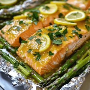 To make baked salmon in foil with asparagus and lemon garlic butter sauce, gather these ingredients: - 2 salmon fillets (approximately 6 oz each) - 1 bunch of fresh asparagus, trimmed and ready for cooking - 2 tablespoons high-quality olive oil - 4 tablespoons unsalted butter, melted - 3 cloves of garlic, minced - Juice and zest from 1 large lemon - Sea salt and freshly cracked black pepper - Fresh parsley, for garnish - Thin slices of lemon for presentation These ingredients come together to create a delicious meal that is both easy and quick. The salmon and asparagus provide a healthy balance, while the lemon garlic butter sauce adds a burst of flavor. Each item plays a vital role in enhancing the dish's overall taste and presentation. Use high-quality ingredients for the best results. For the full recipe, check the complete details above. - Preheat the oven to 400°F (200°C). - Cut a large piece of aluminum foil, about 16 inches long. - Lay salmon fillets in the center of the foil. - Place the asparagus around the salmon. - In a bowl, mix melted butter, minced garlic, lemon juice, and zest. - Add a pinch of salt and pepper to the mixture. - Pour the sauce over the salmon and asparagus. - Fold the foil to seal the packet tightly. - Bake for 15-20 minutes. - Check if the salmon flakes easily with a fork. - Carefully unwrap the foil packet to avoid steam. - Garnish with fresh parsley and lemon slices. For the full recipe, check out the details provided above. Enjoy your delicious meal! To cook salmon just right, timing and temperature matter. Bake your salmon at 400°F (200°C) for 15 to 20 minutes. The exact time depends on the thickness of your fillets. For best results, check the salmon at the 15-minute mark. It’s done when it flakes easily with a fork. Use a meat thermometer if you have one; the internal temperature should reach 145°F (63°C). Want to boost the flavor? Try adding some fresh herbs like dill or thyme. A sprinkle of crushed red pepper can add a nice kick. If you prefer something different, swap garlic for shallots or use lime instead of lemon. These small changes can really transform your dish. Plating can make your dish stand out. Serve the salmon and asparagus right in the foil for a rustic look. Or, carefully transfer them to a plate. Top with fresh parsley and lemon slices for color. For an extra touch, drizzle a bit of the lemon garlic butter sauce over the top. This adds shine and makes it look gourmet. For the full recipe, check out the details above! {{image_4}} You can swap out asparagus for many tasty veggies. Broccoli, green beans, or zucchini work great. Each brings unique flavors and textures. You can also use seasonal greens like spinach or kale. These add nutrients and color to your dish. Mix and match to find your perfect combo. The lemon garlic butter sauce is fantastic, but don't stop there! Try teriyaki sauce for a sweet and savory twist. Honey mustard adds a nice zing. If you like heat, consider a spicy chili sauce. For a fresh taste, use pesto or an herbed yogurt mix. These sauces can change the meal's vibe entirely. You can cook this dish in an air fryer or on the grill, too. The air fryer cooks the salmon quickly and evenly. It gives a nice crisp texture without drying out. Grilling adds a smoky flavor that enhances the fish. Both methods are fun and delicious alternatives to baking. They allow you to enjoy the same great taste in different ways. For more detailed instructions and tips, check the Full Recipe. To store leftovers, let your baked salmon cool down to room temperature. Then, place it in an airtight container. This keeps it fresh and tasty. I recommend using glass or BPA-free plastic containers. They seal well and won’t retain odors. The best way to reheat baked salmon is in the oven. Preheat your oven to 275°F (135°C). Place the salmon on a baking dish and cover it with foil. Heat for about 15 minutes, or until warm. This method keeps the salmon moist and flaky. You can also use the microwave, but be careful not to overcook. Heat on low power for short bursts. To freeze cooked salmon, wrap it tightly in plastic wrap. Then, place it in a freezer bag, removing as much air as possible. This helps prevent freezer burn. It can last up to three months in the freezer. When ready to eat, thaw it overnight in the fridge. After thawing, reheat it using the oven method for the best results. Baking salmon in foil usually takes about 15 to 20 minutes. The time depends on the thickness of the fillets. For fillets that are 1 inch thick, 15 minutes is often enough. Thicker pieces may need closer to 20 minutes. Always check for flakiness to ensure it’s done. Yes, you can use frozen salmon. Just remember to thaw it first. The best way to thaw is to leave it in the fridge overnight. If you’re short on time, you can also run it under cold water for about an hour. After thawing, pat it dry before cooking to avoid excess moisture. Salmon should reach an internal temperature of 145°F. This ensures it is safe to eat and still juicy. Use a meat thermometer to check the temperature. When it easily flakes with a fork, it’s usually cooked right. You can prepare it ahead of time. You can assemble the foil packets and store them in the fridge for up to 24 hours. When ready to cook, just pop them in the oven. This makes for an easy weeknight dinner. For this recipe, I recommend using wild-caught salmon like sockeye or king. They have a rich flavor and firm texture. Farmed salmon is also a good option, but it may be a bit fattier. Both types work well in foil. Absolutely! This recipe is great for meal prep. You can make multiple packets at once. Just divide the cooked salmon and asparagus into containers. They store well in the fridge for about 3 days. Just reheat when you’re ready to eat. Check out the Full Recipe for more details. This blog post covered a simple and tasty salmon and asparagus recipe. You learned the ingredients, step-by-step instructions, and tips for success. We explored ways to add flavor and variations to suit your taste. You can store and reheat leftovers easily, ensuring no meal goes to waste. Enjoy experimenting with this dish! You have the tools to make it your own, so get cooking and have fun in the kitchen!